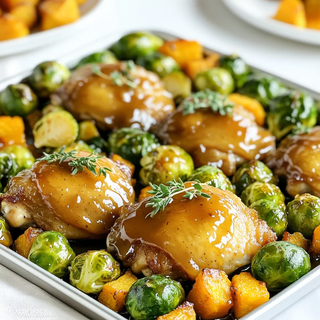 - 4 boneless, skinless chicken thighs - 2 cups Brussels sprouts, halved - 2 cups butternut squash, peeled and cubed For this recipe, I use boneless, skinless chicken thighs. They stay juicy and flavorful when baked. Brussels sprouts add a nice crunch, while butternut squash brings sweetness. Together, these ingredients create a balanced dish. - 1/4 cup Dijon mustard - 1/4 cup pure maple syrup - 1 tablespoon olive oil The marinade is key. I mix Dijon mustard, pure maple syrup, and olive oil for a sweet and tangy flavor. This blend coats the chicken and veggies well, enhancing every bite. - 1 teaspoon garlic powder - 1 teaspoon smoked paprika - Salt and freshly ground black pepper to taste To season, I use garlic powder and smoked paprika. They add depth to the dish. Salt and pepper balance everything out. I recommend tasting the marinade before using it to adjust the seasoning to your liking. This simple but flavorful list of ingredients sets the stage for a delicious meal. You can feel free to experiment with the ratios to match your taste. Start by setting your oven to 425°F (220°C). This heat is perfect for roasting. A hot oven helps the chicken and veggies cook well. In a small bowl, mix together the Dijon mustard, maple syrup, and olive oil. Add garlic powder, smoked paprika, salt, and pepper. Whisk until smooth. This glaze gives a sweet and tangy kick to the chicken. Take your chicken thighs and place them in a big bowl or a zip-top bag. Pour half of the marinade over the chicken. Make sure each piece is well coated. Seal the bag or cover the bowl. Let it marinate for at least 20 minutes. Longer marinating adds more flavor. In another bowl, add the halved Brussels sprouts and cubed butternut squash. Pour the rest of the marinade on top. Toss the veggies until they are evenly coated. This step makes sure they absorb all the tasty flavors. Grab a large, rimmed baking sheet. Place the marinated chicken in the center. Spread the Brussels sprouts and squash around the chicken. Arrange everything in a single layer. This helps everything cook evenly. Put the baking sheet in the oven and bake for 25-30 minutes. The chicken should reach an internal temperature of 165°F (75°C). The veggies will become tender and slightly caramelized. Stir the veggies halfway through for even browning. After baking, take the sheet out of the oven. Let it rest for a few minutes. This allows the juices in the chicken to spread out. Garnish with fresh thyme or parsley before serving. This adds a nice touch to your dish! Check the internal temperature of the chicken. Use a meat thermometer for accuracy. The chicken should reach 165°F (75°C) for safe eating. After baking, let it rest for 5 minutes. This helps keep the juices inside, making the chicken tender and juicy. Different veggies cook at different times. Brussels sprouts take about 25-30 minutes to become tender. Butternut squash cooks well in the same time frame. Cut the squash into small cubes for even cooking. Stir the veggies halfway through to help them brown nicely. You can add more flavor with extra spices. Try adding thyme or rosemary for a fresh taste. A sprinkle of red pepper flakes can add heat. For garnishing, fresh parsley or thyme brightens the dish. Drizzle leftover maple Dijon sauce on top before serving for extra flavor. {{image_4}} You can switch up the chicken type. Try chicken breasts or drumsticks instead of thighs. Each cut brings its own flavor and texture. You can also use turkey for a lean option. For veggies, don't feel limited to Brussels sprouts and squash. Asparagus, carrots, or sweet potatoes work great too. Each vegetable will change the dish's taste and look. Want a new taste? Add fresh herbs like rosemary or basil to the mix. They can brighten up the dish. For a kick, sprinkle in some red pepper flakes. If you enjoy a smoky flavor, more smoked paprika can help. You can also try a splash of balsamic vinegar or a squeeze of lemon juice for added depth. This dish pairs well with grains like rice or quinoa. They soak up the sauce and balance the meal. If you prefer a lighter option, serve it on a bed of fresh greens or a salad. This adds crunch and freshness. You can also drizzle extra maple Dijon sauce over your grains or salad for more flavor. Store leftovers in an airtight container. This keeps the chicken and veggies fresh. They will last for up to three days in the fridge. Make sure to cool them to room temperature before sealing. This helps to avoid moisture buildup that may spoil them faster. To reheat, use an oven or microwave. If using an oven, preheat to 350°F (175°C). Place the chicken and veggies in a baking dish. Cover with foil to keep moisture in. Heat for about 15-20 minutes or until warm. If using a microwave, heat in short bursts, stirring in between. This helps to keep the chicken moist and tender. Yes, you can freeze this dish! Allow it to cool first. Then, transfer the chicken and veggies to a freezer-safe container. Use freezer bags for easier storage. They can stay frozen for up to three months. When ready to eat, thaw overnight in the fridge. Reheat as mentioned above for the best taste. Marinating the chicken takes at least 20 minutes. If you have more time, let it marinate for a few hours or overnight. This allows the flavors to soak in deeply. Yes, you can use chicken breast instead of thighs. Just remember that chicken breasts cook faster and can dry out. Keep an eye on the cooking time to avoid that. To cut butternut squash, first peel it with a vegetable peeler. Then, slice it in half lengthwise. Scoop out the seeds and then cut each half into cubes. Make sure your knife is sharp for safety. The chicken is fully cooked when its internal temperature reaches 165°F (75°C). Use a meat thermometer to check the thickest part of the thigh. The juices should run clear, not pink. Yes, you can prepare the chicken and veggies in advance. Marinate the chicken and coat the veggies. Store them in the fridge for up to 24 hours. When ready, bake them as directed. This blog covered a delicious chicken and veggie dish that’s easy to make. We discussed fresh ingredients like chicken thighs, Brussels sprouts, and butternut squash. The simple marinade of mustard, maple syrup, and olive oil enhances flavor. I shared step-by-step instructions, tips for cooking perfectly, and creative variations. Enjoy experimenting with this recipe, and don't be afraid to make it your own! With some practice, you'll serve a meal full of taste and joy. Happy cooking!
