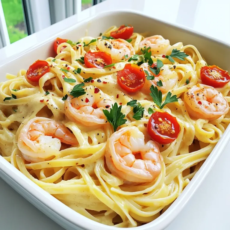 To make Creamy Garlic Butter Shrimp Linguine, you need the following ingredients: - 8 oz linguine pasta - 1 lb large shrimp, peeled and deveined - 4 tablespoons unsalted butter - 4 cloves garlic, minced - 1 cup heavy cream - 1 cup cherry tomatoes, halved - 1/2 teaspoon red pepper flakes (adjust to taste) - Salt and black pepper to taste - 1/2 cup grated Parmesan cheese - 2 tablespoons fresh parsley, chopped for garnish - Zest of 1 lemon These ingredients work together to create a rich and creamy dish. The linguine serves as a perfect base, while the large shrimp add a sweet flavor and a nice texture. The unsalted butter and garlic create a fragrant sauce. Heavy cream gives the dish its creaminess, and cherry tomatoes add a fresh burst. Red pepper flakes add a bit of heat, balancing the richness. Parmesan cheese contributes a salty, nutty flavor. Fresh parsley and lemon zest brighten the dish and make it look beautiful on the plate. When shopping, choose high-quality ingredients for the best taste. Fresh shrimp will enhance the flavor of your dish. If you can, buy local or sustainable shrimp. Fresh herbs like parsley make a big difference in taste. Get ready to impress your family or friends with this simple yet elegant dish! To cook the linguine, fill a large pot with salted water. Bring it to a boil. Once boiling, add the linguine. Cook it according to the package's time. Aim for al dente, which means it should still have a bite. After cooking, drain the pasta but keep about 1 cup of the pasta water. This water helps adjust the sauce later. Start by heating a large skillet over medium heat. Add 2 tablespoons of butter and let it melt. Once melted, add the shrimp. Season with salt and black pepper. Cook the shrimp for about 2-3 minutes per side. They should turn pink and opaque when done. Remove the shrimp from the skillet and keep them warm. In the same skillet, add the remaining butter. Let it melt, then add minced garlic and red pepper flakes. Sauté the garlic for about 30 seconds. Watch closely to avoid burning, as burnt garlic can taste bitter. The goal is to release the garlic's aroma. Return the cooked shrimp to the skillet. Add the drained linguine next. Toss everything together until the shrimp and pasta are mixed well. If the sauce seems too thick, stir in some reserved pasta water. This helps create a nice, creamy texture. Remove the skillet from heat. Stir in the grated Parmesan cheese and lemon zest. Mix well until the cheese melts into the sauce. Taste and adjust with more salt or pepper if needed. To serve, place the linguine in bowls or on plates. Garnish with freshly chopped parsley. This adds color and a fresh flavor to your dish. Enjoy your creamy garlic butter shrimp linguine! - How to achieve the best pasta texture: To get the best texture, cook the linguine until it is al dente. This means it should be firm when you bite into it. Always use salted water for boiling. This adds flavor to the pasta. After cooking, save some of the pasta water. It helps adjust the sauce later. - Timing the shrimp cooking perfectly: Cook the shrimp for about 2-3 minutes on each side. They will turn pink and opaque when done. Don’t walk away; overcooked shrimp can become tough. You want them juicy and tender. - Suggestions for adding herbs or spices: Fresh herbs like basil or thyme can boost flavor. Add them in the last few minutes of cooking for a fresh taste. For more heat, consider using cayenne pepper or chili flakes. Adjust to your spice level. - Cheese alternatives for variations: While Parmesan cheese is classic, you can try Pecorino Romano for a sharper flavor. For a creamier texture, use mascarpone cheese. This will change the dish's profile while keeping it rich. - Overcooking shrimp: Be careful not to cook shrimp too long. Monitor their color change closely. Once they are pink and opaque, remove them from heat. - Inadequate seasoning checks: Always taste your sauce before serving. Sometimes, it may need more salt or pepper. Adjust according to your taste. A well-seasoned dish makes all the difference. {{image_4}} You can change a few ingredients without losing flavor. - Alternative pasta types: You can swap linguine for spaghetti, fettuccine, or even penne. Each type gives a unique bite and texture. - Seafood substitutes for shrimp: If shrimp isn't your favorite, use scallops, chicken, or even firm tofu for a tasty twist. Adjusting this dish for dietary needs is simple. - Making it gluten-free: Use gluten-free pasta. There are great options made from rice or chickpeas. They cook well and taste good too. - Vegan version of the dish: Replace shrimp with mushrooms or jackfruit. Use vegan butter and coconut cream instead of heavy cream. You can mix flavors to keep things exciting. - Adding different sauces or vegetables: Stir in pesto or Alfredo sauce for a new taste. Toss in spinach, broccoli, or bell peppers for extra nutrients. - Exploring global twists on the recipe: Add a dash of soy sauce for an Asian flair or some curry powder for a fun Indian twist. These variations will keep your creamy garlic butter shrimp linguine fresh and fun every time you make it! To keep your creamy garlic butter shrimp linguine fresh, place it in the fridge. Use an airtight container to seal in flavor and moisture. This dish stays good for up to three days. Before refrigerating, let the pasta cool to room temperature. This helps prevent condensation inside the container. When reheating, I suggest using the stove. This method helps keep the creaminess intact. Add a splash of water or broth if the pasta feels dry. Heat it gently over low heat, stirring often. This avoids overcooking the shrimp. Cook just until everything is warm. You can freeze this dish, but the texture may change. To freeze, place the cooled pasta in a freezer-safe container. It can last up to three months in the freezer. When ready to eat, thaw it overnight in the fridge. Reheat on the stove, adding some liquid to restore creaminess. This dish takes about 10 minutes to prep and 15 minutes to cook. So, the total time is around 25 minutes. You can enjoy a delicious meal quickly! Yes, you can prep some parts ahead. Cook the pasta and shrimp in advance. Store them in the fridge. When ready to serve, heat them in the sauce. This saves time on busy days. You can pair this dish with garlic bread or a fresh salad. A crisp white wine complements the flavors nicely too. Try a Sauvignon Blanc or Pinot Grigio for a perfect match. To avoid rubbery shrimp, cook them just until they turn pink. This usually takes about 2-3 minutes per side. Overcooking makes them tough. Always remove them from heat as soon as they are done. Yes, you can use other pasta types like fettuccine or spaghetti. Gluten-free options like brown rice pasta work well too. Just adjust the cooking time based on the pasta you choose. You learned how to create a tasty and creamy garlic butter shrimp linguine. We covered key ingredients, cooking steps, and helpful tips. Remember, the right timing and seasoning make all the difference. Feel free to explore variations like gluten-free or different seafood. Don't forget to store any leftovers properly to enjoy later. Now, you can impress anyone with this simple, yet delicious dish. Enjoy your cooking adventure!