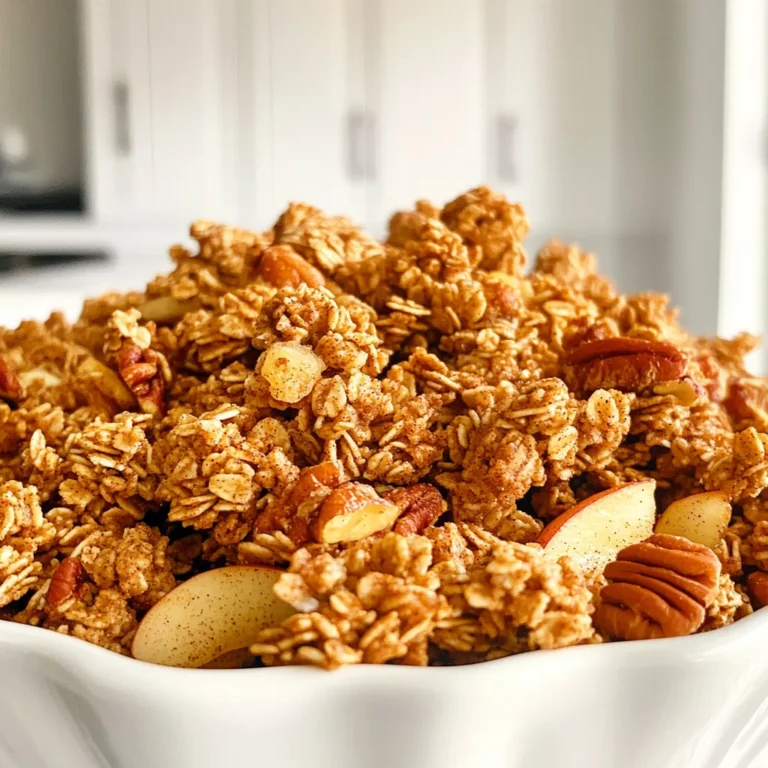To make these delightful clusters, you need a few key ingredients: - 2 cups rolled oats - 1 cup pecans, coarsely chopped - 1 cup dried apples, diced - 1/2 cup packed brown sugar - 1/4 cup honey - 1/4 cup coconut oil, melted - 1 teaspoon pure vanilla extract - 1/2 teaspoon ground cinnamon - 1/4 teaspoon sea salt Each ingredient plays a vital role. The rolled oats provide a hearty base. Pecans add crunch and healthy fats. Dried apples bring sweetness and chewy texture. Brown sugar gives a rich flavor, while honey and coconut oil help bind everything together. You can also add chia seeds for extra nutrition. These tiny seeds pack fiber and omega-3s. They blend well and give a nice crunch. Feel free to get creative. You might try adding other nuts or seeds too! Each serving of these granola clusters has around: - Calories: 220 - Protein: 4g - Fat: 10g - Carbohydrates: 32g - Fiber: 3g - Sugar: 7g These clusters are a tasty snack. They provide energy without too much sugar. Enjoy them as a healthy treat or a breakfast boost! Start by preheating your oven to 350°F (175°C). This step ensures your granola bakes evenly. Next, line a large baking sheet with parchment paper. This prevents sticking and makes cleanup easy. In a large mixing bowl, add the rolled oats, chopped pecans, and diced dried apples. Then, sprinkle in the ground cinnamon and sea salt. If you choose to use chia seeds, add them here too. Stir everything together well. This step mixes the flavors and textures, ensuring each bite is delicious. In a small saucepan, combine the packed brown sugar, honey, and melted coconut oil. Heat over low and stir constantly. This keeps the sugar from burning. Once the sugar dissolves and the mixture is smooth, remove it from heat. Add the pure vanilla extract and mix well. This sweet mixture is the secret to your clusters sticking together. Pour the warm brown sugar mixture over your dry ingredients. Stir gently until everything is well-coated. Then, spread the mixture onto your prepared baking sheet. Press down firmly with a spatula for good clusters. Bake in your preheated oven for 25 to 30 minutes. Look for a golden brown edge. Halfway through, stir the granola gently to cook evenly. After baking, let it cool completely on the sheet. As it cools, it will harden and become crunchy. Once cooled, break the granola into clusters. Store these tasty treats in an airtight container for up to two weeks. Enjoy them as a snack or with yogurt! To get those perfect clusters, press the granola mixture down firmly on the baking sheet. This helps it bind together as it bakes. Make sure all the ingredients mix well. The brown sugar mixture should coat everything evenly. Stir halfway through baking to keep it from burning, but don't break it up too much. Once it cools, it will hold its shape better. Store your granola clusters in an airtight container. This keeps them crunchy and fresh for up to two weeks. If you live in a humid area, consider adding a silica gel packet to absorb moisture. Always let the granola cool completely before sealing the container. This prevents condensation that can make your clusters soggy. These granola clusters shine as a snack on their own. You can also top yogurt or smoothie bowls for added crunch. Try them with milk or almond milk for a quick breakfast. For a fun twist, mix them with fresh fruits like berries or bananas. A sprinkle of extra cinnamon on top adds a nice touch. {{image_4}} You can change up the nuts and fruits in this recipe. Use almonds or walnuts instead of pecans. For dried fruits, try cranberries or raisins. Each nut adds its own flavor and crunch. Likewise, different fruits bring unique tastes. Experiment to find your favorite mix! Want a vegan option? You can swap honey for maple syrup or agave nectar. This keeps the sweetness while staying plant-based. For gluten-free granola, make sure to use certified gluten-free oats. This ensures every bite is safe and delicious for all eaters. Try adding spices like nutmeg or ginger for a new twist. You can also mix in cocoa powder for a chocolatey touch. If you're feeling adventurous, a dash of orange zest can brighten the flavor. These small changes can create a whole new granola experience! To keep your Brown Sugar Apple Pecan Granola Clusters fresh, use an airtight container. Glass jars work great, as do plastic containers with tight lids. Store them in a cool, dry place. Avoid sunlight, as it can make them go stale quickly. If you want to keep them extra fresh, add a piece of bread or a small bag of silica gel. This will help absorb moisture. If you want to save some granola for later, freezing is a smart choice. Place the clusters in a freezer-safe bag. Squeeze out as much air as you can before sealing. They can last up to three months in the freezer. When you’re ready to eat them, just take out what you need. Let them thaw at room temperature. You can also pop them in the oven for a few minutes to crisp them up. Granola clusters are best enjoyed fresh, but they can last up to two weeks when stored properly. After that, they may start to lose their crunch. If you notice any off smells or changes in texture, it’s time to toss them. For the best taste and texture, eat them within the first week. This way, you can enjoy their sweet, crunchy goodness to the fullest! Yes, you can use fresh apples. However, they will change the texture. Fresh apples have more water. This can make your clusters softer. If you use fresh, chop them small and add them near the end of baking. This way, they stay soft and tasty. To reduce sweetness, cut back on brown sugar. You can also swap honey for a less sweet syrup. Try adding more oats or nuts to balance flavors. Use unsweetened coconut oil to avoid added sugar. Taste as you mix to find your perfect level of sweetness. Reheating granola clusters is easy! Preheat your oven to 300°F (150°C). Spread the clusters on a baking sheet. Bake for about 5 to 10 minutes. This will make them warm and crunchy again. You can also use a microwave, but it may soften them. Enjoy your tasty treat! To sum up, making Brown Sugar Apple Pecan Granola Clusters is simple and fun. We covered key and optional ingredients for added nutrition. The step-by-step instructions make the process clear. Tips and tricks help you achieve perfect clusters and keep them fresh. You can even try various nuts and fruits for fun flavors. Store your granola properly to enjoy it longer. Remember, this treat is easy to customize and delicious. Enjoy your homemade granola!
