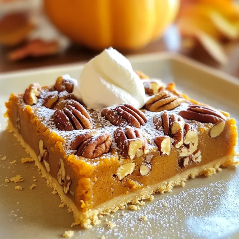- 1 ½ cups all-purpose flour - ½ cup packed brown sugar - ½ teaspoon salt - ¾ cup unsalted butter, melted and slightly cooled - 1 cup pumpkin puree (canned or fresh) - 1 cup sweetened condensed milk - 2 large eggs - 1 teaspoon vanilla extract - 1 teaspoon ground cinnamon - ½ teaspoon ground nutmeg - ½ teaspoon ground ginger - 1 cup chopped pecans - Extra pecan halves for decorative topping When making pumpkin pecan pie bars, each ingredient plays an important role. The all-purpose flour creates a solid crust that holds everything together. Brown sugar adds sweetness and a hint of caramel flavor. The salt balances the sweetness, making each bite more enjoyable. Melted butter gives the crust a rich taste. You can use canned or fresh pumpkin puree. Both options work well, but canned is quicker. Sweetened condensed milk makes the filling creamy and sweet. The eggs help bind the filling and give it a smooth texture. Vanilla extract adds depth to the flavors. Ground cinnamon, nutmeg, and ginger bring warmth and spice to the bars. Chopped pecans add a nice crunch and nutty taste. The extra pecan halves on top make for a beautiful finish. Each ingredient combines to form a tasty treat. - Preheat your oven to 350°F (175°C). - Lightly grease a 9x13 inch baking dish with butter or cooking spray. - In a medium bowl, combine 1 ½ cups of all-purpose flour, ½ cup of packed brown sugar, and ½ teaspoon of salt. - Pour in ¾ cup of melted butter and mix. Use a fork or your fingers until it looks like coarse crumbs. - In a large bowl, whisk together 1 cup of pumpkin puree and 1 cup of sweetened condensed milk. - Add in 2 large eggs and 1 teaspoon of vanilla extract. Beat until the mixture is smooth. - Stir in 1 teaspoon of ground cinnamon, ½ teaspoon of ground nutmeg, and ½ teaspoon of ground ginger. - Gently fold in 1 cup of chopped pecans. - Pour the filling over the cooled crust. Smooth it with a spatula. - Add extra pecan halves on top, pressing them gently into the filling. - Bake for 25-30 minutes. The filling should be set. A toothpick inserted in the center should come out clean. - Let the pumpkin pecan bars cool completely in the dish. Then, cut them into squares for serving. To make a great crust, mix your flour, brown sugar, and salt well. This helps make it smooth. Use cold butter for a flaky texture. Cold butter keeps the crust crunchy. If you use melted butter, the crust can become too soft. So, choose wisely! To boost flavor, add more spices. Try a pinch of cloves or allspice. These extra spices can make your bars even tastier. For toppings, pair the bars with a drizzle of caramel or a sprinkle of sea salt. The mix of sweet and salty can be amazing! For garnishes, think of a dusting of powdered sugar. You can also top with whipped cream or ice cream. These add a rich touch. As for drinks, a warm cup of chai or a spiced cider works well. They complement the flavors of pumpkin and pecans beautifully. {{image_4}} You can easily make pumpkin pecan pie bars gluten-free. Just swap out the all-purpose flour for gluten-free flour. Options include almond flour, coconut flour, or a gluten-free all-purpose blend. Each type gives a unique taste and texture. Almond flour adds a nutty flavor, while coconut flour absorbs more moisture. When using gluten-free flour, adjust the liquid in the recipe. This helps keep the bars moist. If you need nut-free options, replace the pecans with seeds. Sunflower seeds work well and add a nice crunch. Pumpkin seeds are another great choice. They give a slight earthiness that complements the pumpkin. You can also use chocolate chips for a sweet twist. These swaps keep the bars tasty while being safe for those with nut allergies. You can add fun flavors to your pumpkin pecan pie bars. Try mixing in chocolate chips for a rich, sweet bite. Dark chocolate or milk chocolate both work great. Caramel can also enhance the flavor. Drizzle it over the top before baking, or swirl it into the filling. This adds a gooey texture that pairs well with the pumpkin. With these variations, you can make your bars unique and exciting. To keep your pumpkin pecan pie bars fresh, store them right. After cooling, cut the bars into squares. Place them in an airtight container. Separate layers with parchment paper to avoid sticking. For refrigerating, keep the container in the fridge. This method helps maintain flavor and texture. If you want to freeze, wrap each bar in plastic wrap. Then, place them in a freezer-safe bag. This keeps them fresh for a long time. In the fridge, these bars last about five days. You may notice changes in texture and flavor after this time. Look for signs of spoilage. If you see mold or smell something off, it’s best to toss them. Freshness is key for the best taste. Yes, you can make these bars ahead of time. They store well in the fridge. After baking, let them cool completely. Then, cover the dish with plastic wrap or foil. If you want, you can cut them into squares before storing. These bars taste even better after a day in the fridge. The flavors meld together nicely. You can tell the bars are done by looking at the filling. It should be set and not jiggly. Insert a toothpick into the center. If it comes out clean, the bars are ready. The edges may look slightly golden, too. This means the crust and filling are cooked through. Yes, you can use fresh pumpkin. Fresh pumpkin gives a bright, bold taste. To use fresh pumpkin, start by roasting it. Cut the pumpkin in half and scoop out the seeds. Bake it in the oven until soft. Then, mash it or blend it until smooth. Use this fresh puree in your recipe like you would canned pumpkin. It adds a nice touch and is very rewarding. In this blog post, I covered how to make delicious pumpkin bars. We discussed the key ingredients like flour, pumpkin puree, and spices. I shared step-by-step instructions, along with useful tips to perfect your bars. Remember that variations are easy, whether you want gluten-free options or extra flavors. Proper storage is also key to keeping your bars fresh. Enjoy trying this recipe with your friends and family. Simple steps can lead to amazing treats that bring joy!
