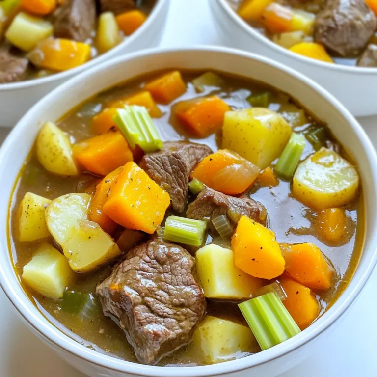 - 2 lbs beef chuck, cut into 1-inch cubes - 4 medium carrots, sliced into rounds - 3 medium potatoes, diced into bite-sized pieces - 1 cup butternut squash, peeled and cubed - 1 cup celery, sliced - 1 large onion, chopped - 4 cloves garlic, minced - 2 teaspoons dried thyme - 2 teaspoons dried rosemary - 1 bay leaf - Salt and pepper to taste The beef chuck is the star here. It gives the stew a rich taste and tender texture. I love using seasonal vegetables, as they add color and flavor. Carrots, potatoes, and butternut squash make this meal hearty and comforting. Aromatics like onion and garlic are key. They boost the flavor and make your kitchen smell amazing. - 4 cups beef broth (preferably low-sodium) - 1 tablespoon tomato paste - 2 tablespoons olive oil Beef broth is essential for a rich stew. It adds depth and keeps things moist. Tomato paste gives a hint of sweetness and balances the flavors. Olive oil is a must for browning the beef, adding flavor and richness. - Additional spices - Fresh herbs for garnish You can get creative with spices! Adding a pinch of paprika or cumin can change the flavor profile. Fresh herbs like parsley or thyme can brighten the dish at the end. They add a nice touch and make the stew look inviting. First, you need to brown the beef. Heat olive oil in a skillet over medium-high heat. When the oil shimmers, add the beef cubes. Brown them on all sides for about 5-7 minutes. This step is key. Browning gives the beef a rich flavor. It also helps develop a nice color in your stew. Next, it's time for the onions and garlic. In the same skillet, add the chopped onion and minced garlic. Cook them for 3-4 minutes. They should turn soft and fragrant. Stir often to avoid burning. Burning can ruin the taste of your stew. Now, let's put everything in the slow cooker. Start by adding the browned beef and sautéed onions and garlic. Then, layer in the sliced carrots, diced potatoes, cubed butternut squash, and sliced celery. This layering helps the veggies cook evenly. Add the beef broth next. Pour it over the ingredients and stir in the tomato paste. Don't forget the dried thyme, dried rosemary, and bay leaf. Season with salt and pepper. Mix everything well to blend the flavors. Cover the slow cooker with its lid. You can set it to cook on low for 8 hours or on high for 4 hours. Both settings will give you tender beef and veggies. Simmering is important for flavor. It allows all the tastes to meld together beautifully. When your stew is done, carefully remove and discard the bay leaf. Taste the stew and add more salt and pepper if needed. This is your chance to adjust the flavor to your liking. Ladle the stew into bowls, and enjoy the warm, hearty meal! To make your Slow Cooker Harvest Beef Stew truly shine, I use a layering flavors method. Start by browning the beef. This step gives it a rich, deep flavor. Next, don't skip the sautéing of onions and garlic. This adds sweetness and aroma to your dish. When it comes to choosing the right seasonings, dried thyme and rosemary work great for this stew. They bring warmth and earthiness. You can also add a pinch of smoked paprika for a subtle kick. Just remember, seasoning is key to a tasty stew. Several factors affect cooking time. The cut of beef you use can change how long it takes to become tender. Beef chuck is ideal, as it becomes soft with slow cooking. If you want to customize for tenderness, you might choose to cook on low for the full eight hours. If you're short on time, the high setting will work in about four hours. Just check the beef for doneness before serving. It should pull apart easily with a fork. To make your stew visually appealing, garnishing with fresh herbs is a must. A sprinkle of parsley adds a nice pop of color. When serving, pair the stew with crusty bread. This adds a lovely texture and is perfect for dipping. You can also offer a side salad for a fresh contrast to the rich stew. Enjoy your meal! {{image_4}} You can easily change the protein in this stew. If you don’t like beef, try chicken. Use boneless thighs or breasts cut into chunks. Cook the stew for about 4 hours on low. For a hearty flavor, use pork shoulder instead of beef. It will add a nice twist. If you want a vegetarian option, use mushrooms or lentils. Mushrooms add a meaty texture. Lentils are protein-rich and cook quickly. They will soak up all the yummy flavors from the broth. Changing the veggies can bring new life to your stew. Carrots and potatoes are great, but you can also use parsnips or turnips. These root vegetables add a hint of sweetness. You can also add greens like kale or spinach. Stir them in the last 30 minutes of cooking. This keeps them bright and fresh. Spices and herbs can change the whole flavor of your stew. Try adding smoked paprika for a smoky taste. A dash of cumin can also add warmth. Using fresh herbs, like thyme or rosemary, can make a big difference. They have a brighter flavor than dried ones. Just remember, use three times more fresh herbs than dried. This helps balance the taste. Feel free to experiment. Each variation can make your stew unique and special! To store leftovers, place the stew in an airtight container. Let it cool before sealing. This helps keep the flavors fresh. Properly stored, the stew lasts up to 3 days in the fridge. You can freeze the stew for future meals. Use freezer-safe containers or bags. Make sure to leave some space for expansion. The stew can stay frozen for up to 3 months. When ready to eat, thaw in the fridge overnight or use cold water. For reheating, the best method is on the stove. Place the stew in a pot over medium heat. Stir often to avoid sticking. You can also use the microwave. Heat in short bursts, stirring in between. This keeps the flavor and texture intact. Enjoy your warm and hearty stew! Cooking this stew can take either 4 or 8 hours. If you cook it on high, you need about 4 hours. On low, it will take 8 hours. Both methods give you tender meat and veggies. The slow cook lets flavors blend well. Yes, you can make this stew on the stovetop. Start by browning the beef in a pot. Then add the onions and garlic. After that, add the rest of the ingredients. Cover the pot and let it simmer for about 1.5 to 2 hours. Stir it often to keep it from sticking. You can serve this stew with crusty bread or warm rolls. A salad on the side adds freshness. For a heartier meal, try mashed potatoes or rice. These options soak up the tasty broth well. Adding wine can boost the flavor of your stew. Use about half a cup of red wine. Pour it in after browning the beef. The wine will cook down and add depth to the dish. Choose a wine you enjoy drinking. Yes, this stew is great for meal prep. You can make a big batch and store it for later. Divide it into portions and keep them in the fridge or freezer. It tastes even better the next day as flavors meld. In this blog post, we explored how to create a delicious Slow Cooker Harvest Beef Stew. We covered key ingredients, step-by-step cooking methods, and helpful tips for great flavor. You can customize this stew with different proteins and vegetables for variety. Remember to store leftovers correctly and adjust your reheating methods to maintain taste. This hearty dish is perfect for meal prep or serving friends. Enjoy making it your own!