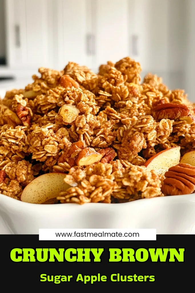 Indulge in a deliciously crunchy and sweet treat with these Brown Sugar Apple Pecan Granola Clusters! This easy recipe combines rolled oats, pecans, and dried apples with a rich brown sugar glaze sure to satisfy your snack cravings. Perfect for topping yogurt or enjoying on their own. Click through for step-by-step instructions and tips, and start creating your homemade granola today! #GranolaClusters #HealthySnacks #BreakfastIdeas #HomemadeGranola