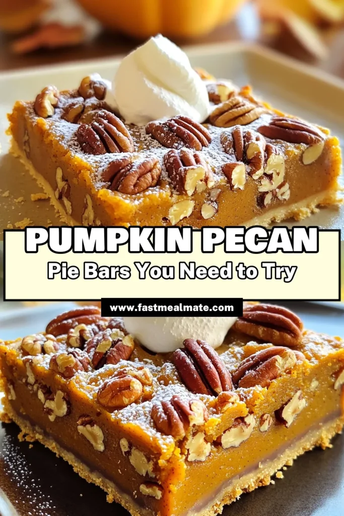 Indulge in the autumn flavors with these delicious Pumpkin Pecan Pie Bars! This easy recipe combines a buttery crust with a creamy pumpkin filling and crunchy pecans, perfect for your fall gatherings. Ready in just 1 hour, these bars will quickly become your go-to dessert. Click through to discover the full recipe and impress your friends and family with this delightful treat. #PumpkinPecanPieBars #FallDesserts #BakingRecipes #PumpkinSeason