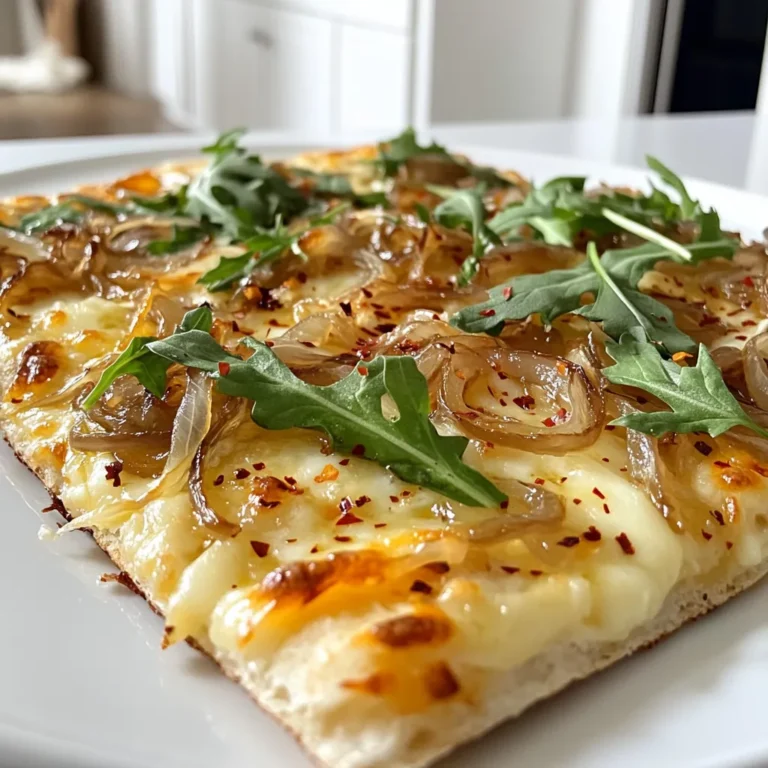 - 1 package of store-bought pizza dough (or make your own) - 3 large onions, thinly sliced - 2 tablespoons olive oil - 1 tablespoon balsamic vinegar - 1 teaspoon fresh thyme leaves (or ½ teaspoon dried thyme) - 1 cup Gruyère cheese, finely grated - 1 cup mozzarella cheese, finely grated - Salt and freshly ground pepper to taste - Fresh arugula, for garnish - Optional: chili flakes for a spicy kick You can swap pizza dough for flatbreads or naan for a quick base. For onions, shallots work well too. Instead of Gruyère, use Swiss cheese or aged cheddar for a different taste. If you want a lighter option, try ricotta or goat cheese. For herbs, rosemary can replace thyme. If you don’t have balsamic vinegar, any vinegar or lemon juice can add flavor. - A large skillet for cooking onions - A rolling pin for dough - A pizza stone or baking sheet for baking - Parchment paper for easy transfer - A sharp knife and cutting board for slicing flatbread - A spatula for serving This list sets you up for success. Each ingredient and tool plays a vital role in creating the perfect flatbread. Enjoy the process! Start by heating the olive oil in a large skillet over medium heat. Add your thinly sliced onions. Stir them often to keep them from sticking. Cook for about 20-25 minutes. You want them to be golden brown and soft. This slow cooking brings out their sweet flavor. When they are ready, mix in the balsamic vinegar and thyme. Season with salt and pepper. Let it cook for another 1-2 minutes. This step makes the onions even tastier. While the onions cook, preheat your oven to 475°F (245°C). If you have a pizza stone, place it in the oven now. This helps the flatbread get crispy. Next, dust your counter with flour. Roll out your pizza dough into a rectangle or circle about ¼ inch thick. If using a pizza stone, place the rolled dough on parchment paper. This makes it easy to transfer later. Now, it’s time to add your toppings. Spread the caramelized onion mixture evenly over the dough. Then, sprinkle the Gruyère and mozzarella cheese on top. Make sure to cover every inch. The cheese will melt and create a rich, creamy layer. If you love a little heat, add chili flakes now. Carefully slide the parchment with the flatbread onto the pizza stone, or place your baking sheet in the oven. Bake for 10-12 minutes. Look for melted cheese and golden edges. Once baked, take it out and let it cool for a few minutes. Top with fresh arugula for a pop of color and flavor. If you want, add extra chili flakes for more spice. Cut into slices and serve warm. Enjoy every bite! To get sweet, golden onions, cook them low and slow. Use medium heat and stir often. This helps them cook evenly. The process may take 20-25 minutes. If they brown too fast, lower the heat. Add a pinch of salt early on. This draws out moisture and speeds up the process. Don't rush it! The sweet flavor comes from patience. Gruyère cheese is key for this flatbread. Its nutty taste pairs well with caramelized onions. I mix it with mozzarella for creaminess. If you want more flavor, try aged Gruyère. Add chili flakes for a spicy kick. You can also use different cheeses like fontina or gouda. Just remember to balance strong flavors with milder ones. For a lovely look, serve the flatbread on a wooden board. Top it with fresh arugula for color. A quick drizzle of olive oil adds shine. Sprinkle extra thyme leaves for a touch of freshness. Cut the flatbread into slices for easy sharing. This makes it perfect for gatherings. Your guests will love it! {{image_4}} You can make your flatbread even better by adding proteins or veggies. Try adding cooked chicken or bacon. Both add great taste and texture. If you want veggies, consider spinach or mushrooms. They bring a nice depth of flavor. Just sauté them lightly before topping your flatbread. This way, they won't release too much moisture while baking. Gruyère cheese is amazing, but you can mix it up! For a twist, try using goat cheese. It adds a tangy flavor that pairs well with the onions. You can also use cheddar for a sharper taste. Mixing different cheeses can create a fun flavor experience. Just keep the total cheese amount the same to maintain the right texture. If you need gluten-free options, use a gluten-free pizza dough. Many stores sell it, or you can make your own. For a vegan flatbread, skip the cheese and use a dairy-free cheese substitute. Nutritional yeast can add a cheesy flavor without dairy. Top with fresh herbs for extra zest. This way, everyone can enjoy this tasty treat! To keep your caramelized onion Gruyère flatbread fresh, store it in an airtight container. Let the flatbread cool completely before placing it in the container. If you have leftovers, try to eat them within two to three days. This helps maintain the best flavor and texture. Reheating is simple. Preheat your oven to 350°F (175°C). Place the flatbread on a baking sheet. Heat it for about 10 to 15 minutes. This keeps the flatbread crispy and the cheese melty. You can also use a skillet on low heat. Just cover it and warm for about 5 to 7 minutes. Freezing is a great option for longer storage. Wrap the flatbread tightly in plastic wrap. Then, place it in a freezer-safe bag. It can stay frozen for up to three months. To eat, thaw it in the fridge overnight. Reheat as mentioned above, and enjoy! You will know the onions are ready when they turn a rich, golden brown color. This process takes around 20-25 minutes. Stir them often to avoid burning. The sweet aroma will fill your kitchen, signaling they are done. Taste a small piece to check for sweetness. If they taste sweet and soft, they are perfect. Yes, you can use homemade pizza dough for this flatbread! Making your own dough can add a personal touch. Just roll it out to about ¼ inch thick. Follow the same instructions for adding toppings and baking. Fresh dough can give a nice flavor and texture. This flatbread pairs well with a variety of sides. A fresh salad with arugula complements the dish nicely. You could also serve it with a light soup, like tomato or butternut squash. For drinks, a crisp white wine or sparkling water works great. To adjust the spice level, simply add chili flakes. This is an easy way to give a little kick. You can sprinkle them on top before baking or serve them on the side. If you prefer less spice, skip the chili flakes entirely. This blog post shared how to make a delicious Caramelized Onion Gruyère Flatbread. You learned about ingredients, essential tools, and step-by-step instructions. We also explored tips for perfecting the dish and variations to suit your taste. Lastly, we discussed storage methods and answered common questions. Remember, cooking is about fun and creativity. Feel free to experiment with flavors and ingredients. Enjoy making and sharing this delightful flatbread with friends and family.