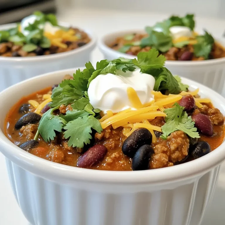 - 1.5 lbs ground beef - 1 can (15 oz) black beans, drained and rinsed - 1 can (15 oz) kidney beans, drained and rinsed - 1 can (28 oz) crushed tomatoes - 1 onion, finely chopped - 3 cloves garlic, minced - 2 chipotle peppers in adobo sauce, finely chopped - 1 tablespoon adobo sauce (from chipotle can) - 1 tablespoon smoked paprika - 2 teaspoons ground cumin - 1 teaspoon dried oregano - 1 bell pepper (red or green), chopped - 1 cup beef broth - 2 tablespoons olive oil - Salt and black pepper to taste - Fresh cilantro, chopped - Sour cream - Shredded cheese If you want to swap some items, try these ideas: - Use ground turkey instead of beef for a lighter option. - Replace black beans with pinto beans if you prefer. - Use vegetable broth for a vegetarian touch. - Swap chipotle peppers with jalapeños for a milder heat. - If you don’t have smoked paprika, regular paprika works too. - Sautéing onion and garlic First, heat 2 tablespoons of olive oil in a large skillet over medium heat. Add 1 finely chopped onion and cook it for about 5 minutes. The onion should turn soft and translucent. Next, add 3 minced garlic cloves. Cook this for another minute. You want the garlic to smell great but not burn. - Browning the ground beef Now, increase the heat a bit. Add 1.5 lbs of ground beef to the skillet. Break it apart with a spatula as it cooks. Brown the beef well. Make sure to drain any extra grease after cooking. This step adds rich flavor and texture to your chili. Once the beef is browned, transfer the beef, onion, and garlic mix to the slow cooker. This is where the magic happens. Add the chopped chipotle peppers, 1 tablespoon of adobo sauce, 1 tablespoon of smoked paprika, 2 teaspoons of ground cumin, and 1 teaspoon of dried oregano. Toss in the chopped bell pepper, 1 can of black beans, 1 can of kidney beans, 1 can of crushed tomatoes, and 1 cup of beef broth. Gently stir all these ingredients together until they mix well. Don't forget to season with salt and black pepper to taste. Cover the slow cooker with its lid. You can set it on low heat for 6-8 hours or on high heat for 4-6 hours. The longer you cook, the more the flavors blend. After cooking, taste your chili and adjust the seasoning if needed. This dish gets better as it simmers, so enjoy the wait! To boost the flavor of your Smoky Chipotle Beef Chili, use fresh herbs. Fresh cilantro adds brightness. A squeeze of lime juice gives a nice kick. You can also add a dash of hot sauce for extra heat. If you want more depth, try adding a tablespoon of brown sugar. This balances the spice from the chipotle peppers. Start by browning the beef well. This caramelizes the meat and adds a rich taste. Use a large skillet to sauté your onions and garlic until soft. This step builds a strong base for your chili. When transferring to the slow cooker, mix all ingredients well. Stirring ensures that every bite is packed with flavor. One common mistake is not browning the meat enough. This can lead to a flat taste. Avoid adding too much liquid at the start. The beans and tomatoes release moisture as they cook. Always taste your chili before serving. Adjust the salt and pepper as needed. Lastly, don’t skip the garnishes. They add color and flavor to your dish. {{image_4}} To make a vegetarian or vegan version of this chili, swap the beef for plant-based ground meat or lentils. Lentils give great texture and soak up flavors well. Use vegetable broth instead of beef broth. Keep the rest of the ingredients the same. You can also add more veggies like zucchini or mushrooms for extra flavor. If you like your chili hot, add more chipotle peppers or a dash of cayenne pepper. A little goes a long way! Try adding jalapeños for a fresh kick. You can also serve sliced fresh peppers on the side for those who want to add heat to their bowl. Feel free to mix up the beans in your chili. You can use pinto beans or navy beans instead of black and kidney beans. Each type brings its own flavor and texture. You can also add chickpeas for a unique twist. This keeps the chili interesting and allows you to use what you have on hand. To store your smoky chipotle beef chili, let it cool first. Place it in a large bowl and let it sit at room temperature. This should not take more than two hours. After it cools, transfer it to airtight containers. Divide it into smaller portions for easy use later. Make sure to label your containers with the date. When ready to eat, you can reheat the chili in a few ways. The easiest method is in the microwave. Pour some chili into a microwave-safe bowl and heat it for 2-3 minutes. Stir halfway through to ensure even heating. You can also reheat it on the stove. Pour the chili into a pot and warm it on medium heat, stirring often. Cook until it is hot all the way through. If you want to save some chili for later, freezing is a great option. Use freezer-safe containers or heavy-duty bags. Make sure to leave some space at the top. This allows room for the chili to expand as it freezes. Label the bags or containers with the date. Chili can last in the freezer for up to 3 months. When you’re ready to enjoy it, thaw it in the fridge overnight. Then, reheat it as mentioned above. Yes, you can make Smoky Chipotle Beef Chili ahead of time. Cooking the chili a day in advance lets the flavors mix better. Just store it in a sealed container in the fridge. When you are ready to eat, reheat it on the stove or in the microwave. This chili also tastes great after freezing. Just thaw it overnight in the fridge before reheating. Some great toppings for chili include: - Fresh cilantro - Sour cream - Shredded cheese - Avocado slices - Green onions - Crushed tortilla chips These toppings can add different flavors and textures. Try a mix to see what you like best! Chili can last in the fridge for about 3 to 5 days. Make sure to store it in a sealed container. If you want to keep it longer, consider freezing it. Frozen chili can last for up to 3 months without losing flavor. Just remember to label it with the date! In this post, we covered how to make Smoky Chipotle Beef Chili. We discussed the main ingredients and garnishes, offered substitution options, and provided step-by-step cooking instructions. I shared tips for flavor and common mistakes to avoid. You learned about variations, storage tips, and answered key FAQs. Chili is fun to make and share. Try different ingredients and find your favorite mix. Enjoy a bowl today!