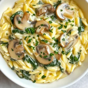 - 1 cup orzo pasta - 2 tablespoons extra virgin olive oil - 1 small onion, finely chopped - 2 cloves garlic, minced - 8 ounces mushrooms, sliced - 4 cups fresh spinach leaves, packed - 1 cup vegetable broth - 1 cup heavy cream - ½ cup grated Parmesan cheese - Salt and freshly ground black pepper - 1 teaspoon dried thyme - Fresh parsley, chopped You can change some ingredients for different flavors. Use coconut cream instead of heavy cream for a dairy-free dish. If you want a vegan option, replace Parmesan cheese with nutritional yeast. You can swap vegetable broth for chicken broth for a richer taste. For the mushrooms, feel free to mix button and cremini for more depth. Fresh spinach can be replaced with frozen spinach if fresh is not available, but be sure to thaw and drain it well. Lastly, if you don't have fresh thyme, dried thyme works just fine. Using fresh ingredients makes a big difference in flavor. Fresh spinach brings a bright green color and a crisp taste. Fresh mushrooms add a rich, earthy note. When you use fresh herbs, like thyme and parsley, they give your dish a burst of flavor and aroma. Fresh ingredients are also more nutritious. They provide more vitamins and minerals than older, stored foods. Always try to use the best quality you can find. It makes your meal taste amazing and keeps your cooking exciting! {{ingredient_image_2}} Start by boiling salted water in a large pot. Once it bubbles, add 1 cup of orzo pasta. Cook it for 8-10 minutes until it is al dente. Drain the pasta and set it aside. Save one cup of the starchy water. You might need it later to adjust the sauce. In a large skillet, heat 2 tablespoons of extra virgin olive oil over medium heat. Add one finely chopped small onion. Sauté it for about 3-4 minutes until it softens and turns translucent. This step builds a great base for flavor. Now, add 8 ounces of sliced mushrooms to the skillet. Stir in 2 cloves of minced garlic too. Cook for 5-6 minutes until the mushrooms turn golden and soft. After that, toss in 4 cups of fresh spinach. Stir for about 2 minutes until the spinach wilts and reduces in size. Pour in 1 cup of vegetable broth. Bring this mixture to a gentle simmer. Let it reduce for 3-4 minutes to deepen the flavors. Next, lower the heat and add 1 cup of heavy cream and ½ cup of grated Parmesan cheese. Stir until the cheese melts and the sauce gets smooth. Gently fold the cooked orzo into the creamy sauce. Make sure the pasta is well-coated. Season with 1 teaspoon of dried thyme, salt, and black pepper to taste. If the sauce feels too thick, add a splash of the reserved pasta water to reach your desired consistency. To make your creamy spinach mushroom orzo even richer, try these tips: - Use full-fat heavy cream. It gives the sauce a velvety texture. - Stir in a bit of cream cheese. This adds a tangy flavor and extra creaminess. - For a dairy-free version, use coconut cream. It offers richness with a slight sweetness. - Add a splash of pasta water. This helps the sauce cling to the orzo. Seasoning can elevate your dish. Here are some ideas: - Use fresh herbs like basil or rosemary. They add bright flavors. - A pinch of nutmeg complements the creaminess well. - Experiment with smoked paprika for a hint of smokiness. - Add a squeeze of lemon juice. It brightens the dish and balances the cream. Presentation makes the meal inviting. Here’s how to dress it up: - Serve in deep bowls for a cozy feel. - Top with freshly chopped parsley for color. - Sprinkle extra Parmesan cheese on top for a gourmet touch. - Consider a drizzle of high-quality olive oil before serving. It adds shine and flavor. Pro Tips Use Fresh Ingredients: Fresh spinach and mushrooms bring vibrant flavors and textures that enhance the dish. Always choose the freshest produce available. Adjust Creaminess: Depending on your preference, you can adjust the amount of cream and cheese. For a lighter version, use less cream or substitute it with a plant-based alternative. Customize the Flavor: Experiment with different herbs like basil or oregano to personalize the dish. Fresh herbs can add a delightful aroma and taste. Save some Pasta Water: The starchy pasta water helps to thicken the sauce and bind it to the orzo. Always reserve a cup before draining! {{image_4}} To make a vegan version of creamy spinach mushroom orzo, swap out a few key ingredients. Use coconut cream instead of heavy cream. Replace Parmesan cheese with nutritional yeast for a cheesy flavor without dairy. This keeps the dish rich and creamy while staying plant-based. You won’t lose any flavor, and you’ll enjoy a wholesome meal. If you need a gluten-free meal, choose gluten-free orzo or any small gluten-free pasta. Ensure the vegetable broth is also gluten-free. This way, you still get all the creamy goodness without any gluten. The taste and texture will still be fantastic. Want to make this dish heartier? Add protein like cooked chicken or shrimp. Sauté the protein in the skillet before adding the mushrooms. This gives it a nice sear and blends the flavors. If you use shrimp, cook until it's pink and opaque. This extra step makes the dish filling and satisfying for everyone at the table. To store your Creamy Spinach Mushroom Orzo, first, let it cool. Place it in an airtight container. This dish will stay fresh in the fridge for about 3 to 4 days. Keep it in a spot where it won’t get squished. If you want to make it last longer, consider freezing it. When you’re ready to enjoy your leftovers, reheat them gently. Use a skillet over low heat. Stir in a splash of broth or water to help it heat evenly. This dish can also be microwaved. Heat in short bursts, stirring often, until warm. Remember, don’t overcook it, or it might become dry. To freeze Creamy Spinach Mushroom Orzo, use a freezer-safe container. It will last in the freezer for up to 2 months. When you’re ready to eat, thaw it in the fridge overnight. Reheat as mentioned earlier. Freezing may change the texture slightly, but the flavors will remain delicious. Yes, you can use other pasta types. Small shapes like ditalini or fusilli work well. Just adjust the cooking time according to the package instructions. Using different pasta can change the dish's texture but still taste great. To make this creamy dish dairy-free, use coconut cream instead of heavy cream. You can also replace Parmesan cheese with nutritional yeast. Both swaps keep the flavor rich and creamy without dairy. This dish pairs nicely with a crisp green salad or some roasted vegetables. You can also serve it with crusty bread to soak up the creamy sauce. A light white wine can complement the meal perfectly. Creamy Spinach Mushroom Orzo lasts about three to four days in the fridge. Store it in an airtight container to keep it fresh. Reheat it gently on the stove or in the microwave. Yes, frozen spinach is a great option. Just thaw and drain it before adding to the pan. This saves time and still gives you that spinach goodness. This blog post covered the key ingredients, step-by-step instructions, and helpful tips for making creamy spinach mushroom orzo. We explored tasty variations and proper storage methods. Fresh ingredients enhance flavor and texture. Don’t hesitate to customize the dish to fit your needs or preferences. Remember, cooking is about enjoying the process. Use this guide to create a meal that's satisfying and fun. Happy cooking!