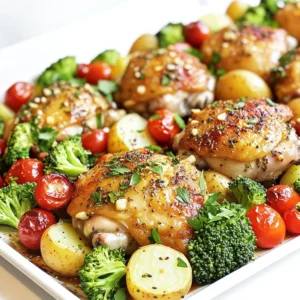 - 4 boneless, skinless chicken thighs - 1 cup baby potatoes, halved - 1 cup broccoli florets - 1 cup cherry tomatoes, halved - 1 red bell pepper, thinly sliced - 4 cloves garlic, finely minced - 2 tablespoons extra virgin olive oil - 1 teaspoon dried oregano - 1 teaspoon dried thyme - 1 teaspoon smoked paprika - Sea salt and freshly cracked black pepper, to taste Preheat your oven to 425°F (220°C). This temperature helps the chicken cook well. In a large bowl, combine the chicken thighs with baby potatoes, broccoli, cherry tomatoes, and red bell pepper. Ensure all veggies and chicken are mixed well. In a small bowl, whisk together the minced garlic, olive oil, dried oregano, dried thyme, smoked paprika, sea salt, and black pepper. This mixture adds great flavor. Pour the herb mixture over the chicken and veggies. Toss gently to coat everything. Spread the mixture on a sheet pan in one layer. Bake in the oven for 25 to 30 minutes. The chicken should reach an internal temperature of 165°F (74°C). The veggies should be tender and slightly caramelized. After baking, let the dish rest for a few minutes. This helps keep the chicken juicy. Sprinkle freshly chopped parsley on top. This adds color and freshness. Enjoy your meal straight from the pan! This article gave you a simple way to cook a tasty chicken and veggie dish. We covered ingredients like chicken thighs and broccoli, plus herbs and oils to add flavor. You learned step-by-step instructions, tips for cooking, and how to store leftovers. Cooking can be easy and fun, and you can try different veggies or proteins. Feel free to play around with the recipe. Enjoy making a meal that everyone will love!