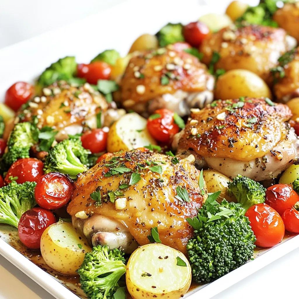 - 4 boneless, skinless chicken thighs - 1 cup baby potatoes, halved - 1 cup broccoli florets - 1 cup cherry tomatoes, halved - 1 red bell pepper, thinly sliced - 4 cloves garlic, finely minced - 2 tablespoons extra virgin olive oil - 1 teaspoon dried oregano - 1 teaspoon dried thyme - 1 teaspoon smoked paprika - Sea salt and freshly cracked black pepper, to taste Preheat your oven to 425°F (220°C). This temperature helps the chicken cook well. In a large bowl, combine the chicken thighs with baby potatoes, broccoli, cherry tomatoes, and red bell pepper. Ensure all veggies and chicken are mixed well. In a small bowl, whisk together the minced garlic, olive oil, dried oregano, dried thyme, smoked paprika, sea salt, and black pepper. This mixture adds great flavor. Pour the herb mixture over the chicken and veggies. Toss gently to coat everything. Spread the mixture on a sheet pan in one layer. Bake in the oven for 25 to 30 minutes. The chicken should reach an internal temperature of 165°F (74°C). The veggies should be tender and slightly caramelized. After baking, let the dish rest for a few minutes. This helps keep the chicken juicy. Sprinkle freshly chopped parsley on top. This adds color and freshness. Enjoy your meal straight from the pan! This article gave you a simple way to cook a tasty chicken and veggie dish. We covered ingredients like chicken thighs and broccoli, plus herbs and oils to add flavor. You learned step-by-step instructions, tips for cooking, and how to store leftovers. Cooking can be easy and fun, and you can try different veggies or proteins. Feel free to play around with the recipe. Enjoy making a meal that everyone will love!