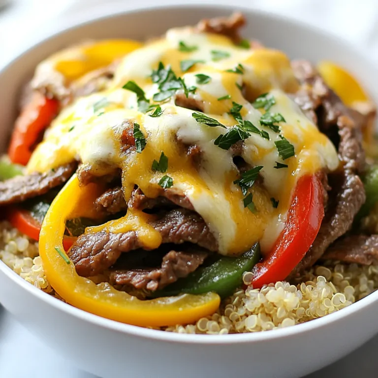- 1 lb thinly sliced beef (ribeye or sirloin) - 1 tablespoon olive oil - 1 green bell pepper, sliced - 1 red bell pepper, sliced - 1 medium onion, sliced - 2 cups cooked quinoa or brown rice - 1 cup provolone cheese, shredded - ¼ cup beef broth - 1 tablespoon Worcestershire sauce - Salt and pepper to taste - Fresh parsley for garnish To create a great Philly Cheesesteak Power Bowl, you need a few key ingredients. Each one plays a vital role in flavor and texture. First, the star is the beef. I recommend ribeye or sirloin. These cuts give you tender bites that melt in your mouth. Slice the beef thin so it cooks quickly and evenly. Next, we use olive oil for cooking. It helps the veggies and beef brown nicely. Then, the bell peppers and onions add a delicious crunch. They bring color and sweetness, which balance the savory beef. For the base, I love quinoa, but brown rice works too. Both add fiber and nutrients. Don’t forget the provolone cheese! It melts beautifully and brings creaminess. The beef broth and Worcestershire sauce add depth to the dish. Finally, season with salt and pepper to enhance all the flavors. Garnish with fresh parsley for a pop of color and freshness. With these ingredients, you will make a satisfying meal that everyone will love. {{ingredient_image_2}} First, heat 1 tablespoon of olive oil in a large skillet over medium-high heat. Wait until the oil shimmers. Then, add the sliced onion, green bell pepper, and red bell pepper. Sauté these for about 5 to 7 minutes. Stir them occasionally until they become tender and slightly caramelized. This adds great flavor. Next, push the vegetables to one side of the skillet. This creates space for the beef. Add 1 pound of thinly sliced beef to the empty side. Season it well with salt and pepper. Cook the beef for about 4 to 5 minutes. Stir it occasionally until the beef is browned and fully cooked. Once the beef is cooked, pour in ¼ cup of beef broth and 1 tablespoon of Worcestershire sauce. Mix all the ingredients together in the skillet. This helps the flavors meld beautifully. Allow it to cook for an additional 2 minutes so that the beef soaks in the liquid. To assemble your power bowls, start by dividing 2 cups of cooked quinoa or brown rice into serving bowls. Spoon the cheesy beef and vegetable mixture over the quinoa in each bowl. Finally, garnish with freshly chopped parsley. This adds a vibrant touch and enhances flavor. Enjoy! To make the beef tender and full of flavor, choose good cuts like ribeye or sirloin. Slice the beef thinly against the grain. This method helps keep the meat juicy. Season the beef well with salt and pepper before cooking. This boosts the taste. Caramelizing vegetables takes time and patience. Start with high heat and add oil to the pan. Add your sliced onion and peppers. Stir them often to avoid burning. Cook for about 5-7 minutes until they are soft and slightly brown. This step adds deep flavor to your bowls. For a colorful and inviting bowl, layer your ingredients. Start with a base of cooked quinoa or brown rice. Spoon the cheesy beef and peppers on top. Finish with fresh parsley for a bright touch. You can drizzle extra Worcestershire sauce over the top for added flavor. Consider serving your bowls with a side of mixed greens. The crunch of fresh greens contrasts well with the warm, savory dish. This makes for a filling meal. One big mistake is overcooking the beef or vegetables. This can make them tough or mushy. Keep an eye on them while cooking. Remove the skillet from heat when they reach the perfect doneness. Another common error is not seasoning enough. Always taste your dish as you cook. Add salt and pepper to enhance the flavors. A well-seasoned dish makes all the difference in taste. Pro Tips Quality Meat Matters: Using high-quality ribeye or sirloin will enhance the flavor and tenderness of your cheesesteak. Look for well-marbled cuts for the best results. Don’t Overcook the Vegetables: Sauté the peppers and onions just until they are tender and slightly caramelized. This adds sweetness and prevents them from becoming mushy. Custom Cheese Choices: While provolone is traditional, feel free to experiment with different cheeses like cheddar or mozzarella for unique flavor combinations. Make It a Meal Prep: These power bowls are perfect for meal prep! Prepare a larger batch and store in the fridge for quick and easy lunches throughout the week. {{image_4}} You can switch up the beef for chicken. Chicken breast or thighs work well. If you prefer plant-based options, use a meat substitute like tempeh or seitan. You could also try ground turkey or pork. Each option brings a unique flavor. For vegetables, think outside the box. Zucchini and mushrooms can be great alternatives to bell peppers. They add texture and taste. You can also use spinach or kale for extra greens. When it comes to cheese, mozzarella or cheddar can replace provolone. Each cheese will change the flavor a bit. You can use couscous or farro instead of quinoa or rice. These grains offer different textures and flavors. If you want more nutrition, try blends with barley or millet. Mixing grains can also boost fiber and vitamins. To keep your Philly Cheesesteak Power Bowls fresh, use airtight containers. Glass containers work well for this. Make sure to let the dish cool down before sealing it. This helps avoid moisture buildup. Store the leftovers in the fridge for up to three days. If you want to keep it longer, consider freezing. When reheating, avoid a microwave if possible. Instead, use a skillet over low heat. This method helps keep the beef tender and the veggies crisp. Stir the mixture occasionally. You can also reheat in the oven at 350°F for about 10-15 minutes. Cover it with foil to keep it moist. To freeze, separate the beef and veggies from the quinoa or rice. Place each in different containers. This prevents sogginess when thawed. Wrap the containers tightly or use freezer bags. They can last up to three months in the freezer. When ready to eat, thaw overnight in the fridge. Reheat in a skillet or oven as described above. A Philly Cheesesteak Power Bowl is a fun twist on the classic sandwich. It brings together thinly sliced beef, peppers, and melted cheese over a base of quinoa or rice. This dish is colorful, tasty, and filling. You get all the rich flavors of a cheesesteak in a healthy bowl format. The layers of beef and veggies make it appealing to both kids and adults alike. You can add heat in a few easy ways. Try mixing in hot sauce when you cook the beef. This adds a nice kick. You could also toss in diced jalapeños with the veggies. If you want more spice, add crushed red pepper flakes. These options give you control over how spicy you want your dish to be. Yes, you can prep this dish ahead. Cook the beef and veggies and store them in the fridge. You can also cook the quinoa or rice in advance. Keep each part in separate containers. When you're ready to eat, just warm everything up. This makes it easy to enjoy a tasty meal any day of the week. Philly Cheesesteak Power Bowls bring rich flavors and simple steps together. You start with tasty beef, peppers, and onions, then mix in quinoa or rice. Remember to season well and avoid overcooking. Presentation matters, too; a colorful bowl is more appetizing. Feel free to swap in other proteins or veggies for variety. Store leftovers right to keep them fresh. With these tips, you can enjoy a hearty meal anytime. Dive in and enjoy these satisfying bowls!