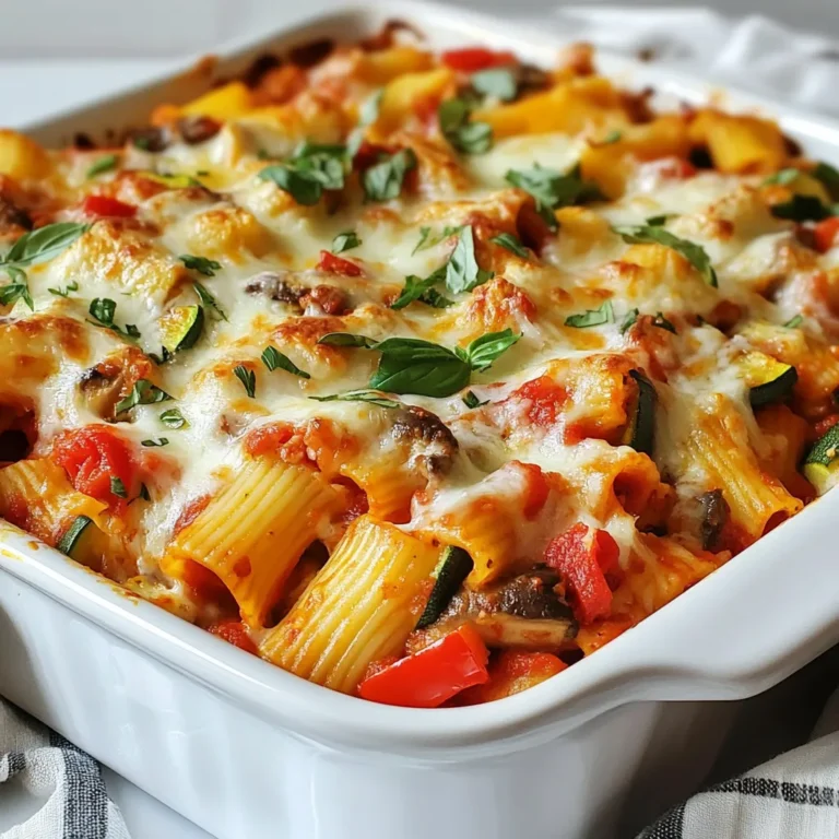 For this dish, you need the following main ingredients: - 12 oz ziti pasta - 2 tablespoons olive oil - 1 large onion, diced - 3 cloves garlic, minced - 1 red bell pepper, diced - 1 medium zucchini, chopped - 1 cup mushrooms, sliced - 1 ½ cups fresh spinach - 24 oz marinara sauce - 1 teaspoon dried oregano - 1 teaspoon dried basil - Salt and pepper to taste - 1 ½ cups ricotta cheese - 2 cups shredded mozzarella cheese (divided) - ½ cup grated Parmesan cheese (divided) - Fresh basil leaves for garnish These ingredients create a rich, tasty meal. The ziti pasta serves as a hearty base. The vegetables add color and nutrition. The cheeses melt together for a creamy texture. You can easily swap some ingredients: - For ziti pasta, use penne or rigatoni. - Instead of olive oil, try avocado oil or butter. - If you lack fresh spinach, use kale or Swiss chard. - Swap ricotta with cottage cheese or vegan cream cheese. - Use any favorite marinara sauce if you don't have a specific brand. These changes can still keep your dish delicious. Feel free to get creative with what you have. To elevate your Loaded Veggie Baked Ziti, consider these toppings: - Extra mozzarella cheese for a cheesier top. - Fresh basil leaves for a burst of flavor. - A sprinkle of red pepper flakes for heat. - Grated Parmesan cheese for a salty finish. These toppings not only enhance the look but also the taste. They add layers of flavor and texture. Enjoy experimenting with these ideas! {{ingredient_image_2}} Start by gathering all your ingredients. This makes cooking easier and faster. Chop the onion, garlic, red bell pepper, zucchini, and mushrooms ahead of time. This way, you can just toss them in the pan when needed. Make sure to measure out the ricotta, mozzarella, and Parmesan cheese. Having everything ready will help you stay organized. 1. Preheat your oven to 375°F (190°C). This ensures your ziti bakes evenly. 2. Boil a large pot of salted water. Add the ziti pasta and cook it until al dente. This usually takes about 8-10 minutes. Drain the pasta and set it aside. 3. In a large skillet, heat 2 tablespoons of olive oil over medium heat. Add the diced onion. Sauté it for about 5 minutes until it is soft. 4. Add 3 cloves of minced garlic to the skillet. Cook for another minute. You want the garlic to be fragrant. 5. Now, toss in the red bell pepper, zucchini, and mushrooms. Cook these veggies for about 5-7 minutes. They should be tender and slightly caramelized. 6. Stir in 1 ½ cups of fresh spinach. Add 24 oz of marinara sauce, 1 teaspoon of dried oregano, 1 teaspoon of dried basil, salt, and pepper. Mix well and heat for 3-4 minutes. 1. In a large bowl, mix the cooked ziti with the veggie sauce. Add 1 cup of ricotta cheese. Fold gently to coat the pasta. 2. Grease a 9x13 inch baking dish. Pour half of the ziti mixture into the dish. Spread it evenly. 3. Sprinkle half of the shredded mozzarella and half of the grated Parmesan on top. 4. Add the remaining ziti mixture on top. Finish with the rest of the mozzarella and Parmesan cheese. 5. Cover the dish with aluminum foil. Bake for 20 minutes. 6. After 20 minutes, remove the foil. Bake for another 15 minutes. The cheese should be melted, bubbly, and golden brown. 7. Take the ziti out of the oven. Let it cool for 5 minutes. Garnish with fresh basil leaves. Enjoy your tasty Loaded Veggie Baked Ziti! To get the best flavor in your Loaded Veggie Baked Ziti, use fresh ingredients. Fresh herbs like basil and oregano add more taste than dried ones. Cook your vegetables until they are soft and sweet. This brings out their natural flavors. A splash of balsamic vinegar can also enhance the taste. It adds a nice depth and balance. When cooking your veggies, start with the onions. Sauté them until they are soft and clear. This base gives your dish a lovely flavor. Add garlic right after for a fragrant kick. Next, toss in the bell pepper, zucchini, and mushrooms. Cook them until they just soften. Overcooking can make them mushy. Adding spinach at the end keeps it bright and fresh. This way, it retains its color and nutrients. To prevent a dry ziti, use enough sauce. Our recipe calls for 24 ounces of marinara sauce. Mix it well with the pasta. The ricotta cheese also helps keep the dish moist. Layering cheese on top adds a nice creamy texture. Cover the dish with foil while baking to trap moisture. Removing the foil later allows the cheese to brown without drying out the ziti. Pro Tips Choose the Right Pasta: Opt for whole wheat or gluten-free ziti for a healthier twist that still holds up well in baked dishes. Layering is Key: Make sure to layer your ingredients evenly to ensure every bite is packed with flavor and cheese. Make Ahead: Prepare the ziti in advance and refrigerate it. Just add 10-15 minutes to the baking time if it’s coming straight from the fridge. Experiment with Vegetables: Feel free to swap in your favorite vegetables like eggplant, broccoli, or artichokes for a unique flavor profile. {{image_4}} You can add protein to make your baked ziti more filling. Here are some great options: - Cooked chicken: Shred or chop grilled chicken. Mix it in with the veggies. - Ground beef or turkey: Brown the meat in the skillet before adding the veggies. - Italian sausage: Use sweet or spicy sausage for extra flavor. Remove the casing and crumble it in. - Beans: Black beans or chickpeas can add protein and texture. Just rinse and mix them in. Adding these proteins will change the dish. This way, it suits different tastes and makes it a full meal. Feel free to mix up the veggies in your ziti. Here are some tasty combinations: - Broccoli: Adds a nice crunch and color. Chop it small and add it to the mix. - Carrots: Grate or dice them for sweetness and color. - Eggplant: Dice it and sauté it for a rich flavor. - Asparagus: Cut into small pieces and add it for a fresh taste. Experimenting with different veggies will keep your ziti exciting. You can also use what you have on hand. If you want a vegan option, swap out the cheese. Here are some ideas: - Nutritional yeast: Sprinkle this on top for a cheesy flavor without dairy. - Vegan ricotta: You can find this in stores or make your own using blended tofu, lemon juice, and seasonings. - Cashew cheese: Soak cashews and blend them for a creamy texture. - Dairy-free mozzarella: Many brands offer a good melt and taste. These swaps make the dish vegan-friendly while keeping it creamy and delicious. You won't miss the dairy at all! After you enjoy your Loaded Veggie Baked Ziti, store leftovers in a tight container. Let it cool before sealing. This helps keep moisture in and prevents sogginess. You can keep it in the fridge for up to four days. Make sure to label your container with the date. This way, you know when to eat it. To reheat, preheat your oven to 350°F (175°C). Place the ziti in a baking dish. Add a splash of water or marinara sauce to keep it moist. Cover the dish with foil. Bake for about 20 minutes. For a crispy top, remove the foil and bake for an extra 5 minutes. If you prefer the microwave, heat it in 30-second bursts. Stir in between to heat evenly. Freezing is a great option for meal prep. Allow the ziti to cool completely. Then, portion it into freezer-safe containers. You can also wrap it tightly in plastic wrap, then foil. This keeps out air and prevents freezer burn. It can stay frozen for up to three months. When ready to eat, thaw it in the fridge overnight. Reheat as mentioned above for the best taste. Yes, you can prepare Loaded Veggie Baked Ziti ahead of time. This dish is perfect for meal prep. Just follow the recipe up to the baking step. Then, cover the dish and store it in the fridge. You can bake it the next day. Just remember to add a few extra minutes to the baking time if it's cold from the fridge. For the best serving, dish out individual portions on plates. Garnish with fresh basil leaves and a sprinkle of Parmesan cheese. This makes it look nice and tasty. Pair it with a side salad and some garlic bread for a full meal. The colors and flavors will impress everyone at the table. Absolutely! You can use gluten-free pasta for Loaded Veggie Baked Ziti. Just choose a brand you like. Cook it according to the package directions. The taste will still be great, and everyone can enjoy this dish. This makes it a great option for those with dietary needs. Loaded Veggie Baked Ziti is easy and tasty. It has fresh ingredients, step-by-step cooking, and helpful tips. You can make it your own with protein or veggies. Store the leftovers well for quick meals later. This dish brings flavor and joy to any table. Now, you can enjoy and share this comfort food with friends and family. Try your own twists and make it the perfect dish for you. Enjoy cooking and enjoy eating!