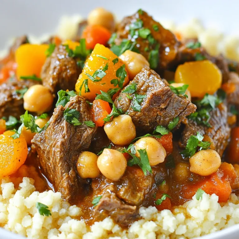 To make Moroccan Beef Delight, you need: - 1 lb beef stew meat, cut into 1-inch cubes - 1 large onion, finely chopped - 3 cloves garlic, minced - 1 tablespoon fresh ginger, grated - 2 teaspoons ground cumin - 2 teaspoons ground coriander - 1 teaspoon ground cinnamon - 1 teaspoon paprika - 1/2 teaspoon cayenne pepper (adjust for spice) - 2 cups beef broth - 1 can (14 oz) diced tomatoes, drained - 1 cup dried apricots, chopped - 1 cup chickpeas, drained and rinsed - 2 tablespoons honey - Salt and pepper to taste - 2 tablespoons olive oil This recipe uses both fresh and pantry staples. - Fresh items include beef, onion, garlic, ginger, and cilantro. - Pantry staples are spices like cumin, coriander, cinnamon, paprika, and cayenne. - You also need broth, canned tomatoes, apricots, chickpeas, and honey. These ingredients make the dish flavorful and satisfying. For a complete meal, consider these options: - Fresh cilantro for garnish - Cooked couscous or rice for serving These add color and extra flavor to your plate. You can also pair it with a simple salad or yogurt for a refreshing touch. {{ingredient_image_2}} Gather all your ingredients first. This helps make cooking smooth. Start by cutting the beef stew meat into 1-inch cubes. Chop the onion finely and mince the garlic. Grate the ginger, too. It adds a nice kick. Measure out your spices: cumin, coriander, cinnamon, paprika, and cayenne pepper. Finally, chop the dried apricots and rinse the chickpeas. You are ready! Heat 2 tablespoons of olive oil in a large pot over medium-high heat. Once hot, add the beef cubes in a single layer. Brown them for about 5-7 minutes on all sides, then remove them from the pot. Next, add the chopped onion to the same pot. Cook for 4-5 minutes until soft. Stir in the minced garlic and ginger for a minute. Now, add the spices: ground cumin, coriander, cinnamon, paprika, and cayenne pepper. Stir well for 1-2 minutes to enhance their flavors. Return the beef to the pot. Pour in 2 cups of beef broth and add the drained diced tomatoes, chopped apricots, and rinsed chickpeas. Add honey, salt, and pepper to taste. Bring everything to a gentle boil. Reduce the heat to low and cover the pot. Let it simmer for 1.5 to 2 hours. Stir occasionally, checking if it needs more broth. After cooking, taste and adjust seasoning as needed. To make this dish perfect, always brown the beef well. This adds great depth. Use fresh spices for the best taste. If you want a sweeter dish, add more honey. For a spicier kick, increase the cayenne pepper. Finally, serve it over fluffy couscous or rice. Don’t forget to sprinkle fresh cilantro on top for a burst of flavor! To get the best taste from your Moroccan Beef Delight, start by browning the beef well. This step adds a rich flavor. Use a large pot for even cooking. Sauté the onions until soft and golden. This creates a great base for your dish. When adding spices, let them cook for a minute. This helps release their full flavors. Everyone has different taste preferences. If you like it spicy, add more cayenne pepper. For a milder dish, cut back on the cayenne. You can also swap out spices. Try using turmeric or cardamom for a twist. If you enjoy sweetness, add more honey or dried fruits like raisins. Always taste as you cook to find your perfect mix. Serve your Moroccan Beef Delight over fluffy couscous or rice. This helps soak up the tasty sauce. You can add a side of steamed veggies for color and nutrition. For extra flair, garnish with fresh cilantro. A dollop of yogurt can also balance the spices. Enjoy it with warm pita bread for a complete meal. Pro Tips Choose the Right Cut: Opt for a well-marbled cut like chuck or round for the best flavor and tenderness during slow cooking. Layering Flavors: Don't skip browning the beef and sautéing the onions; these steps add depth and richness to your dish. Adjust the Sweetness: Depending on your preference, you can add more honey or even a splash of balsamic vinegar to balance the flavors. Perfect Pairing: Serve with a side of warm, crusty bread or a fresh salad to complete your Moroccan-inspired meal. {{image_4}} You can switch the beef for other proteins. Chicken thighs work well. They stay juicy and soak up flavors nicely. You can also use lamb for a richer taste. If you want seafood, try shrimp. Just add them later in cooking. They cook fast and will be tender. To make a vegetarian version, skip the meat and use sturdy vegetables. Try mushrooms for a meaty texture. Zucchini and bell peppers add color and flavor. Use vegetable broth instead of beef broth. For a vegan version, add extra chickpeas. They pack protein and help fill the dish. Change the spices to fit your taste. If you like a sweeter dish, add more honey or dried fruits. For a spicy kick, increase the cayenne. You can also add nuts for crunch and flavor. Almonds or pistachios are great choices. Use fresh herbs like mint for a fresh taste. To keep your Moroccan Beef Delight fresh, let it cool first. Once it reaches room temperature, transfer it to an airtight container. This helps prevent moisture loss and keeps the flavors intact. Store it in the fridge if you plan to eat it within a few days. For best results, consume it within three days. When you're ready to enjoy your Moroccan Beef Delight again, reheat it gently. You can use a pot on the stove over low heat. Stir occasionally to ensure even heating. If you find it too thick, add a splash of broth or water. You can also microwave it in a microwave-safe dish. Heat it in short intervals, stirring in between to avoid hot spots. Freezing is a great option if you have leftovers. Place the cooled beef delight in a freezer-safe container. Leave some space for expansion. The dish can be frozen for up to three months. When you're ready to eat, thaw it in the fridge overnight. Reheat it as mentioned before. This way, you can enjoy a taste of Morocco any time! You can serve Moroccan Beef Delight with several tasty sides. I love pairing it with fluffy couscous or rice. Both soak up the rich sauce beautifully. You might also add a fresh salad for crunch. A simple cucumber and tomato salad works well. You could even serve warm pita bread on the side for dipping. To add more heat, you can increase the cayenne pepper. Start by adding an extra 1/4 teaspoon. Taste as you go to avoid overpowering the dish. You can also use fresh chili peppers, like jalapeños, for a fresh kick. Adding a dash of hot sauce before serving brings more flavor, too. Yes, a slow cooker works great for Moroccan Beef Delight! First, brown the beef in a pan. Then, transfer it to the slow cooker with all the other ingredients. Cook on low for 6-8 hours or high for 3-4 hours. This method makes the beef extra tender and flavorful. Just remember to adjust the liquid as needed since the slow cooker holds moisture well. In this article, we covered key ingredients for Moroccan Beef Delight and detailed each cooking step. I shared tips for authentic flavors and variations to suit your taste. Remember, proper storage helps keep leftovers fresh. You can enjoy this dish with different sides or make it spicier, based on your preference. With a little practice, you’ll master this recipe. Dive in, experiment, and make it your own! Enjoy every bite of your creation.