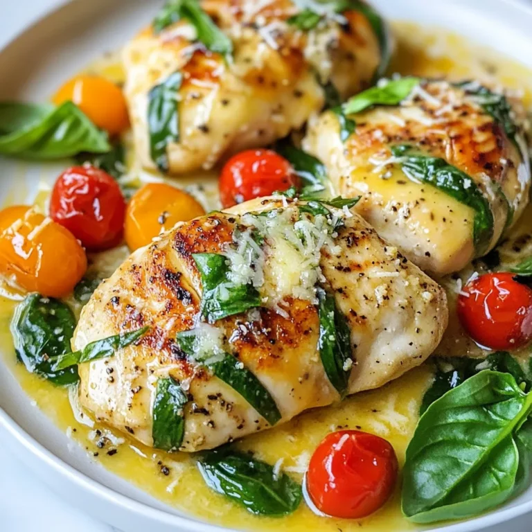 - 4 boneless, skinless chicken breasts - 2 tablespoons olive oil - 4 cloves garlic, minced - 1 cup heavy cream - 1 cup cherry tomatoes, halved - 1 cup fresh spinach leaves - ½ cup grated Parmesan cheese - 1 teaspoon Italian seasoning - Salt and pepper to taste - Fresh basil leaves for garnish - Large skillet - Tongs - Measuring cups - Measuring spoons - Wooden spoon or spatula - Cutting board - Knife - For a lighter version, use half-and-half instead of heavy cream. - You can swap chicken for shrimp or tofu for a vegetarian option. - Add bell peppers or zucchini for extra veggies. - Use fresh herbs like thyme or oregano instead of Italian seasoning for a twist. - Try using feta cheese instead of Parmesan for a tangy flavor. {{ingredient_image_2}} To start, grab your chicken breasts. Season them well on both sides with salt, pepper, and Italian seasoning. This mix brings out the best flavors. Use enough seasoning so every bite is tasty. Set the chicken aside while you prepare your skillet. Next, heat two tablespoons of olive oil in a large skillet. Make sure the oil is hot, but not smoking. Place the seasoned chicken breasts carefully in the skillet. Sear each side for about 5 to 7 minutes. You want a nice golden brown color. This step seals in the juices. Once done, take the chicken out and place it on a plate. Now, it’s time to make the creamy sauce. In the same skillet, turn the heat down to medium-low. Add four minced garlic cloves and sauté them for about one minute. Stir often to avoid burning. When the garlic smells great, slowly pour in one cup of heavy cream. Stir as you add it to mix with the garlic. Let this simmer gently. Next, stir in one cup of halved cherry tomatoes and one cup of fresh spinach leaves. Cook for about three to four minutes. You want the tomatoes to soften and the spinach to wilt. After that, add in half a cup of grated Parmesan cheese. Keep stirring until the sauce is creamy and well mixed. Taste it and add more salt or pepper if needed. Finally, return your seared chicken breasts to the skillet. Make sure they are coated in the creamy sauce. Let them simmer together for two to three more minutes. This will warm everything and help the flavors blend. You are now ready to serve! To get the best sear on your chicken, follow these simple steps: - Use a hot skillet: Heat your skillet well before adding the chicken. This helps to lock in the moisture. - Don't overcrowd the pan: If you add too much chicken, it will steam instead of sear. Cook in batches if needed. - Let it cook: Avoid flipping the chicken too soon. Let it sit for 5-7 minutes to form that golden crust. To make your sauce truly creamy, keep these tips in mind: - Use heavy cream: It has a rich texture that helps create a velvety sauce. - Stir continuously: As you add the cream to the garlic, stir non-stop. This blends the flavors perfectly. - Add cheese slowly: Incorporate the grated Parmesan a little at a time for a smooth finish. Pair your Creamy Garlic Tuscan Chicken with these tasty options: - Garlic bread: Warm and crusty, it’s perfect for soaking up the sauce. - Pasta: Serve over your favorite pasta for a comforting meal. - Fresh salad: A light salad provides a crunchy contrast to the creamy chicken. - Wine: A glass of white wine, like Chardonnay, complements the dish beautifully. Pro Tips Use Fresh Ingredients: Fresh garlic, spinach, and tomatoes will enhance the flavor profile of your dish, making it more vibrant and delicious. Don’t Overcook the Chicken: Ensure the chicken is cooked just until it reaches an internal temperature of 165°F (75°C) to keep it juicy and tender. Customize the Creaminess: Adjust the amount of heavy cream and Parmesan cheese to achieve your desired level of creaminess in the sauce. Pair with Sides: This dish pairs wonderfully with garlic bread, pasta, or a crisp salad to create a well-rounded meal. {{image_4}} You can swap chicken for shrimp or tofu. Shrimp cooks fast. Just sauté it until it turns pink, about 3-4 minutes. Tofu needs a little more care. Press it to remove water, then cube and sauté until golden. Both options keep the dish tasty and fun. Feel free to mix in different veggies. Try bell peppers or zucchini for a colorful twist. Mushrooms add a nice earthy flavor. You can also toss in broccoli or asparagus. They cook well and add crunch. Always remember to adjust the cooking time based on the veggies you pick. You can lighten up this dish easily. Use chicken breast but swap heavy cream for coconut milk or almond milk. This keeps it creamy without the calories. For cheese, try nutritional yeast for a cheesy taste without dairy. This way, you enjoy great flavor while sticking to your health goals. To keep your Creamy Garlic Tuscan Chicken fresh, place leftovers in an airtight container. Make sure to cool it to room temperature first. Store it in the fridge. It will last for about 3 to 4 days. Always label the container with the date. This helps you track how long it’s been stored. When you’re ready to eat the leftover chicken, take it out of the fridge. You can reheat it on the stove for the best flavor. Heat a skillet over low heat. Add a splash of cream or broth to keep it moist. Stir gently until it’s warmed through. You can also use a microwave. Place the chicken in a microwave-safe dish. Cover it with a lid or microwave-safe wrap. Heat in short bursts, checking often. This helps avoid overcooking. Freezing is a great way to save this dish for later. First, let the chicken cool completely. Then, place it in a freezer-safe container. You can also use freezer bags, squeezing out the air. Properly stored, it can last for up to 3 months. When you’re ready to eat it, thaw it in the fridge overnight. Reheat as described above. This way, you can enjoy your creamy chicken at a later date! You can serve this dish with many sides. Here are my favorites: - Warm garlic bread - Steamed rice or risotto - Pasta, like fettuccine or spaghetti - Fresh salad with mixed greens Each option pairs well with the creamy sauce and adds a nice touch. Yes, you can prepare some parts ahead. Cook the chicken and make the sauce. Then, store them in the fridge. When ready, reheat everything together. This will save you time on busy days. Check the chicken's internal temperature. It should reach 165°F (75°C). If you don’t have a thermometer, cut into the thickest part. The meat should be white and juices should run clear. If it is still pink, cook longer. You now have a clear guide on making Creamy Garlic Tuscan Chicken. We covered ingredients, tools, and optional swaps. I shared easy steps for preparing chicken and making a creamy sauce. I also shared tips for perfect searing and serving ideas. You can adapt the recipe for different proteins or vegetables and learn how to store leftovers. Trust these techniques to create a delicious meal every time. Enjoy your cooking journey!