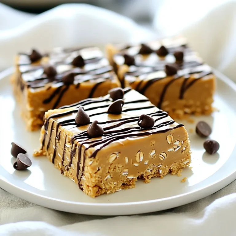 To make No Bake Peanut Butter Bars, you will need the following ingredients: - 1 cup natural peanut butter (creamy or crunchy) - 1/2 cup pure maple syrup or honey - 1 cup rolled oats - 1/2 cup protein powder (vanilla or chocolate) - 1/2 cup mini chocolate chips (dark or semi-sweet) - 1/4 cup unsweetened cocoa powder - Pinch of salt Each item plays a key role in creating delicious bars. The natural peanut butter gives a rich flavor and creamy texture. Using pure maple syrup or honey adds sweetness without processed sugars. Rolled oats provide a hearty base that holds everything together. Protein powder boosts nutrition and can add a nice flavor twist. The mini chocolate chips bring a delightful bite of sweetness. Unsweetened cocoa powder deepens the chocolate flavor, making these bars hard to resist. Finally, a pinch of salt enhances the overall taste. These ingredients combine to create a tasty treat that is both easy to make and satisfying. You can adjust any of these based on your likes or diet needs. Enjoy creating your own version of these bars! {{ingredient_image_2}} Start by taking a large bowl. Here, you will combine 1 cup of natural peanut butter with 1/2 cup of pure maple syrup or honey. Mix them well until the texture is smooth. This step creates the tasty base for your bars. Now it's time to add the dry ingredients. Add 1 cup of rolled oats, 1/2 cup of protein powder, 1/4 cup of unsweetened cocoa powder, and a pinch of salt. Stir everything together until you no longer see any dry bits. This ensures each bite is full of flavor. Next, fold in 1/2 cup of mini chocolate chips. Use a spatula to mix gently. This helps spread the chocolate chips evenly throughout the mixture. You want a little chocolate in every square! Grab an 8x8 inch baking pan and line it with parchment paper. Make sure some paper hangs over the edges. This will help you lift the bars out later. Now, transfer the mixture into the pan. Press down firmly using your hands or a spatula. This step helps the bars hold their shape. Put the pan in the refrigerator. Let it chill for at least 2 hours. This time is important for the bars to set properly. After chilling, check the texture. The bars should feel firm but not hard. You can easily change this recipe to fit your taste. - Using different nut butters: Swap peanut butter for almond, cashew, or sunflower butter. Each nut butter adds its unique flavor. - Adjusting sweetness levels: If you like it sweeter, add more maple syrup or honey. For less sweetness, cut back on the syrup. How you serve your bars can make them more fun to eat. - Creative ways to serve the bars: Arrange the bars on a colorful plate or a wooden board. This makes a nice display for guests. - Drizzling peanut butter or chocolate for garnish: Melt some peanut butter or chocolate and drizzle it over the bars. This adds flavor and makes them look fancy. If your bars don't set right, here are some tips. - Bars not setting properly: If the bars are too soft, they may need more chilling time. You can also add a bit more oats to help them firm up. - Adjusting consistency before chilling: If your mixture seems too dry, add a splash of maple syrup or a bit of water. If it’s too wet, mix in more oats or protein powder. Pro Tips Choose Your Peanut Butter Wisely: Use natural peanut butter without added sugars or oils for the healthiest option. The flavor will be rich and authentic, enhancing your bars. Experiment with Sweeteners: While maple syrup and honey are great, feel free to try agave nectar or brown rice syrup for a different taste profile. Customize Your Mix-Ins: Add nuts, seeds, or dried fruits to introduce different textures and flavors. This is a great way to make the bars your own! Proper Storage: Store the bars in an airtight container in the refrigerator. They can last up to a week, making them perfect for meal prep and snacking! {{image_4}} You can make these no bake peanut butter bars even healthier. One great swap is using agave nectar instead of maple syrup or honey. Agave is lower on the glycemic index. This means it won’t spike your blood sugar as much. Incorporating seeds like chia or flaxseeds is another easy change. These seeds add fiber and omega-3 fatty acids. Plus, they give your bars a crunchy texture. Just a couple of tablespoons will do the trick! To boost the flavor, try adding a splash of vanilla extract. It makes the bars taste richer and more aromatic. Another option is to sprinkle in some cinnamon. This spice brings warmth and a hint of sweetness without extra sugar. You can also experiment with dried fruits or nuts. Chopped dates or cranberries add natural sweetness. Nuts like almonds or walnuts add a nice crunch. Just keep the balance in mind so the bars do not get too dry or crumbly. To keep your no bake peanut butter bars fresh, use an airtight container. A glass or plastic container works well. If you want to keep them longer, the freezer is a great option. Just wrap each bar in plastic wrap before placing them in a freezer bag. This helps prevent freezer burn. Storing in the refrigerator helps maintain the bars' chewy texture. They stay fresh there for a week. If you choose to freeze them, they can last for up to three months. Just remember to let them thaw in the fridge before enjoying. These bars can last about a week in the fridge. If you notice any changes in color or smell, it's best to toss them. Freshness is key, so check for a nice peanut butter smell. If they smell off or look dry, they may not be good anymore. When stored correctly, you can enjoy these treats for a long time. Just follow these tips to keep them tasty and safe to eat! Yes, you can make these bars vegan easily. Just swap honey for maple syrup. Choose dairy-free chocolate chips for the mix. If you use plant-based protein powder, your bars will be fully vegan. It’s a simple change that keeps the flavors intact. The bars are ready when they feel firm to the touch. You can also gently press the top. If it springs back, they are set. After chilling for two hours, they should be cold and solid. Keep an eye on the texture; it helps to know when to cut them. Yes, these bars freeze well! Cut them into squares first. Wrap each piece in plastic wrap, then place them in a freezer-safe container. When you want to eat them, leave them in the fridge overnight to thaw. They taste great even after freezing! You learned how to make tasty no-bake peanut butter bars. We covered the ingredients, easy steps, and personalizing tips. You can swap in flavors you like and choose your sweeteners. Storage ideas ensure your bars stay fresh. With these recipes and tips, making your bars is simple and fun. Enjoy creating your own snacks! Keep experimenting for new flavors. You’ll always find something tasty for you and your friends.