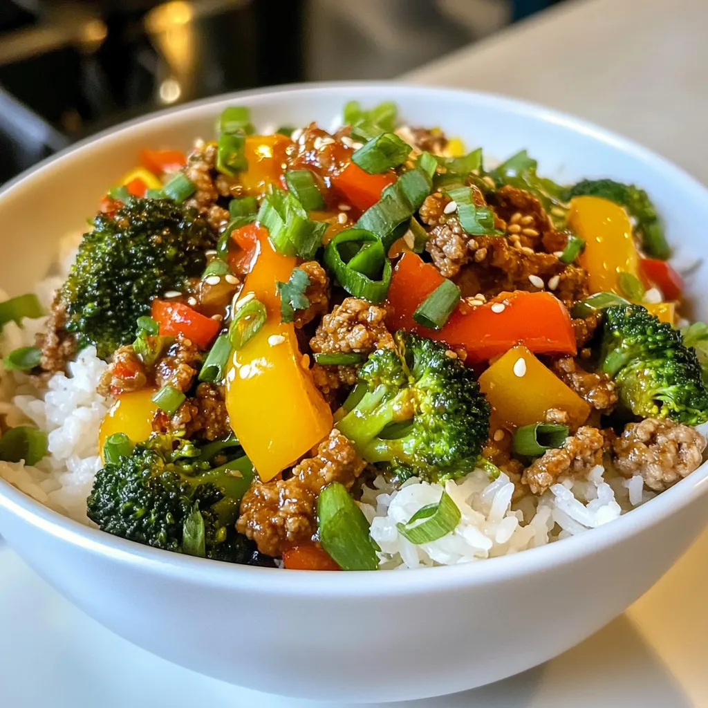 - 1 lb ground turkey - 2 cups cooked jasmine rice - 1 bell pepper, diced - 1 cup broccoli florets - 1 small onion, finely chopped - 3 cloves garlic, minced - 2 tablespoons low-sodium soy sauce - 1 tablespoon sesame oil - 1 teaspoon fresh ginger, grated - 1 teaspoon black pepper - Salt to taste - Garnishes: green onions, sesame seeds For this savory ground turkey rice bowl, you need fresh and simple ingredients. Ground turkey gives the dish a lean protein base. Jasmine rice adds a fluffy, fragrant touch. Diced bell pepper and broccoli bring in crunch and color. Using onion and garlic creates a rich aroma that fills your kitchen. The soy sauce, sesame oil, and ginger combine to give a savory depth. Make sure to adjust the salt to your taste. Fresh green onions and sesame seeds make great garnishes. They add a pop of flavor and a nice finish. Gather all these ingredients before starting. You will enjoy this quick and healthy meal that is easy to make. {{ingredient_image_2}} - Heat 1 tablespoon of sesame oil in a large skillet over medium heat. - Add 1 small onion, finely chopped, and sauté for 3-4 minutes until translucent. - Mix in 3 cloves of minced garlic and 1 teaspoon of grated ginger. Cook for 1-2 minutes until fragrant. - Raise the heat to medium-high and add 1 pound of ground turkey. Cook for 5-7 minutes until browned and no longer pink. - Stir in 1 diced bell pepper and 1 cup of broccoli florets. Cook for 4-5 minutes until the veggies soften but stay bright. - Pour in 2 tablespoons of low-sodium soy sauce. Add black pepper and salt to taste. Mix well. - Heat through for 2-3 minutes, stirring occasionally, then remove from heat. - Serve by scooping 2 cups of cooked jasmine rice into bowls. Top with the turkey and veggie mix. - Garnish with chopped green onions and a sprinkle of sesame seeds. - To ensure the turkey is cooked through, use a meat thermometer. Aim for 165°F. - For vibrant and crisp vegetables, don’t overcook. Stir frequently and watch closely. - Plate the dish in colorful bowls for a fun look. - Add a sliced lime on the side for a fresh twist and a pop of color. - Consider serving with a side of steamed edamame or a simple salad for extra crunch. To make your Savory Ground Turkey Rice Bowl just right, adjust the seasonings. If you love salt, add a bit more soy sauce. For a touch of sweetness, try a dash of honey or brown sugar. If you want a kick, add red pepper flakes or hot sauce. Fresh herbs like cilantro or basil can lift your dish too. Feel free to mix and match spices based on what you enjoy. Cooking jasmine rice can be simple. Rinse the rice under cold water until the water runs clear. This removes the starch and keeps the rice fluffy. Use a ratio of 1 cup rice to 1.5 cups water. Bring it to a boil, then cover and simmer on low for about 15 minutes. For quick cooking, an Instant Pot works well. Just use the same water-to-rice ratio and set it for 4 minutes on high pressure. Ground turkey is a great choice for this meal. It is leaner than beef and has less fat. It is high in protein, which keeps you full longer. Pair it with greens like broccoli, bell peppers, or spinach. This adds vitamins and makes your meal colorful. Aim for half your bowl to be filled with veggies. This way, you balance flavors and boost nutrition. Pro Tips Use Fresh Ingredients: The flavors of your dish will greatly improve when using fresh vegetables and herbs. Opt for organic produce if possible for the best taste. Customize Your Veggies: Feel free to swap in your favorite vegetables or whatever you have on hand. Carrots, snap peas, or zucchini can all be delicious alternatives. Make It Spicy: If you enjoy a bit of heat, add some red pepper flakes or a dash of sriracha to the turkey mixture while cooking to elevate the flavor profile. Meal Prep Friendly: This dish stores well in the fridge, making it a great option for meal prep. Simply reheat and enjoy throughout the week for quick and satisfying meals. {{image_4}} You can easily switch out vegetables in this rice bowl. Try using: - Zucchini, diced - Carrots, shredded - Snap peas, trimmed These options add color and flavor. They also keep the dish fresh and fun. For the soy sauce, you can use: - Tamari, which is gluten-free - Coconut aminos, for a sweeter taste These alternatives can suit your taste or dietary needs. To make this dish gluten-free, choose tamari instead of soy sauce. This small change keeps the flavor strong while meeting dietary needs. For vegetarian or vegan adaptations, you can replace ground turkey with: - Crumbled tofu, which absorbs flavors well - Lentils, cooked and seasoned to taste These swaps maintain the protein while making the dish plant-based. You can also change the flavor to fit regional styles. For a Thai twist, add: - Red curry paste - Lime juice for zest For a Japanese-style rice bowl, consider adding: - Mirin for sweetness - Nori strips for crunch You can play with different sauces or toppings like sriracha or hoisin sauce. Each choice transforms the dish into something new and exciting. To keep your Savory Ground Turkey Rice Bowl fresh, store it in the fridge. Use airtight containers to prevent moisture loss and keep flavors intact. Glass or plastic containers with tight lids work best. Make sure to cool the dish slightly before sealing it up. This helps avoid condensation, which can make the food soggy. When reheating, use a microwave or a skillet. For the microwave, place the dish in a bowl and cover it with a damp paper towel. Heat on medium power for 1-2 minutes, stirring halfway through. If you use a skillet, add a splash of water to help steam the dish back to life. For freezing, let the bowl cool completely, then place it in a freezer-safe container. To thaw, transfer it to the fridge overnight before reheating. In the fridge, your Savory Ground Turkey Rice Bowl lasts about 3-4 days. If you freeze it, it can keep for up to 3 months. Always check for signs of spoilage before eating. Look for changes in smell, texture, or color. If it smells off or looks strange, it’s best to toss it. What type of ground turkey is best for this recipe? I recommend using lean ground turkey. This keeps the dish healthy without too much fat. Lean turkey also absorbs flavors well and cooks quickly, making it perfect for your rice bowl. Can I use brown rice instead of jasmine rice? Yes, you can use brown rice! It adds a nutty taste and more fiber. Just remember that brown rice takes longer to cook. If you choose brown rice, adjust the cooking time for the overall dish. How do I make this dish spicy? To add spice, include red pepper flakes or diced jalapeños. You can also use sriracha sauce for a kick. Start with a little, then taste and add more if you like it hotter. Can I substitute the sesame oil? Yes, you can use olive oil or avocado oil instead. These oils will change the flavor slightly but still work well in the dish. Just use the same amount. What vegetables can I add for extra nutrition? Feel free to add spinach, carrots, or snap peas. These veggies add color and nutrients. You can mix and match based on what you have at home. How long does it take to prepare and cook? The total time is about 20 minutes. You can prep the ingredients in about 10 minutes. Cooking the dish takes another 10 minutes. Tips for quicker meal prep on busy days Chop your veggies ahead of time and store them in the fridge. You can also cook extra rice earlier in the week. This way, you can whip up your turkey rice bowl in no time! This blog post shared a simple and tasty ground turkey rice bowl recipe. You learned about the key ingredients, step-by-step cooking, and helpful tips. We also explored variations and storage suggestions to make the dish your own. Incorporating these ideas will boost your cooking skills and make meal prep easier. By customizing flavors and exploring alternatives, you can create a dish that suits your taste and dietary needs. Enjoy trying out this recipe and making it uniquely yours!