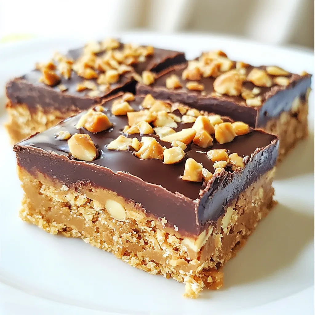 - 1 cup creamy peanut butter - 1 cup rolled oats - 1/2 cup honey or maple syrup - 1/2 cup powdered sugar - 1/2 cup dark chocolate chips - 1/4 cup coconut oil - 1/4 tsp salt - 1/2 tsp vanilla extract - Optional: 1/4 cup chopped nuts (e.g., almonds or walnuts) To make these no-bake peanut butter bars, you need some simple ingredients. First, creamy peanut butter is a must. It gives the bars their rich flavor and smooth texture. Next, rolled oats add a hearty bite and help bind the bars together. For sweetness, you can use honey or maple syrup. Both options work well, but honey has a stronger flavor. Powdered sugar adds a light sweetness too. This mix makes a great base for the bars. To take these bars to the next level, I love adding dark chocolate chips. They melt perfectly and create a smooth topping. Coconut oil helps the chocolate set and adds a nice gloss. Just a pinch of salt boosts the flavor and balances the sweetness. Lastly, vanilla extract adds a warm note to the mix. If you want extra crunch, consider folding in chopped nuts. Almonds or walnuts work great, but feel free to use your favorite. Each bite will be packed with flavor and texture! {{ingredient_image_2}} Line an 8x8-inch baking dish with parchment paper. This makes it easy to lift the bars later. Leave some paper hanging over the sides for a smooth removal. In a large bowl, mix 1 cup of creamy peanut butter, 1/2 cup of honey, 1/2 cup of powdered sugar, 1/4 teaspoon of salt, and 1/2 teaspoon of vanilla extract. Use a sturdy spatula to mix until smooth and well combined. Gradually stir in 1 cup of rolled oats. Make sure every oat gets coated in the peanut butter mix. If you want extra crunch, fold in 1/4 cup of chopped nuts like almonds or walnuts. Spoon the mixture into your lined baking dish. Press it down firmly with a spatula or your hands. Ensure the layer is even across the bottom. In a microwave-safe bowl, add 1/2 cup of dark chocolate chips and 1/4 cup of coconut oil. Microwave in 20-second bursts, stirring well after each time, until the mixture is smooth and melted. Pour the melted chocolate over the pressed peanut butter layer. Use a spatula to spread the chocolate evenly over the top. Place the dish in the fridge and chill for at least 2 hours. This helps the bars set and become firm. For the best bars, use creamy peanut butter. Creamy peanut butter gives a smooth base. It helps the bars hold together well. If you prefer a crunch, use crunchy peanut butter. Crunchy peanut butter adds fun bits in every bite. Both types work, but creamy is my go-to. You can easily add flavor to your bars. Try mixing in cocoa powder for a chocolate twist. A little cinnamon or nutmeg can make them warm and cozy. If you love coconut, add some shredded coconut. For a nutty crunch, chopped nuts like almonds or walnuts are great too. These add-ins make every bite more exciting! Serving your bars can be fun and creative. Try slicing them into fun shapes for kids. You can serve them with fresh fruit like bananas or strawberries. Arrange them on a pretty platter for guests. Drizzle extra melted chocolate on top for a fancy touch. Each way makes them look and taste even better! Pro Tips Use Natural Peanut Butter: Opt for natural peanut butter without added sugars or oils for a healthier version of these bars. Chill for Best Results: Allow the bars to chill for longer than 2 hours if you want them to be extra firm and easier to cut. Customize with Add-Ins: Feel free to add in dried fruits or seeds for additional flavor and texture. Store Properly: Keep the bars in an airtight container in the refrigerator for up to a week for maximum freshness. {{image_4}} You can easily make these bars vegan and gluten-free. Use maple syrup instead of honey. For a gluten-free option, choose certified gluten-free oats. These simple swaps keep the bars tasty and safe for many diets. Want to mix it up? Add some fun ingredients! You can include coconut flakes for a tropical touch. Dried fruits like raisins or cranberries also add sweetness and chewiness. Just adjust the mix to your taste! If you need a nut-free option, use sunbutter or soy nut butter instead of peanut butter. These seed butters work just as well and keep the bars creamy. They also offer a unique flavor twist that everyone can enjoy. To keep your no-bake peanut butter bars fresh, store them in the refrigerator. Place them in an airtight container or wrap them tightly in plastic wrap. If you want to save some for later, you can freeze them. Just cut the bars into pieces first, then layer them between parchment paper in a freezer-safe bag or container. When stored properly, these bars last about one week in the fridge. If frozen, they can stay good for up to three months. This makes them great for meal prep or snacks whenever you need a quick treat. If you freeze the bars, let them thaw in the fridge overnight. For a quick snack, you can take them out and enjoy them cold. These bars taste great chilled, so there’s no need to heat them up. If you want some fun, drizzle a bit of melted chocolate on top before serving. Yes, you can use natural peanut butter. Natural peanut butter has less sugar and no added oils. It gives a richer flavor and creamier texture. Just remember to stir it well before use. The oil may separate, so mix it back in for a smooth consistency. These bars need to chill for at least 2 hours. This time allows the bars to firm up. The longer they chill, the firmer they become. I recommend checking after 2 hours. If they feel soft, give them more time in the fridge. Yes, you can add protein powder. It boosts nutrition and keeps you full longer. Start with 1/4 cup of protein powder. You may need to adjust the honey or peanut butter for balance. Make sure the mixture stays sticky enough to hold together. Definitely! These bars are very kid-friendly. They taste sweet and nutty, which kids love. The oats provide fiber, and peanut butter offers protein. You can even let kids help make them. It’s a fun, easy treat that they will enjoy. In this post, we explored how to make no-bake peanut butter bars. We covered the main ingredients, mixing steps, and tips for the best texture. You can try different flavors or keep it simple. Remember to store your bars properly to maintain freshness. These treats are easy, tasty, and fit many diets. Now, you can enjoy making them for yourself or share with family and friends. Happy cooking!