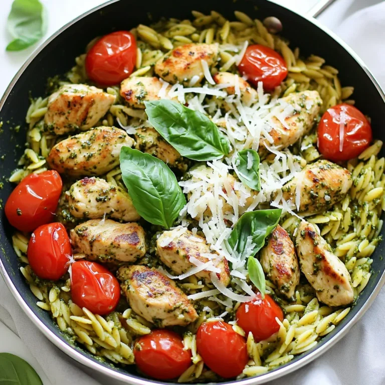 To make One-Pan Chicken Pesto Orzo, gather these simple ingredients: - Boneless, skinless chicken breasts - Orzo pasta - Low-sodium chicken broth - Cherry tomatoes - Fresh baby spinach - Pesto (store-bought or homemade) - Olive oil - Garlic powder - Salt - Pepper - Parmesan cheese - Fresh basil Each item plays a key role in creating a tasty dish. The chicken provides protein, while orzo gives a hearty base. Cherry tomatoes add sweetness and color. Fresh spinach brings in nutrients and brightness. Pesto ties all the flavors together with its herb-packed punch. Olive oil keeps everything moist, and garlic powder adds depth. Salt and pepper enhance the taste, and Parmesan cheese offers a rich finish. Finally, fresh basil elevates the aroma and presentation. With these ingredients, you're set for a delightful cooking experience! {{ingredient_image_2}} Start by heating two tablespoons of olive oil in a large skillet over medium-high heat. Once the oil shimmers, add one pound of bite-sized chicken pieces. Season the chicken with salt, black pepper, and one teaspoon of garlic powder. Cook the chicken for about 5 to 7 minutes. Look for a golden brown color and make sure it is cooked through. Stir occasionally to cook evenly. After the chicken is done, add one cup of orzo pasta directly to the skillet. Stir it well so the orzo mixes with the chicken and absorbs all the flavors. Then, pour in two cups of low-sodium chicken broth. Increase the heat to bring the mixture to a gentle boil. Once it boils, reduce the heat to low. Cover the skillet and let it simmer for about 10 minutes. The orzo should soak up most of the broth and become tender. After simmering, uncover the skillet. Gently stir in one cup of halved cherry tomatoes and one cup of fresh baby spinach. Add half a cup of pesto. Stir everything together. Cook for an additional 2 to 3 minutes. This lets the spinach wilt and all the ingredients heat through. Remove the skillet from heat. If you want, sprinkle a quarter cup of grated Parmesan cheese on top for extra flavor. For a nice finish, garnish with fresh basil leaves. This adds a pop of color and aroma to your dish. Serve it in bowls and enjoy your delicious one-pan chicken pesto orzo! To boost flavor, try adding these seasonings: - Crushed red pepper for heat - Lemon zest for brightness - Fresh herbs like parsley or cilantro You can also explore different types of pesto. Basil pesto is classic, but sun-dried tomato or arugula pesto can add a nice twist. Each type gives a unique taste to your dish. Cooking orzo perfectly is key. Make sure to stir the orzo often while it cooks. This helps prevent sticking. Always check for doneness a minute or two before the time is up. To avoid overcooked vegetables, add them at the right time. Cherry tomatoes and spinach need just a few minutes to soften. If you cook them too long, they can lose flavor and texture. Serving this dish can be fun! I love using bowls for a cozy feel. Add a sprinkle of Parmesan cheese on top for a creamy touch. For visual appeal, garnish with fresh basil leaves. A little drizzle of olive oil not only adds shine but enhances the taste. Enjoy the vibrant colors and aromas of your meal! Pro Tips Use Fresh Ingredients: Opt for fresh spinach and ripe cherry tomatoes for the best flavor and texture in your dish. Customize Your Pesto: Experiment with different types of pesto, such as sun-dried tomato or roasted red pepper, for a unique twist. Monitor Orzo Cooking: Keep an eye on the orzo as it cooks; you want it tender but still al dente for the perfect bite. Enhance Flavor with Lemon: A squeeze of fresh lemon juice before serving can brighten the dish and enhance all the flavors. {{image_4}} You can switch proteins in this dish. Shrimp works well instead of chicken. For a plant-based option, use tofu. Both options add unique flavors. Feel free to change up the veggies. Instead of spinach, try kale or zucchini. You can also add bell peppers for a sweet crunch. The goal is to use what you love. If you need a gluten-free meal, use gluten-free orzo. This keeps the dish tasty while meeting dietary needs. Always check labels to ensure the pasta is certified gluten-free. For a vegan version, skip the chicken and cheese. Use a vegan pesto made from nuts and herbs. This way, you still enjoy great flavor without animal products. Change the pesto flavor to mix things up. You might try sun-dried tomato pesto for a rich taste. Garlic or spicy pesto can add a kick too. Incorporating spices can elevate the dish. Try adding red pepper flakes for heat or lemon zest for brightness. Fresh herbs like thyme or oregano can also add depth. These small additions can make a big difference! To keep your One-Pan Chicken Pesto Orzo fresh, use airtight containers. Glass or plastic containers work well. Make sure the dish cools before sealing. Refrigerate leftovers within two hours. This helps keep food safe and tasty. The orzo will stay good for about three to four days in the fridge. When it’s time to enjoy leftovers, you have a few options. You can use a microwave or stovetop. If using the microwave, place the orzo in a bowl. Cover it with a damp paper towel. Heat in short bursts, stirring in between. This keeps the orzo from drying out. On the stovetop, heat gently over low heat. Add a splash of broth or water to keep it moist. Stir often to maintain the texture and flavor. You can freeze One-Pan Chicken Pesto Orzo for longer storage. Let it cool completely before freezing. Use a freezer-safe container or bag. Try to remove as much air as possible. This helps prevent freezer burn. The dish can last for up to three months. When you’re ready to eat, thaw it in the fridge overnight. Reheat on the stove with a little broth for best results. This keeps the orzo creamy and delicious. Yes, you can prepare One-Pan Chicken Pesto Orzo in advance. Here are some meal prep tips: - Cook and Cool: Make the dish and let it cool completely. This keeps the orzo from becoming mushy. - Store in Containers: Divide into portions and place in airtight containers. This makes it easy to grab later. - Refrigerate: You can store it in the fridge for up to three days. - Reheat: When ready to eat, warm it up in a skillet or microwave. Add a splash of broth to keep it moist. Pair this dish with some tasty sides. Here are a few ideas: - Garlic Bread: Crunchy and buttery, it complements the dish well. - Garden Salad: A fresh salad adds a nice crunch. Use mixed greens, cucumbers, and a light vinaigrette. - Roasted Vegetables: Carrots, zucchini, or bell peppers work great. They add color and flavor. - Steamed Broccoli: This adds a healthy touch and pairs well with pesto. Making pesto at home is easy and fun. Here’s a basic recipe: - Ingredients Needed: - 2 cups fresh basil leaves - 1/2 cup grated Parmesan cheese - 1/2 cup extra virgin olive oil - 1/3 cup pine nuts (or walnuts) - 2 cloves garlic - Salt to taste - Instructions: 1. Combine basil, cheese, nuts, and garlic in a food processor. 2. Pulse until chopped. 3. While blending, slowly add olive oil until smooth. 4. Season with salt to taste. 5. Store in a jar with a layer of oil on top to keep it fresh. This homemade pesto adds fresh flavor to your orzo dish. Enjoy the bright taste! In this post, we covered an easy recipe for One-Pan Chicken Pesto Orzo. You learned about essential ingredients, step-by-step cooking methods, and tips to enhance flavor. Variations for different diets were shared, plus storage and reheating info. You now have the tools to make a tasty meal. This recipe is flexible, so feel free to experiment. Enjoy your cooking journey, and delight in your delicious dish!