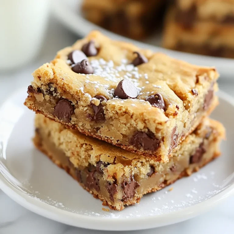 - 1 cup unsalted butter, softened to room temperature - 1 cup packed brown sugar - 1/2 cup granulated sugar - 2 large eggs, at room temperature - 2 teaspoons pure vanilla extract - 3 cups all-purpose flour - 1 teaspoon baking soda - 1/2 teaspoon fine sea salt - 2 cups semi-sweet chocolate chips - 1/2 cup chopped walnuts (optional, for a delightful crunch) To make these melt-in-your-mouth chocolate chip cookie bars, you need simple yet essential ingredients. First, unsalted butter creates a rich base. Use brown sugar for moisture and sweetness. Granulated sugar adds a nice crunch. With eggs and vanilla, you get a delightful flavor. Next, you need all-purpose flour, which gives the bars structure. Baking soda helps them rise and become soft. Sea salt balances sweetness and enhances flavor. Finally, the chocolate chips bring that gooey goodness. If you like a bit of crunch, toss in some chopped walnuts. Gather these ingredients before starting. This way, you’ll have everything ready to go. You’ll enjoy the process and the tasty results! {{ingredient_image_2}} Set your oven to 350°F (175°C). Grab a 9x13-inch baking pan. Lightly grease it with butter or use parchment paper. This helps the cookie bars come out easily. In a large mixing bowl, mix 1 cup of softened butter with 1 cup of packed brown sugar and 1/2 cup of granulated sugar. Use an electric mixer on medium speed. Beat until it looks light and fluffy, about 2-3 minutes. Now, add 2 large eggs, one at a time, to the butter-sugar mix. Beat well after each egg. Next, pour in 2 teaspoons of pure vanilla extract and mix it until smooth. In a separate bowl, whisk together 3 cups of all-purpose flour, 1 teaspoon of baking soda, and 1/2 teaspoon of fine sea salt. Gradually add this dry mix to the wet ingredients. Mix gently with a spatula or wooden spoon until just combined. Be careful not to over-mix! Add 2 cups of semi-sweet chocolate chips to the dough. If you like, add 1/2 cup of chopped walnuts for some crunch. Gently fold these into the dough until evenly mixed. Transfer the cookie dough into your prepared baking pan. Use a spatula to spread it evenly. Place the pan in the oven and bake for 25-30 minutes. Look for golden edges and check with a toothpick; it should come out with a few moist crumbs. Once baked, let the cookie bars cool in the pan for about 10 minutes. Carefully remove them and place them on a wire rack to cool completely. After they cool, cut them into squares or rectangles. Enjoy this melt-in-your-mouth treat! Creaming the butter and sugars is key. You want the mix to be light and fluffy. This step helps to trap air, which makes the cookie bars rise. Use softened, unsalted butter for the best results. Beat the butter with both sugars for about 2-3 minutes. The color should lighten as you mix. This shows you’ve done it right. You need to be gentle when mixing wet and dry ingredients. After you add the flour, baking soda, and salt, mix just until combined. Over-mixing can make the cookie bars tough. Use a spatula or wooden spoon. Fold in the chocolate chips and walnuts carefully. This keeps the dough soft and chewy. Checking doneness is simple. Bake your bars for 25-30 minutes. Look for golden edges. Insert a toothpick in the center. It should come out with moist crumbs, not wet batter. If you see wet batter, they need more time. Remember, they will continue to cook a bit after you take them out. This helps keep them soft and delicious. Pro Tips Room Temperature Ingredients: Ensure your eggs and butter are at room temperature for better incorporation and a smoother dough. Don’t Overmix: Mix the dry ingredients into the wet just until combined. Overmixing can result in tough cookie bars. Check for Doneness: Use a toothpick to check for doneness; it should come out with a few moist crumbs, not wet batter. Storage Tips: Store cookie bars in an airtight container at room temperature for up to a week, or freeze for longer shelf life. {{image_4}} To make these cookie bars nut-free, simply skip the walnuts. This change keeps the bars soft and tasty without any crunch. You still get the melt-in-your-mouth goodness from the chocolate. If you want a bit more texture, try adding oats. Just use 1/2 cup of rolled oats in place of the walnuts. This keeps it nut-free and adds a nice chew. You can change up the chocolate in these bars! Use any type you like. For a sweeter taste, use milk chocolate chips. Dark chocolate gives a deeper flavor and is less sweet. If you want something creamy, go for white chocolate chips. Feel free to mix different types of chocolate too. This way, you create your own unique flavor blend. Want to add a twist? You can mix in spices or extracts. A touch of cinnamon gives warmth and a hint of spice. Try adding 1 teaspoon of cinnamon to the dough. Almond extract adds a rich flavor. Use 1 teaspoon instead of vanilla. You can even add a pinch of sea salt for extra depth. These small changes can make your cookie bars even more special! To keep your cookie bars fresh, store them in an airtight container. Place parchment paper between layers to prevent sticking. This keeps them soft and tasty. If you prefer a crispy edge, store them uncovered. To freeze your cookie bars, let them cool completely. Cut them into squares before freezing. Wrap each piece tightly in plastic wrap. Place them in a freezer bag or container. Thaw them at room temperature for about one hour, or microwave for a few seconds. These cookie bars stay fresh for up to one week at room temperature. If you store them in the fridge, they can last about two weeks. Freezing extends their life to about three months. Enjoy them whenever you want a sweet treat! Yes, you can use margarine in place of butter. Margarine works well in baking. It adds moisture and fat to your cookie bars. However, the taste may change slightly. Butter gives a rich flavor that many love. If you want the best taste, stick with real butter. To check if your cookie bars are done, look for golden edges. The center should look slightly soft. A toothpick test works well. Insert a toothpick into the center. If it comes out with a few moist crumbs, they are ready. If it has wet batter, bake a bit longer. To cut cookie bars without crumbling, let them cool first. After cooling for about 10 minutes, turn them out onto a wire rack. Use a sharp knife to slice them. Make clean cuts to avoid breaking the bars. A ruler can help you get even squares if you want. This blog post covered a delicious cookie bar recipe. We discussed every step, from gathering ingredients to storage tips. Remember, the key is to cream your butter and sugars well for the best texture. You can also try different types of chocolate or add spices for fun. Store cookie bars properly to keep them fresh. I hope you find joy in baking these treats. With practice, you’ll master them and impress your friends and family! Happy baking!