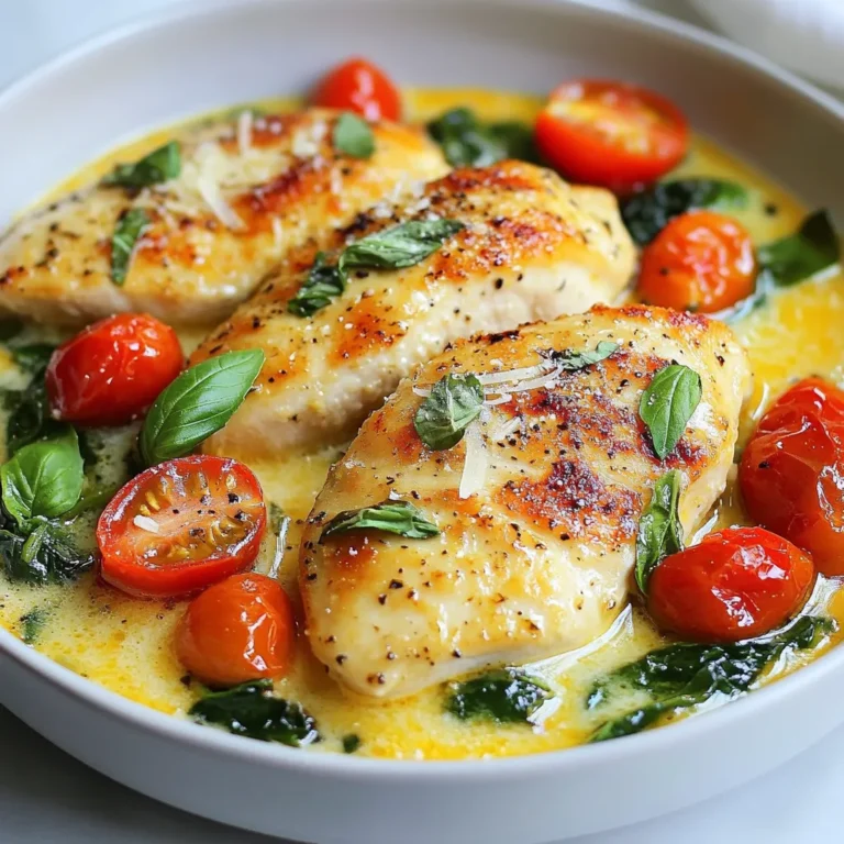 Let's dive into the ingredients for this creamy garlic Tuscan chicken. Each item plays a key role in building the dish's rich flavors. Here’s what you need: - 4 boneless, skinless chicken breasts - 2 tablespoons olive oil - 4 cloves garlic, minced - 1 cup heavy cream - 1 cup cherry tomatoes, halved - 2 cups fresh spinach - 1 teaspoon Italian seasoning - Salt and pepper to taste - Grated Parmesan cheese, for garnish - Fresh basil leaves, for garnish This mix of ingredients creates a delightful meal. The chicken breasts provide a nice protein base. Olive oil adds richness, while garlic gives a strong flavor. Heavy cream makes the sauce smooth and creamy. Cherry tomatoes add a burst of sweetness. Fresh spinach brings color and nutrition. Italian seasoning ties it all together with herbs. Salt and pepper enhance every bite. Parmesan cheese on top adds a savory finish, and fresh basil gives a bright touch. Remember, the quality of each ingredient matters. Fresh items will give the best taste. Use good olive oil and fresh garlic for the best results. Enjoy gathering these ingredients, as they set the stage for a wonderful meal. {{ingredient_image_2}} - Seasoning Tips: Start by seasoning both sides of each chicken breast. Use salt, pepper, and Italian seasoning. This mix gives a great flavor to the chicken. - Searing for Flavor: Next, heat olive oil in a skillet over medium-high heat. Once it shimmers, add the chicken. Sear each side for 5-7 minutes until golden brown. Ensure the chicken reaches 165°F. This step locks in the juices and adds a nice crust. - Importance of Garlic Timing: After cooking the chicken, lower the heat to medium. Add minced garlic to the same skillet. Stir it for about a minute until fragrant. Watch it closely; burnt garlic tastes bitter and ruins the sauce. - Thickening Techniques: Pour in the heavy cream gradually while stirring. Increase heat slightly and let it simmer for 2-3 minutes. This helps the sauce thicken nicely and blend well with the garlic flavor. - Cooking Tips for Spinach and Tomatoes: Add halved cherry tomatoes and fresh spinach to the skillet. Stir them into the sauce and cook for 3-4 minutes. The spinach wilts down, and the tomatoes soften, adding a burst of flavor to the dish. - Ensuring Chicken is Coated: Place the seared chicken back into the skillet. Nestle each piece into the creamy sauce. Let it warm for 2-3 minutes. This step ensures the chicken is covered in the rich sauce. - Presentation Tips: Serve the creamy Tuscan chicken on plates. Top it with grated Parmesan cheese and fresh basil leaves. For an elegant touch, place the chicken on a bed of sautéed spinach and tomatoes. Drizzle some extra sauce over the top for added flair. - Temperature Checks: Always check the internal temperature of your chicken. It should reach 165°F to ensure it’s safe to eat. Use a meat thermometer for accuracy. This step is key to juicy chicken. - Searing Techniques: Start with medium-high heat to sear your chicken. This gives it a nice golden crust. Avoid overcrowding the pan, as it can lower the heat. Sear for 5-7 minutes on each side. This locks in flavor and moisture. - Flavor Boosters: To elevate your cream sauce, add a pinch of nutmeg or a squeeze of lemon juice. These ingredients add depth and brightness. You can also mix in some crushed red pepper flakes for a little heat. - Ideal Side Dishes: Serve your creamy garlic Tuscan chicken with garlic bread or a fresh salad. Roasted vegetables or a creamy polenta also pair well. These sides complement the rich sauce and provide a balanced meal. Pro Tips Use Fresh Ingredients: Fresh spinach and ripe cherry tomatoes enhance the flavor and brightness of the dish. Whenever possible, opt for seasonal produce for the best results. Control the Heat: When sautéing garlic, keep the heat medium to avoid burning. Burnt garlic can impart a bitter taste to your sauce. Customize Your Sauce: Feel free to add other vegetables like bell peppers or mushrooms to the sauce for added texture and flavor. You can also substitute the heavy cream with a lighter option if desired. Rest the Chicken: Let the chicken rest for a few minutes after cooking before slicing. This helps retain its juices and ensures a more tender bite. {{image_4}} You can switch the chicken for many other proteins. Try using shrimp or salmon. Both options cook quickly and pair well with the creamy sauce. You can also use pork chops for a hearty meal. Just adjust the cooking time to ensure your protein is cooked through. Adding veggies boosts flavor and nutrition. I suggest using bell peppers for sweetness or zucchini for a fresh taste. Broccoli or asparagus also work well, adding crunch and color. Don’t be shy! Toss in whatever you love to eat. If you want to skip heavy cream, use alternatives. Coconut milk gives a sweet twist, while Greek yogurt adds tang. You can also use low-fat milk for a lighter dish. For a kick, add red pepper flakes or a splash of lemon juice. These options keep the dish exciting! To keep your creamy garlic Tuscan chicken fresh, store it in the fridge. Place it in an airtight container. It will last for about 3 to 4 days. Make sure to let it cool before sealing. This helps prevent condensation that can make the chicken soggy. When you’re ready to enjoy leftovers, the best way to reheat is on the stove. Place the chicken in a skillet over low heat. Add a splash of cream or broth to keep it moist. Heat it gently until warm. You can also use the microwave, but be careful not to overcook it. If you want to save some for later, freezing is a great option. First, let the chicken cool completely. Then, place it in a freezer-safe bag or container. Remove as much air as possible. It will keep well for up to 3 months. To thaw, move it to the fridge overnight. Reheat as mentioned above for best results. To make chicken tender and juicy, start with fresh, high-quality chicken breasts. Here are some key tips: - Brine the Chicken: Soak your chicken in a saltwater solution for at least 30 minutes. This helps keep the meat moist. - Season Generously: Use salt and pepper along with herbs like Italian seasoning for extra flavor. - Cook at the Right Temperature: Sear the chicken over medium-high heat until golden brown. Ensure the internal temperature reaches 165°F to keep it juicy. - Rest the Chicken: Let the chicken rest for a few minutes after cooking. This lets the juices settle, making the meat more tender. Yes, you can prepare this dish ahead of time. Here’s how: - Cook the Chicken: Follow the recipe but stop before adding the cream sauce. - Cool and Store: Place the chicken in an airtight container once cooled. Store it in the fridge for up to 2 days. - Reheat with Sauce: When you are ready to eat, reheat the chicken in a skillet. Add the cream sauce and veggies to warm them through. Pair this dish with delicious sides to complete your meal. Here are some ideas: - Garlic Bread: Perfect for soaking up the creamy sauce. - Steamed Vegetables: Broccoli or green beans add a nice crunch. - Pasta: Serve over fettuccine or penne for a hearty option. - Salad: A fresh garden salad brightens the plate and balances the meal. Yes, you can make low-carb versions of this dish. Consider these suggestions: - Use Zoodles: Swap pasta for spiralized zucchini for a low-carb alternative. - Substitute Cream: Use coconut cream or a low-carb cream alternative. - Add More Veggies: Increase the spinach and add bell peppers or mushrooms for extra flavor without the carbs. - Skip the Cheese: Omit or reduce the Parmesan cheese to lower the carb count further. This recipe is simple and packed with flavor. You learned how to make creamy garlic Tuscan chicken using fresh ingredients. I shared tips for cooking chicken perfectly and enhancing the cream sauce. Remember, you can customize this dish with different proteins and veggies. Storing and reheating leftovers is easy and keeps your meal fresh. Experiment with side dishes to complete your meal. Enjoy cooking and making this delicious recipe your own!