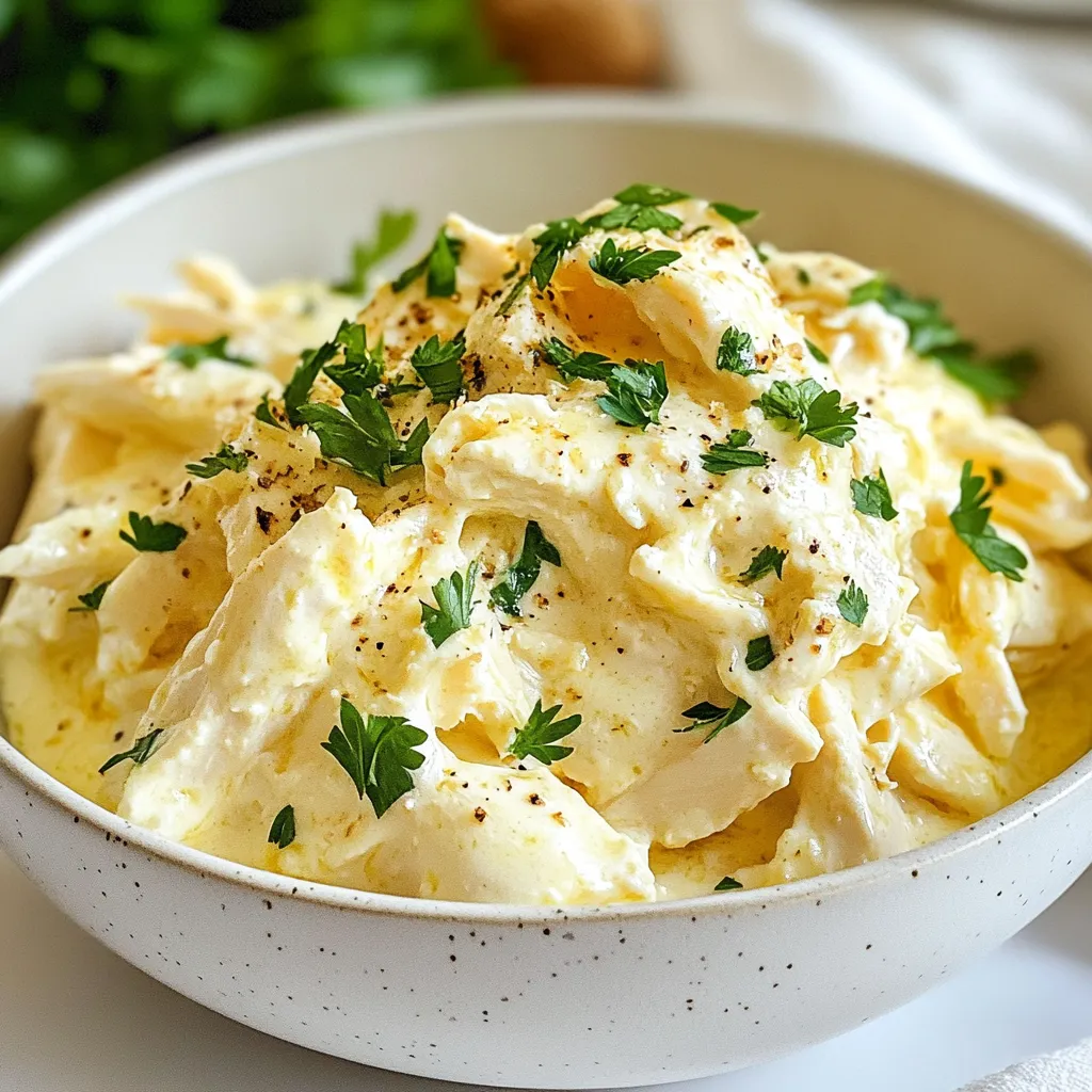 - 4 boneless, skinless chicken breasts - 1 cup heavy cream - 1 cup grated Parmesan cheese - 6 cloves garlic, finely minced - 1 teaspoon Italian seasoning - 1 teaspoon garlic powder - Salt and freshly ground black pepper, to taste Chicken is the star of this dish. I prefer boneless, skinless breasts for easy cooking. They soak up the sauce well. Heavy cream adds richness and smoothness. The Parmesan cheese gives a salty and nutty flavor. Garlic makes everything better! Italian seasoning adds extra depth to the taste. Seasoning with salt and pepper enhances all the flavors. - 1 cup chicken broth - 2 tablespoons olive oil Chicken broth adds moisture and flavor. It helps keep the chicken tender. I use olive oil to sear the chicken. It gives a nice golden crust. - Fresh parsley, finely chopped (for garnish) - Optional toppings like extra Parmesan cheese Fresh parsley brightens the dish. It adds a pop of green and freshness. You can sprinkle extra Parmesan on top for a cheesy touch. This makes the dish look fancy and appetizing. {{ingredient_image_2}} - Preparing the Chicken Start with four boneless, skinless chicken breasts. Rinse them under cool water and pat them dry. This helps the seasonings stick better. Season both sides with salt, pepper, garlic powder, and Italian seasoning. - Cooking in the Skillet In a large skillet, heat two tablespoons of olive oil over medium heat. Once hot, place the chicken breasts in the skillet. Cook for about 3-4 minutes on each side. You want a nice golden-brown crust. This step adds flavor and makes the chicken juicy. After searing, remove the chicken and set it aside on a plate. - Combining Ingredients In a mixing bowl, whisk together one cup of chicken broth, one cup of heavy cream, six cloves of minced garlic, and one cup of grated Parmesan cheese. Make sure everything blends well. This will be your delicious sauce that makes the chicken creamy and rich. - Ensuring Smoothness Check the mixture for any lumps. It should be smooth and creamy. If needed, whisk again until you get the right texture. A smooth sauce ensures every bite is packed with flavor. - Layering Chicken and Sauce Place the seared chicken breasts in the crockpot in a single layer. Pour the creamy garlic sauce over the chicken. Ensure each piece is well-coated. This helps the chicken absorb all the flavors while cooking. - Setting Cooking Time Cover the crockpot with its lid. Set it to cook on low for 6-7 hours or on high for 3-4 hours. Check the chicken at the end of the cooking time. It should be tender and cooked through. This slow cooking makes the chicken so soft and flavorful. - Shredding Technique Once the cooking time is up, use two forks to shred the chicken inside the crockpot. This makes it easier to mix with the sauce. The chicken should fall apart easily. Stir the shredded chicken in the sauce to coat it well. - Serving Suggestions Serve the creamy garlic Parmesan chicken over rice, pasta, or alongside steamed veggies. For a nice touch, garnish with freshly chopped parsley and a sprinkle of extra Parmesan. This adds color and a fresh flavor to your dish. Enjoy your meal! Achieving Golden-Brown Chicken To get that nice golden color, heat olive oil on medium. Season your chicken with salt, pepper, garlic powder, and Italian seasoning. Once the oil is hot, add the chicken. Sear it for about 3-4 minutes on each side. This step adds flavor and texture. Seasoning Tips Don’t be shy with the seasonings! Generous amounts of salt and pepper work wonders. Garlic powder and Italian seasoning add depth. You’ll notice the difference in every bite. Adjusting for Different Heat Settings Cooking times vary with heat settings. On low, expect to cook for 6-7 hours. If you’re in a hurry, use high for 3-4 hours. Always check that the chicken is fully cooked before serving. Tips for Tender Chicken For the best texture, don’t rush the cooking. Cooking on low allows the chicken to soak up flavors. If you find your chicken is tough, it may need more time. Additional Seasonings Want to spice things up? Try adding red pepper flakes for heat. Herbs like thyme or rosemary can also enhance the dish. Mix and match to create your own twist! Pairing Suggestions This creamy dish pairs well with rice, pasta, or vegetables. Serve it over steamed broccoli or nestled next to mashed potatoes. Each option adds a nice balance to the meal. Pro Tips Perfectly Sear the Chicken: Make sure your skillet is hot enough before adding the chicken. A good sear will lock in juices and enhance flavor. Use Fresh Garlic: For the best flavor, use fresh garlic instead of pre-minced. It adds a vibrant taste to the dish. Adjust Consistency: If the sauce is too thick after cooking, you can thin it out with a little more chicken broth or cream to reach your desired consistency. Meal Prep Ready: This dish is perfect for meal prep! It reheats well and can be served with various sides throughout the week. {{image_4}} Healthier Options You can make this dish lighter by using chicken thighs instead of breasts. They have more flavor and stay juicy. For a lower-calorie sauce, swap heavy cream for Greek yogurt. This will still give you creaminess without the extra fat. Dairy-Free Alternatives If you want a dairy-free version, replace heavy cream with coconut milk. Use nutritional yeast instead of Parmesan cheese for a cheesy flavor. This keeps your meal creamy and delicious without dairy. Instant Pot Instructions To cook this in an Instant Pot, sear the chicken first in the pot. Then, mix the sauce ingredients as you would for the crockpot. Add the chicken and sauce, seal the lid, and cook on high pressure for 10 minutes. Quick release the pressure, shred the chicken, and mix it with the sauce. Oven-Baked Version For an oven-baked version, sear the chicken in a skillet. Then, place it in a baking dish. Pour the sauce over the chicken and cover it with foil. Bake at 375°F for about 30-35 minutes. This gives a nice baked texture while keeping it moist. Adding Vegetables You can easily add vegetables to this dish. Try adding spinach or sun-dried tomatoes for extra flavor. Bell peppers or mushrooms also work well. Just toss them in the crockpot with the chicken and sauce. Spicy Versions Want some heat? Add red pepper flakes or diced jalapeños to the sauce. This will give your dish a nice kick. You can adjust the spice level based on your taste. Enjoy the creamy and spicy mix! To store leftovers, let the chicken cool first. Place it in an airtight container. This keeps it fresh for later meals. You can refrigerate it for 3-4 days. Make sure to check for any signs of spoilage before eating. To freeze this creamy chicken, let it cool completely. Place it in a freezer-safe bag or container. Squeeze out excess air to prevent freezer burn. It stays good for up to three months. For thawing, move it to the fridge overnight. This keeps the chicken safe and tasty. You can also use the microwave. Just be sure to use the defrost setting. You can reheat in the microwave or on the stovetop. For the microwave, put it in a safe dish. Heat it in short bursts, stirring in between. For stovetop, warm it in a pan over low heat. Add a splash of cream if it looks thick. This keeps the dish creamy and delicious. Enjoy your meal again! Yes, you can use frozen chicken breasts in this recipe. When using frozen chicken, you need to adjust the cooking time. Cook it on high for about 5-6 hours. The chicken will stay juicy and tender. Just ensure the chicken reaches a safe internal temperature of 165°F. If you want a lighter option, try using half-and-half instead of heavy cream. You can also mix milk with a little cornstarch. Use a ratio of 1 cup of milk with 2 tablespoons of cornstarch. This will help mimic the creaminess you want. To thicken the sauce, you can add a cornstarch slurry. Mix 1 tablespoon of cornstarch with 2 tablespoons of cold water. Stir this into the sauce about 30 minutes before the cooking ends. Alternatively, you can let the sauce cook longer with the lid off to reduce it. Yes, this dish can be gluten-free. Just ensure your chicken broth and any added seasonings do not contain gluten. Most chicken broths are gluten-free, but it’s best to check the label. Enjoy this creamy delight without any worries! This blog post gave you a clear path to a creamy chicken dish. We covered key ingredients, step-by-step cooking methods, and storage tips. You now know how to achieve the perfect sear and can even try different cooking styles. Remember, you can modify flavors and ingredients to fit your taste. This dish is both flexible and delicious, making it a great choice for meals. Enjoy your cooking, and don’t shy away from experimenting to make it your own!