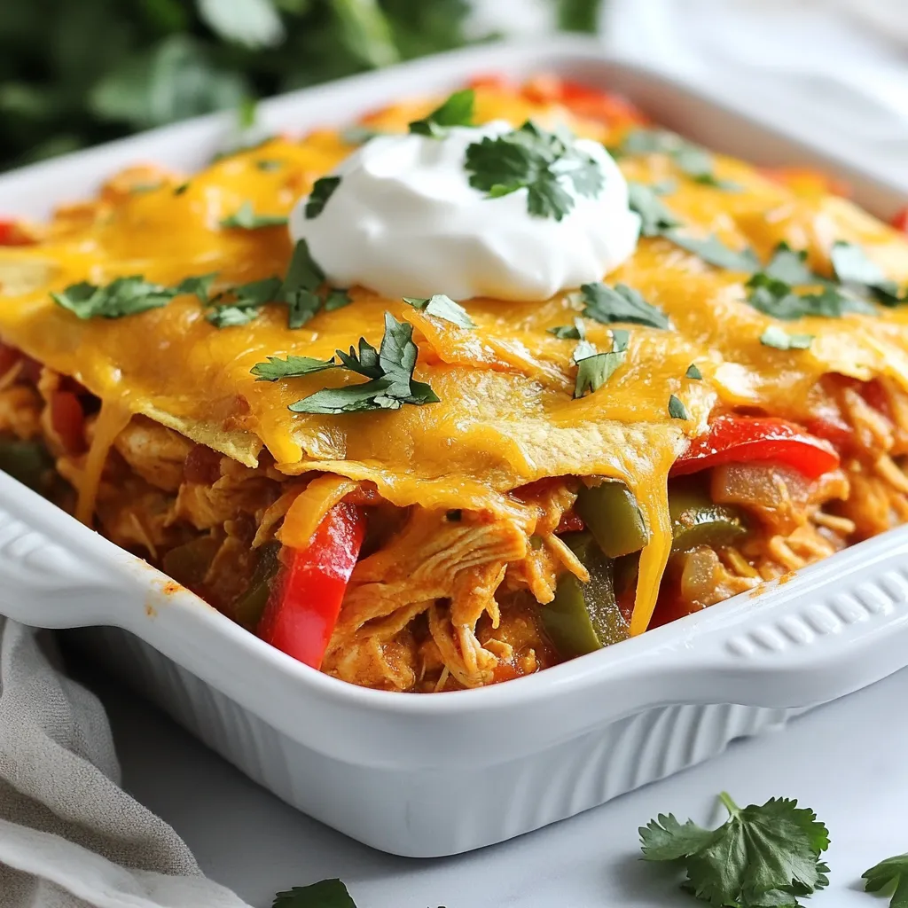 - 2 cups cooked shredded chicken - 1 red bell pepper, thinly sliced - 1 green bell pepper, thinly sliced - 1 medium onion, thinly sliced - 1 (15 oz) can black beans, drained and rinsed - 1 cup corn (fresh, canned, or frozen) - 1 cup salsa (mild, medium, or hot, depending on preference) - 1 teaspoon chili powder - 1 teaspoon ground cumin - 1 teaspoon garlic powder - 1 teaspoon smoked paprika - 8 small tortillas, cut into strips or triangles - 2 cups shredded cheese (cheddar, Monterey Jack, or Mexican blend) - Fresh cilantro, finely chopped (for garnish) - Sour cream (for serving) Gathering these ingredients brings the flavors of Mexico right to your kitchen. I love using fresh bell peppers for a crisp bite. The mix of red and green adds color and nutrition. Shredded chicken makes this dish quick and easy. You can use leftover chicken or rotisserie chicken. Black beans add protein and fiber. They pair well with corn for a sweet touch. The salsa brings zest, and the spices create warmth. I use chili powder, cumin, garlic powder, and smoked paprika for a flavorful kick. These spices are key to the dish’s heartiness. Tortillas form the base of the casserole. I recommend using small ones for easy layering. Finally, shredded cheese melts beautifully on top. It creates a delicious, gooey layer. Garnishing with cilantro and sour cream adds freshness. These ingredients make this dish a savory and simple delight! {{ingredient_image_2}} - Preheat the oven to 350°F (175°C). - Gather and measure all ingredients. This makes cooking easier. - In a large bowl, combine the cooked shredded chicken, sliced bell peppers, sliced onion, black beans, corn, salsa, chili powder, cumin, garlic powder, and smoked paprika. - Stir well. This ensures even coating with salsa and spices. You want every bite to burst with flavor. - Start with half of the tortilla strips. Spread them evenly in a 9x13 inch casserole dish. - Pour half of the chicken and veggie mixture over the strips. Spread it evenly. Then sprinkle half of the shredded cheese on top. - Add the remaining tortilla strips as the second layer. Follow with the rest of the chicken mixture. Top with the remaining cheese. Make sure to cover it well. - Cover the casserole dish with aluminum foil. This helps keep moisture in. - Place it in the preheated oven and bake for 25 minutes. - After 25 minutes, carefully remove the foil. Continue baking for an extra 10-15 minutes. Check for bubbly, golden cheese. - Let the casserole sit for 5-10 minutes before serving. This helps it set and makes slicing easier. - Garnish with chopped fresh cilantro for color and flavor. Serve with sour cream for extra creaminess. - Choosing the right spices for authentic flavor: Use chili powder, cumin, garlic powder, and smoked paprika. These spices give a rich taste. Adjust the amounts based on your spice preference. A little can go a long way! - Ensuring chicken stays moist: Use cooked shredded chicken for the best results. Mixing it with salsa and veggies keeps it juicy. Avoid overcooking when baking, as this can dry it out. - Pairing with side dishes: This casserole goes well with rice or a fresh salad. Both add balance to the meal. You can also serve it with tortilla chips for crunch. - Recommended drinks to serve: Pair this dish with a cold drink. Try lemonade or iced tea for a refreshing touch. For adults, a light beer or margarita works nicely too. - Family-style vs. individual plating: Serve it directly from the dish for a cozy family meal. For a more formal setting, plate individual portions. - How to add a pop of color: Top the casserole with fresh cilantro. Add a lime wedge on the side for a bright touch. A sprinkle of cheese can also enhance the look. Pro Tips Use Rotisserie Chicken: For a quicker preparation, consider using store-bought rotisserie chicken. It saves time and adds great flavor! Customize Your Heat: Adjust the spiciness of your casserole by choosing the salsa and chili powder according to your preference—mild for family-friendly, or hot for a spicy kick! Vegetarian Option: To make this casserole vegetarian, simply omit the chicken and add extra beans or sautéed vegetables like zucchini or mushrooms for added texture and flavor. Storage Tips: Leftovers can be stored in an airtight container in the refrigerator for up to 3 days. Reheat in the oven or microwave for a quick meal! {{image_4}} You can switch out the chicken for different proteins. Beef is a great choice. It adds a rich flavor. If you prefer a plant-based meal, use tofu instead. Tofu absorbs spices well, making it tasty. You can also try a veggie-only version. Just load up on more bell peppers, beans, and corn. This option is healthy and colorful. Cheese can change the taste and feel of your casserole. Cheddar gives a sharp flavor, while Monterey Jack adds creaminess. A Mexican blend offers a nice mix of flavors. You can even use a spicy cheese to add a kick! The type of cheese you choose affects how gooey or crumbly your dish gets. A good melting cheese is key for that perfect bite. Adjust the spice level to match your taste. Start with mild salsa for a gentle heat. If you want more spice, choose medium or hot salsa. You can also add fresh jalapeños for extra heat. Just slice them thin and mix them in. This makes the dish exciting. Everyone can enjoy a flavor that suits them best! To store leftovers, let the casserole cool first. Place it in an airtight container. You can keep it in the fridge for up to three days. For best taste, eat it within this time. When storing, cover the top with plastic wrap or foil to keep it fresh. To keep the casserole fresh, avoid leaving it out at room temperature for too long. Always refrigerate it within two hours after serving. This helps prevent any bacteria growth and keeps the flavors intact. If you want to save some for later, freezing is a great choice. First, let the casserole cool completely. Then, wrap it tightly in plastic wrap. You can also use a freezer-safe container. It can stay good in the freezer for up to three months. When you’re ready to eat it, thaw it overnight in the fridge. To reheat, preheat your oven to 350°F (175°C). Place the casserole in a baking dish and cover with foil. Heat for about 30-40 minutes or until it's hot all the way through. In the fridge, the Fajita Chicken Casserole lasts about three days. In the freezer, it’s safe for up to three months. After these times, the taste may fade or it may not be safe to eat. Always check for any signs of spoilage before eating. Yes, you can make this casserole ahead of time. To do this, prepare the casserole up to the baking step. Cover it tightly and store it in the fridge for up to 24 hours. When you are ready to bake, just add extra time to the cooking process. This ensures that it heats through evenly. Small corn or flour tortillas work best for this dish. Corn tortillas give a nice crunch, while flour tortillas add a softer texture. Both options blend well with the chicken and veggies. Just make sure to cut them into strips or triangles for easy layering. Absolutely! You can use turkey, beef, or even tofu. For a vegetarian option, try black beans or lentils. Each protein will change the flavor slightly, so choose one that you love. Just make sure to cook any raw meats before adding them to the casserole. To add more heat, use a spicier salsa or add diced jalapeños. You can also sprinkle in some crushed red pepper flakes. If you like smoky flavors, try adding chipotle powder. Adjust the spices to fit your taste for a custom kick. Great sides to serve with this casserole include: - Mexican rice - Refried beans - Simple green salad - Grilled corn on the cob - Chips and guacamole These sides complement the flavors in the casserole and make for a full meal. Enjoy! This post covered how to make a Fajita Chicken Casserole. We went through the ingredients, from chicken and spices to cheese and garnishes. I shared step-by-step directions for preparation, mixing, and baking. You learned tips for great flavors and how to serve it right. Remember, feel free to change ingredients based on your taste. Enjoy making this dish, and have fun with your cooking!