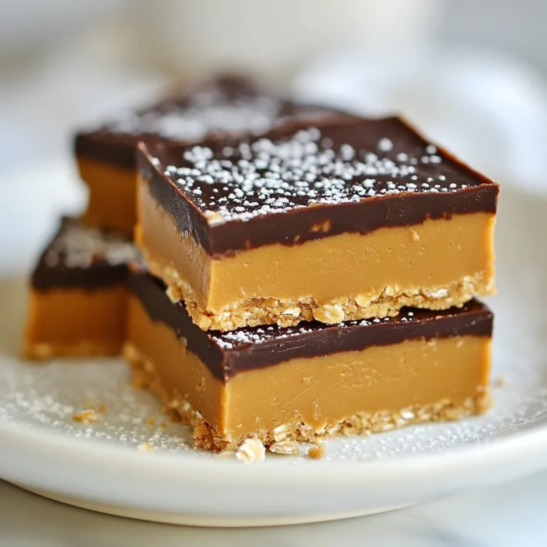To make these tasty no bake peanut butter bars, you will need a few simple ingredients. Here’s the list: - 1 cup creamy peanut butter - 1/2 cup honey or maple syrup - 2 cups rolled oats - 1/2 cup dark chocolate chips - 1/4 cup powdered sugar (optional) - 1/2 teaspoon vanilla extract - 1/4 teaspoon salt Each ingredient plays a role in making these bars delicious. The creamy peanut butter gives a rich, nutty flavor. Honey or maple syrup adds sweetness and binds everything together. Rolled oats provide texture and bulk, making the bars filling. Dark chocolate chips add a touch of indulgence. If you want them sweeter, the powdered sugar can help. Vanilla extract enhances the overall taste, while salt balances the sweetness. Using quality ingredients makes a big difference. Choose natural peanut butter with no added sugars or oils. The oats should be rolled, not quick oats, for best results. For the chocolate, dark chocolate chips offer a nice contrast to the sweet peanut butter. Feel free to gather your ingredients before starting. This helps the cooking process go smoothly and quickly. Enjoy making these easy and tasty bars! {{ingredient_image_2}} - Mixing the Peanut Butter and Sweetener In a medium bowl, add 1 cup of creamy peanut butter and 1/2 cup of honey or maple syrup. Use a spatula or spoon to mix them together. Keep stirring until the mixture is smooth and well combined. - Incorporating Vanilla and Salt Next, add 1/2 teaspoon of vanilla extract and 1/4 teaspoon of salt. Stir again until everything is blended evenly into the peanut butter mixture. - Adding Rolled Oats Gradually add 2 cups of rolled oats to the bowl. Stir continuously until all the oats are coated in the peanut butter mixture. If you want extra sweetness, fold in 1/4 cup of powdered sugar at this stage. - Lining the Baking Pan Grab an 8-inch square baking pan and line it with parchment paper. Make sure the paper hangs over the sides. This will help you lift the bars out later. - Spreading the Mixture Pour the peanut butter-oats mixture into the prepared pan. Use a spatula to spread it out evenly. Press down firmly to create a compact layer. - Melting the Chocolate In a microwave-safe bowl, add 1/2 cup of dark chocolate chips. Microwave on high for 30 seconds, then stir. Repeat this process in 15-30 second intervals until the chocolate is fully melted and smooth. - Pouring the Chocolate Carefully pour the melted chocolate over the pressed peanut butter and oat layer. Use a spatula to spread it evenly across the top. - Chilling in the Refrigerator Place the pan in the refrigerator. Chill for at least 1 hour or until the chocolate sets and the bars are firm. - Cutting into Servings Once set, lift the bars out of the pan using the parchment paper. Cut into squares or rectangles of your desired size. Serve and enjoy! To make your no bake peanut butter bars taste even better, you can adjust the sweetness. If you want them sweeter, add powdered sugar. Start with 1/4 cup. Mix it in with the oats. Taste the mix. If you want more sweetness, add a little more. You can also boost the nutrition with fun add-ins. Try adding flax seeds or chia seeds. These tiny seeds add fiber and omega-3s. You could also mix in some chopped nuts, like almonds or walnuts. They add crunch and flavor. When it comes to presenting your bars, use a nice platter. Arrange the bars neatly on it. You can drizzle some extra melted chocolate on top for flair. It makes them look fancy and delicious. Garnish your bars with a sprinkle of sea salt. This adds a nice contrast to the sweetness. Just a pinch will do. Sea salt makes the chocolate taste richer and the peanut butter pop. Enjoy the process of making them look great! Pro Tips Use Natural Sweeteners: For a healthier option, consider using natural sweeteners like maple syrup or agave nectar instead of honey. Adjust the Oats: Feel free to experiment with different types of oats, such as quick oats or steel-cut oats, for varied textures in your bars. Customize Your Toppings: Add toppings like chopped nuts, shredded coconut, or a sprinkle of sea salt for extra flavor and crunch. Store Properly: Keep the bars in an airtight container in the fridge for up to a week, or freeze for longer storage. {{image_4}} If you need a nut-free option, use sunflower seed butter. This option is great for those with nut allergies. Sunflower seed butter has a creamy texture and a slightly sweet taste. It blends well with the other ingredients. Just substitute it for peanut butter in your recipe. The rest of the steps stay the same. You’ll enjoy a tasty treat without the nuts. To add a chocolate twist, mix in cocoa powder. Start with 1/4 cup of cocoa powder when you add the oats. This change gives the bars a rich chocolate flavor. It pairs well with the peanut butter. You can also include dried fruits or nuts. Try adding 1/2 cup of chopped dried fruits. Raisins, cranberries, or apricots work well. For a crunchy texture, add nuts like almonds or walnuts. Chop them up, and mix them in with the oats. These variations make your bars unique and fun to eat. - Storing in the Refrigerator Store your peanut butter bars in the fridge. Use an airtight container to keep them fresh. If you keep them in the fridge, they will stay firm and tasty. You can enjoy them for a quick snack anytime. - Freezing Instructions You can freeze these bars too! Wrap each bar in plastic wrap. Then, place them in a freezer bag. They can last up to three months in the freezer. When you want to eat one, just thaw it in the fridge overnight. - How Long Do They Last? If stored in the fridge, the bars will stay good for about a week. In the freezer, they can last up to three months. Just check for taste and texture before enjoying them. - Signs of Spoilage Look for any off smells or changes in texture. If the bars feel too soft or sticky, it’s best to throw them away. Keeping an eye on them helps ensure you enjoy fresh, tasty treats! To make no bake peanut butter bars, gather your ingredients. You need creamy peanut butter, honey or maple syrup, rolled oats, dark chocolate chips, powdered sugar, vanilla extract, and salt. First, mix the peanut butter and sweetener in a bowl until smooth. Then, stir in vanilla and salt. Gradually add the oats, mixing well. Line an 8-inch baking pan with parchment paper. Spread the mixture into the pan and press it down firmly. Melt the chocolate in the microwave and pour it over the mixture. Chill the bars for about an hour, then cut them into squares. Yes, you can substitute some ingredients. If you don’t have creamy peanut butter, try almond butter or sun butter. You can use agave syrup or brown rice syrup instead of honey. If you want a nut-free option, sunflower seed butter is great. For those who don’t like oats, you can use crushed graham crackers. Just keep in mind that these changes will alter the flavor and texture slightly. The best way to cut no bake bars is to use a sharp knife. First, lift the bars out of the pan by holding the parchment paper. Place the bars on a cutting board. Cut them into squares or rectangles. To avoid sticking, run the knife under hot water before cutting. Wipe the knife dry between cuts for clean edges. No bake peanut butter bars can be healthy. They contain protein from peanut butter and fiber from oats. If you use honey or maple syrup, you get natural sweetness. However, they can be high in calories, so watch your portion sizes. For a healthier version, you can reduce the sweetener or use less chocolate. Overall, they can serve as a nutritious snack when enjoyed in moderation. You now have a simple recipe for making no-bake peanut butter bars. Start with the right ingredients. Mix them well, follow the steps to assemble, and chill. You can tweak flavors and storage methods for your needs. These bars offer a tasty, quick snack that can fit any diet. Enjoy using your creativity to make them unique. Whether you share them or keep them for yourself, they are a fun treat. Happy baking!