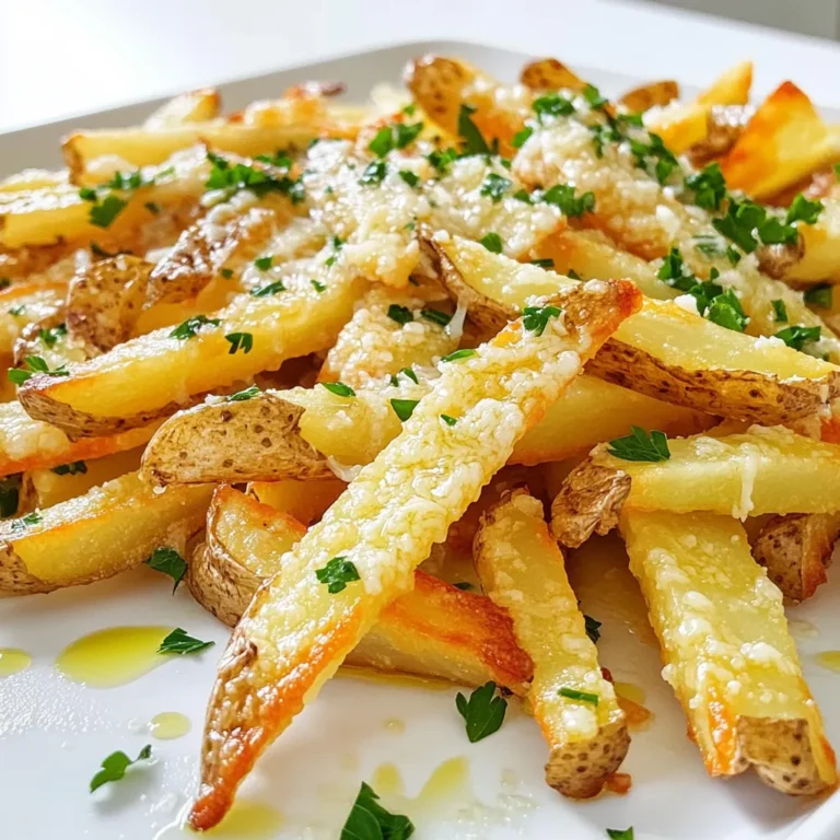 Here are the ingredients you need for Garlic Parmesan French Fries: - 4 large russet potatoes - 4 cloves garlic, finely minced - 1/2 cup freshly grated Parmesan cheese - 1/4 cup extra virgin olive oil - 1 teaspoon dried oregano - 1 teaspoon garlic powder - Sea salt and freshly ground black pepper, to taste - Fresh parsley, finely chopped for garnish Each ingredient plays a key role. The russet potatoes give a fluffy inside and crispy outside. Garlic adds a strong flavor, while Parmesan adds richness. Olive oil helps achieve that perfect crunch. Oregano and garlic powder enhance the taste. The salt and pepper balance the flavors. Finally, parsley adds a fresh touch to your dish. These simple ingredients combine to create a snack that is both crispy and flavorful. - Rinse and peel the russet potatoes. - Cut into uniform thin strips or wedges. - Soak in cold water for 30 minutes. Start by rinsing your russet potatoes under cold water. This removes any dirt or debris. Next, use a peeler to take off the skin. I prefer cutting them into thin strips. This helps them cook evenly and become crispy. After cutting, soak the potato strips in cold water for 30 minutes. This step draws out excess starch, which helps make the fries crispier. - Combine olive oil, garlic, oregano, garlic powder, salt, and pepper. - Whisk until well blended. While your potatoes soak, mix the seasoning. In a bowl, add olive oil, minced garlic, dried oregano, garlic powder, salt, and pepper. Whisk the mixture until it blends well. This step is key. It ensures every fry gets coated with that tasty garlic flavor. - Coat potato strips with the seasoning mixture. - Line baking sheet with parchment paper. - Bake in preheated oven and flip halfway through. Once the potatoes finish soaking, drain them and dry them well. This helps achieve that sought-after crispiness. Now, toss the potato strips in the seasoning mix until they are fully coated. Line a baking sheet with parchment paper. Spread the fries out in a single layer. Make sure not to overcrowd them. Bake in your preheated oven for 25-30 minutes. Flip the fries halfway through. This helps them cook evenly and become golden brown. Enjoy the aroma as they bake! Soaking the potatoes is key. It removes excess starch and helps them crisp up. I soak my cut potatoes in cold water for about 30 minutes. After soaking, drain them well. That’s when drying becomes important. Use a clean kitchen towel or paper towels to pat the potatoes dry. Removing moisture is crucial for a crispy finish. To boost the taste, think about adding more spices. You can try paprika or cayenne for a kick. Fresh herbs like rosemary or thyme also work great. When it comes to cheese, adjust the amount to suit your taste. If you love cheese, go for more Parmesan. If you want less salt, reduce it in the seasoning mix. These simple changes make your fries perfect for you. {{image_4}} You can switch the cheese to change the taste. Gruyère adds a nutty flavor. Cheddar brings a sharpness that many love. You can also mix cheeses for a fun twist. Try blending Parmesan with mozzarella for a gooey finish. This mix gives you both flavor and texture. Experiment to find your favorite combo! Want to make these fries faster? Use an air fryer! Preheat it to 400°F (204°C). Cook the fries in batches for about 15-20 minutes. Shake the basket halfway for even crispiness. If you prefer deep frying, heat oil to 350°F (177°C). Fry the potato strips for 3-5 minutes. Remove them when they turn golden brown. This method gives you a crunchy outside and a soft inside. Perfect for a quick snack! To keep your leftover garlic Parmesan fries fresh, follow these steps: - Refrigeration methods: Place the fries in an airtight container. This keeps them from becoming soggy. You can store them in the fridge for up to 3 days. - Reheating tips: When reheating, use an oven or an air fryer. Preheat the oven to 375°F (190°C). Spread the fries out on a baking sheet. Bake for about 10-15 minutes until crispy again. An air fryer also works well, taking about 5-7 minutes. You can freeze these fries if you want to save some for later. Here’s how: - Preparing for freezing: Allow the fries to cool completely. Then, spread them on a baking sheet in a single layer. Freeze until solid, about 1-2 hours. After that, transfer them to a freezer-safe bag or container. - Best practices for thawing and reheating: When ready to eat, thaw the fries in the fridge overnight. To reheat, follow the same steps as for refrigerated fries. This will help keep them crispy and delicious. To make these fries vegan, simply replace the Parmesan cheese. Use a vegan cheese alternative or nutritional yeast for a cheesy flavor. Both options add taste without using dairy. Adjust the amount to suit your preference. Yes, you can use frozen fries. They are convenient and save time. Just bake them as per the package instructions. Toss them in the garlic and oil mixture before baking for added flavor. Keep an eye on the cooking time since frozen fries may cook faster. If you lack fresh garlic, garlic powder works well. Use about 1 teaspoon of garlic powder for the recipe. Mix it into the oil and spice blend. This will still give your fries that tasty garlic kick. If you want a stronger flavor, add a bit more. In this post, I shared how to make delicious garlic Parmesan fries from scratch. I covered the ingredients, prep steps, and baking methods. You learned tips for crispy fries and different variations to try. Use the storage advice to keep leftovers tasty. With these simple recipes and tips, you can enjoy homemade fries anytime. Keep experimenting to find your favorite flavors and methods. Happy cooking!