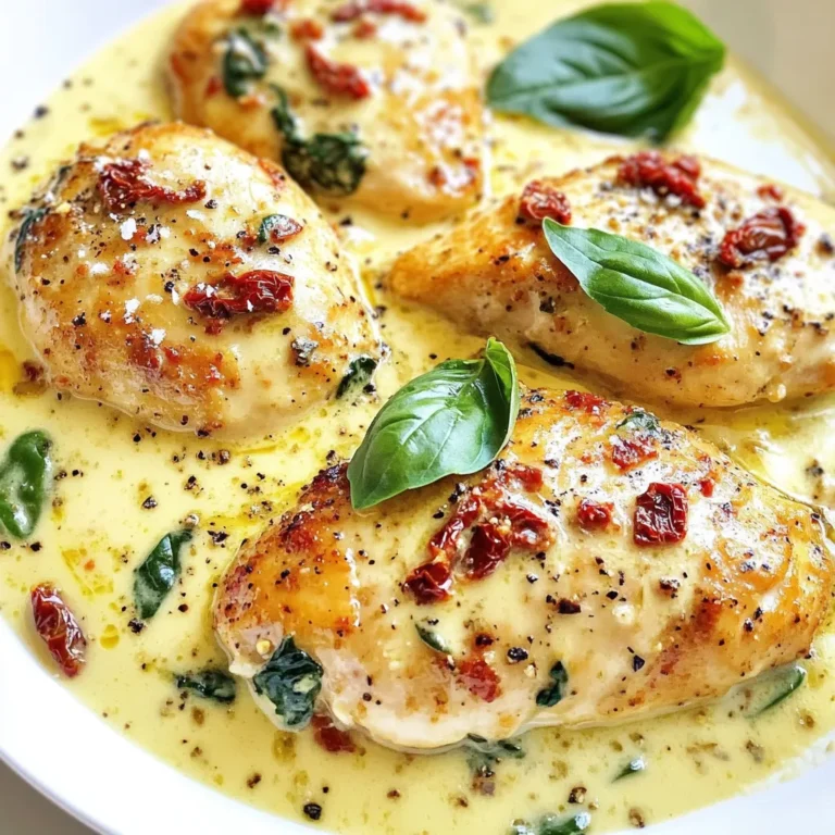 - 4 boneless, skinless chicken breasts - 1 cup heavy cream - 1 cup sun-dried tomatoes, chopped - 2 cups fresh spinach - 4 cloves garlic, minced - 1 teaspoon Italian seasoning - Grated Parmesan cheese - Fresh basil leaves for garnish - Salt and pepper Heat 2 tablespoons of olive oil in a large skillet over medium-high heat. Season both sides of the chicken breasts with salt and pepper. Once the oil shimmers, place the chicken in the skillet. Cook for about 6-7 minutes per side until golden brown and cooked through. Remove the chicken and set it aside on a plate. In the same skillet, lower the heat and add minced garlic. Sauté for 1 minute, stirring constantly until fragrant. Be careful not to brown the garlic. Pour in the heavy cream while stirring. Let it simmer gently to thicken. Add the chopped sun-dried tomatoes and Italian seasoning. Stir to mix the flavors. Gradually add the fresh spinach, stirring it into the sauce. Keep stirring until the spinach wilts. Return the cooked chicken to the skillet, nestling it in the sauce. Spoon the sauce over the chicken. Cook for an extra 3-5 minutes to let the chicken absorb flavors. Adjust seasoning with salt and pepper. If desired, sprinkle grated Parmesan cheese on top before serving. Garnish with fresh basil leaves for a fragrant finish. {{ingredient_image_2}} - Ensuring chicken is cooked through Cook chicken until it reaches 165°F (75°C). This ensures it's safe to eat. Use a meat thermometer for accuracy. - Importance of not burning the garlic Sauté garlic for only about one minute. Garlic burns fast and tastes bitter when overcooked. Stir it constantly to keep it fragrant. - How to achieve a creamy sauce consistency Pour in heavy cream and let it simmer gently. This helps thicken the sauce. Stir often for a smooth blend with no lumps. - Best side dishes to serve with Serve this dish over fluffy rice or with crusty garlic bread. These sides soak up the creamy sauce well. - Garnishing techniques Add fresh basil leaves on top for color and aroma. A sprinkle of extra Parmesan also gives a nice touch. - Enhancing flavors with optional cheese Grated Parmesan cheese boosts richness. Add it just before serving for the best flavor. This extra step makes the dish feel gourmet. You can switch up proteins in this dish. Shrimp or tofu works well too. Shrimp adds a nice seafood twist, while tofu keeps it plant-based. You can also try different greens. Kale or arugula gives a fresh bite. They cook down nicely in the sauce. For a lighter option, swap heavy cream for a mix of Greek yogurt and milk. This change still gives you creaminess but cuts down on fat. You can also use coconut cream for a dairy-free choice. Each of these swaps makes the dish unique while keeping it tasty. Want to add some heat? Try red pepper flakes or crushed red pepper. A little goes a long way, so start small. You can also toss in mushrooms or onions. Sautéing them with garlic adds a rich depth of flavor. They blend well with the creamy sauce. Fresh herbs can brighten the dish too. Basil, parsley, or oregano gives a burst of freshness. Add them at the end to keep their vibrant taste. Each of these enhancements can change the dish while keeping it simple and delicious. Pro Tips Rest Your Chicken: Let the cooked chicken rest for a few minutes before slicing. This allows the juices to redistribute, ensuring moist and tender meat. Customize the Cream: For a lighter sauce, substitute half of the heavy cream with chicken broth or use half-and-half for a creamy yet reduced-fat option. Fresh Herbs Matter: Always use fresh basil for garnishing if possible, as it enhances the flavor and presentation of the dish significantly. Perfect Pairings: Serve this dish with garlic bread or over pasta to soak up the delicious creamy sauce for a complete and satisfying meal. {{image_4}} To store leftovers, let the creamy garlic Tuscan chicken cool down first. Place it in an airtight container. This keeps the chicken fresh and prevents it from drying out. Leftovers last up to three days in the fridge. If you need to keep it longer, consider freezing it. When it’s time to reheat, use a skillet over low heat. This helps warm the chicken without cooking it further. Add a splash of cream or broth to maintain creaminess. Stir gently as it heats up. Avoid using high heat, as this can make the sauce separate. Enjoy your delicious meal again! To make Creamy Garlic Tuscan Chicken gluten-free, choose gluten-free options for key ingredients. Here are some tips: - Use olive oil and fresh ingredients, as they are naturally gluten-free. - Check the label on sun-dried tomatoes to ensure no gluten is added. - Replace any pasta or bread served alongside with gluten-free versions. - Use gluten-free flour to thicken sauces if needed. Yes, you can make this dish in advance. For storage and reheating: - Cool the chicken to room temperature before storing. - Place it in an airtight container in the fridge for up to three days. - To reheat, warm it gently in a skillet over low heat. - Add a splash of cream to keep the sauce smooth and creamy. For a complete meal, consider these side dish suggestions: - Fluffy rice or pasta to soak up the creamy sauce. - Crusty garlic bread for a crunchy contrast. - A fresh salad with veggies to add brightness. - Roasted vegetables for a nutritious side. This blog post detailed how to make Creamy Garlic Tuscan Chicken. We covered main ingredients, like chicken and heavy cream, and optional ones, like Parmesan cheese. I shared step-by-step instructions to cook the chicken and make the sauce. We explored tips for cooking, presentation, and variations. In closing, enjoy customizing this dish with your favorite flavors. Remember, cooking is about fun and creativity. Happy cooking!