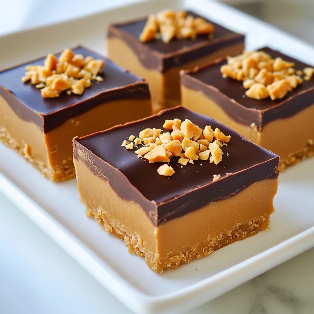 - 1 cup creamy peanut butter - 1 cup rolled oats - 1/2 cup honey or maple syrup - 1/2 cup powdered sugar - 1 teaspoon vanilla extract - 1/4 teaspoon salt - 1/2 cup dark chocolate chips These ingredients come together to make a rich, tasty treat. The creamy peanut butter gives these bars their great flavor. Rolled oats add texture and a bit of healthy fiber. Honey or maple syrup sweetens the mix and keeps everything together. Powdered sugar helps to thicken the bars and adds extra sweetness. Vanilla extract adds a lovely aroma, while salt balances the flavors. Dark chocolate chips on top make every bite a delight. - Alternatives for peanut butter: You can try almond butter or sun butter if you have nut allergies. - Sweetener options: Agave syrup or brown rice syrup can replace honey or maple syrup. - Dairy-free chocolate choices: Use dairy-free chocolate chips if you want to make this treat vegan. These options can help you customize the bars to fit your needs or preferences. Feel free to experiment and find your favorite combination! {{ingredient_image_2}} To start, gather your ingredients. In a large bowl, add 1 cup of creamy peanut butter, 1/2 cup of honey or maple syrup, 1 teaspoon of vanilla extract, and 1/4 teaspoon of salt. Mix these together with a spatula until smooth. Make sure there are no lumps. This step is key for a creamy texture. Next, slowly add 1 cup of rolled oats and 1/2 cup of powdered sugar. Stir them in carefully. Keep mixing until the dough feels thick and well combined. This should take a few minutes. You want it to hold together well. Now, prepare an 8x8 inch baking pan. Line it with parchment paper. Make sure to leave some paper hanging over the edges. This will help you lift the bars out later. Using clean hands or a spatula, press the peanut butter mixture into the bottom of the lined pan. Smooth the surface so it is level. This helps the bars cook evenly. Next, it’s time to melt the chocolate. Place 1/2 cup of dark chocolate chips in a microwave-safe bowl. Microwave in 30-second bursts, stirring each time. This prevents the chocolate from burning. You want it to be fully melted and smooth. Once melted, carefully pour the chocolate over the peanut butter layer. Use a spatula to spread it evenly. This gives a nice finish to your bars. Now, place the pan in the refrigerator. Chill for at least 1-2 hours. This time helps the bars set well. When they are firm, use the parchment paper to lift them out of the pan. Cut into squares or rectangles as you like. For a beautiful presentation, arrange the bars on a nice platter. You can sprinkle some crushed peanuts on top and drizzle with extra melted chocolate. Enjoy your delicious no-bake treat! To make your no-bake peanut butter bars a hit, start with a smooth mixture. Mix the peanut butter, honey, vanilla, and salt well. Use a spatula or whisk to blend until it’s lump-free. This ensures a creamy base for your bars. Next, chill your bars properly. After pouring the melted chocolate on top, place the pan in the fridge. Let it chill for at least 1-2 hours. This helps the bars set firmly, making them easy to cut. You can make these bars your own by adding nuts or seeds. Chopped almonds or sunflower seeds add crunch and nutrition. Feel free to mix in some dried fruit for a sweet touch. Another option is to incorporate protein powder. This will boost the protein content and make your bars more filling. Just mix in a scoop with the oats and sugar. To take your bars to the next level, try adding spices or extracts. A pinch of cinnamon or a drop of almond extract can enhance the flavor. You can also get creative with toppings. Try drizzling extra melted chocolate over the top. Or sprinkle some sea salt for a sweet and salty combo. These little touches can make your bars even more special. Pro Tips Storage Solution: Keep the bars in an airtight container in the refrigerator for up to a week for maximum freshness. Nut Butter Swap: Feel free to use almond or cashew butter instead of peanut butter for a different flavor profile. Chocolate Variety: Experiment with different types of chocolate, such as milk chocolate or white chocolate, for a unique twist. Sweetness Adjustment: Adjust the amount of honey or maple syrup to your taste preference; you can reduce it for a less sweet version. {{image_4}} You can easily make these no bake peanut butter bars even more exciting. One fun way is to add chocolate chips. Just mix in half a cup of dark chocolate chips into your peanut butter mix. This simple step gives a rich chocolate flavor with each bite. Another great option is the peanut butter and banana bars. To create this, add mashed bananas to your peanut butter mixture. This gives a sweet and fruity twist to the bars. The banana flavor pairs well with the creamy peanut butter. If you want to make vegan no bake bars, it’s simple. Use maple syrup instead of honey. Ensure you pick dairy-free chocolate chips. This keeps the bars tasty and suitable for everyone. For gluten-free adaptations, use certified gluten-free oats. This small change allows those with gluten issues to enjoy these bars without worry. They will still taste just as good! These bars are great on their own but can be even better with sides. Try pairing them with fresh fruits like strawberries or bananas. The juicy fruits balance the sweetness of the bars. You can also serve them on a dessert platter. Arrange the bars nicely and add some yogurt dips on the side. This makes for a colorful and fun dessert spread that everyone will love! For your No Bake Peanut Butter Bars, use airtight containers. They help keep the bars fresh. If you don't have one, parchment paper works too. Just wrap the bars tightly. This method keeps them from drying out. Store your bars in the fridge for the best taste. The cool temperature helps them stay firm. You can also freeze them for longer storage. If you freeze them, they can last for months. Just remember to let them thaw before you eat. These peanut butter bars last about one week in the fridge. If you freeze them, they can last up to three months. Check for signs of spoilage. If they smell off or have a weird texture, it's best to toss them. Always trust your senses. Can I use natural peanut butter? Yes, you can use natural peanut butter. It adds a nice texture and flavor. Just make sure it’s smooth. Stir it well before measuring to mix the oils back in. Is it necessary to refrigerate the bars? Yes, refrigerating the bars helps them set. It makes them firm and easy to cut. You can leave them out for a short time, but they are best cold. How can I make these bars lower in sugar? To lower sugar, reduce the powdered sugar. You can also use ripe bananas or unsweetened applesauce. These add sweetness without extra sugar. What can I substitute for honey? Maple syrup works great as a substitute. Agave nectar is another option. Both will keep the bars sweet and tasty. Can I use ingredients other than oats? Yes, you can use crushed nuts or seeds instead of oats. You can also try puffed rice for a different crunch. Just make sure they blend well with the mix. Are these bars suitable for kids? Absolutely! These bars are safe and healthy for kids. They are full of protein and good fats from peanut butter. Kids love the taste too! Nutritional information overview Each bar has about 150 calories. They contain protein, healthy fats, and some carbs. Check labels for exact nutrition based on your ingredients. No-bake peanut butter bars are easy and fun to make. You learned about key ingredients like creamy peanut butter and oats. I touched on possible swaps, like sweeteners and chocolate. Clear steps guide you from mixing the base to melting chocolate and cutting bars. Remember to experiment with flavors and storage options. With these tips, you can create delicious treats for everyone. Enjoy making your own bars and share them with family and friends!