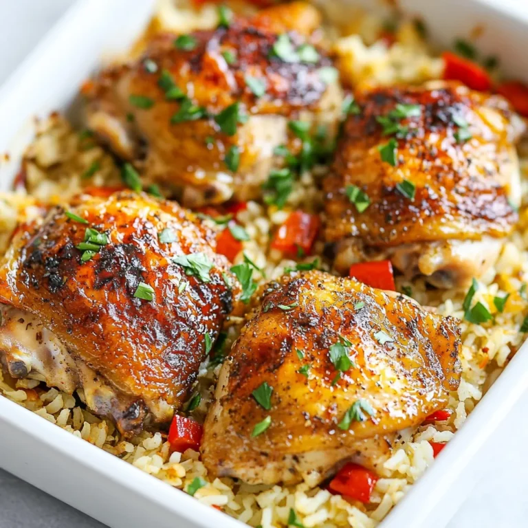 - 4 bone-in chicken thighs (skin-on for crispiness) - 1 cup long-grain white rice - 2 cups chicken broth (preferably low-sodium) - 1 small onion, finely chopped - 3 cloves garlic, minced - 1 red bell pepper, diced - 1 tablespoon sweet paprika - 1 teaspoon dried thyme - 1 teaspoon ground cumin - Salt and freshly cracked black pepper to taste - 2 tablespoons extra-virgin olive oil - Fresh parsley, chopped, for garnish You can boost the flavor of your dish with some extras. Try adding: - 1 carrot, diced, for sweetness and color - 1 cup frozen peas, for a pop of green - A squeeze of lemon juice, for brightness - 1 bay leaf, to deepen the taste If you lack some ingredients, don’t worry! Here are some swaps: - Chicken thighs can be replaced with drumsticks or breasts. - Long-grain rice can be swapped for basmati or jasmine rice. - Low-sodium broth can be replaced with water, but add more salt. - Fresh parsley can be substituted with cilantro or green onions. This list helps you gather what you need for a tasty oven-baked chicken and rice meal. Each ingredient plays a role in building flavor and texture. {{ingredient_image_2}} Start by gathering your ingredients. You need four bone-in chicken thighs, one cup of long-grain white rice, and two cups of chicken broth. Chop one small onion and mince three cloves of garlic. Dice one red bell pepper. Next, preheat your oven to 375°F (190°C). This step is key for even cooking. While the oven heats, season the chicken thighs with salt and black pepper. This adds flavor right from the start. In a large oven-safe skillet, pour in two tablespoons of extra-virgin olive oil. Heat it over medium heat. Once hot, add the chopped onion and minced garlic. Sauté these for about three to four minutes until the onion looks clear and smells good. Then, stir in the diced red bell pepper along with one tablespoon of sweet paprika, one teaspoon of dried thyme, and one teaspoon of ground cumin. Add salt and black pepper to taste. Cook this mixture for another two minutes. This helps the spices release their flavor. Now, add the uncooked rice to the skillet. Stir well to coat the rice with the spices and veggies. Pour in the chicken broth and bring it to a gentle simmer. This is where the rice starts to absorb all that wonderful flavor. Nestle the chicken thighs, skin-side up, into the rice mixture. Cover the skillet with a lid or aluminum foil. Place it in the oven and bake for 30 minutes. After 30 minutes, take off the lid or foil. This helps the chicken skin get nice and crispy. Bake for another 15 to 20 minutes. The chicken should turn golden brown and reach an internal temperature of 165°F (74°C). Once done, take the skillet out of the oven. Let it rest for about five minutes. Use a fork to fluff the rice gently. Finally, garnish with fresh chopped parsley for a pop of color and taste. Enjoy your meal! To get crispy chicken skin, start with skin-on chicken thighs. Pat the skin dry with paper towels. This helps remove moisture. Moisture makes it hard to crisp up. Sprinkle a good amount of salt on the skin. Salt draws out more moisture. When baking, don’t cover the chicken for the last part. This lets heat circulate around the skin. Bake it uncovered for the last 15 to 20 minutes. Check the internal temperature. It should reach 165°F (74°C) for safety. You can boost the flavor of your oven-baked chicken and rice in many ways. Try adding lemon juice or zest for brightness. Fresh herbs like rosemary or thyme add depth. You can also sprinkle some chili flakes for heat. If you love cheese, add a little grated parmesan before baking. It adds a nice savory touch. For a smoky flavor, use smoked paprika instead of sweet paprika. Experiment with these ideas to find your favorite twist. If your chicken skin is not crispy, check the moisture. Make sure the skin is dry before cooking. If your rice is too dry, it might need more broth. You can add a little more broth halfway through cooking. If the rice is soggy, reduce the liquid next time. Always fluff the rice gently after cooking. This keeps it from getting mushy. If your dish feels bland, adjust the seasoning. A pinch of salt or pepper can go a long way! Pro Tips Choose Quality Chicken: Opt for organic, free-range chicken thighs for the best flavor and texture. Rice Variations: Experiment with different types of rice, such as brown rice or jasmine rice, for unique flavors and nutrition. Spice it Up: Add a pinch of cayenne pepper for a spicy kick or fresh herbs like rosemary for additional depth of flavor. Resting Time: Allow the dish to rest after baking to let the flavors meld and make the chicken juicier. {{image_4}} You can easily swap chicken for other proteins. Try using bone-in pork chops or turkey thighs. Both options work well and add different flavors. If you choose pork, cook it until it reaches 145°F (63°C). For turkey, aim for 165°F (74°C). Adjust your cooking time based on the protein you use. This swap keeps your meal exciting and delicious. For a vegetarian or vegan option, replace the chicken with hearty vegetables. Use mushrooms, zucchini, or eggplant for a meaty texture. You can also add chickpeas or lentils for protein. Swap chicken broth with vegetable broth to keep the flavors intact. Bake the dish the same way. It’s a great way to enjoy this meal while keeping it plant-based. Using different rice types can change the taste and texture. Long-grain white rice cooks in about 30 minutes. Brown rice takes longer, around 45-50 minutes. Jasmine or basmati rice adds a nice aroma but may need slight adjustments in liquid. Always check the cooking time on the package for the best results. This way, you can enjoy various flavors with each meal. To store leftovers, let the dish cool first. Place the chicken and rice in an airtight container. Make sure to refrigerate it within two hours of cooking. This helps keep it fresh. You can store it for up to three days. Always label your container with the date. This way, you know when to use it. When you reheat, use the oven for the best taste. Preheat the oven to 350°F (175°C). Transfer the chicken and rice to a baking dish. Add a splash of chicken broth to keep it moist. Cover the dish with foil to trap steam. Heat for about 20 minutes or until hot. You can also use a microwave. Just place a damp paper towel on top to keep it from drying out. To freeze, let the dish cool completely. Use freezer-safe containers or bags. You can separate the chicken and rice or keep them together. If using bags, remove as much air as you can. This prevents freezer burn. Label with the date and freeze for up to three months. When ready to eat, thaw it in the fridge overnight before reheating. Baking oven-baked chicken and rice takes about 45 to 50 minutes. First, you bake it covered for 30 minutes. This allows the rice to cook fully. Then, you uncover it for an extra 15 to 20 minutes. This step helps the chicken skin to get nice and crispy. Always check the chicken's internal temperature. It should reach 165°F (74°C) to ensure it is safe to eat. Yes, you can use brown rice, but it needs more time. Brown rice usually takes about 45 to 50 minutes to cook. You should also add a bit more broth. This extra liquid helps the rice cook evenly and absorb flavors. Keep in mind that the cooking time for brown rice may change the overall cooking time of your meal. You can serve many tasty sides with oven-baked chicken and rice. Some great options include: - Steamed broccoli - Roasted vegetables - A fresh garden salad - Garlic bread - Sautéed green beans These sides add color and balance to the meal. They also bring in more nutrients, making your dinner even better. Enjoy experimenting with different pairings! In this post, we explored the key ingredients and steps to make oven-baked chicken and rice. We discussed optional flavors, ingredient swaps, and tips for crispy skin. I shared variations for proteins, rice types, and vegan options. Plus, you learned how to store and reheat leftovers. Overall, this dish is easy to customize. You can make it your own with simple tweaks. Enjoy your cooking journey and savor each bite!