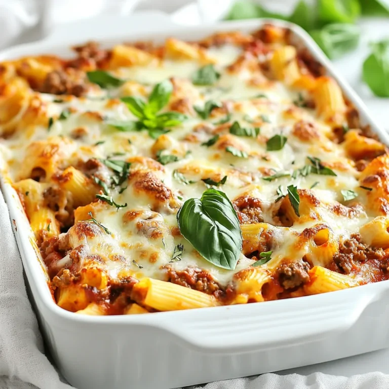 - 16 oz ziti pasta - 2 tablespoons olive oil - 1 medium onion, finely chopped - 3 cloves garlic, minced - 1 pound ground beef or turkey - 1 teaspoon Italian seasoning - 24 oz marinara sauce - 1 cup ricotta cheese - 1 large egg - 2 cups shredded mozzarella cheese - 1 cup grated Parmesan cheese - Fresh basil leaves for garnish - Salt and freshly ground black pepper to taste Using high-quality ingredients makes a big difference. Fresh garlic adds strong flavor. Good olive oil enhances the dish’s richness. Choose a flavorful marinara sauce. I recommend a brand with simple, natural ingredients. Fresh herbs like basil can elevate the taste. They add freshness and color to your baked ziti. You can swap ingredients based on your needs. For a lighter option, use ground turkey instead of beef. If you want a vegetarian meal, consider mushrooms or lentils. You can also use gluten-free pasta. Ricotta can be replaced with cottage cheese if you prefer. Feel free to mix different cheeses for unique flavors, like adding provolone or gouda. {{ingredient_image_2}} First, preheat your oven to 375°F (190°C). This step helps cook the ziti evenly. While the oven heats, bring a large pot of salted water to a boil. Add the 16 oz of ziti pasta to the water. Cook it according to the package instructions until just al dente. This means the pasta should be firm to the bite. Once cooked, drain the pasta and set it aside for later. Next, grab a large skillet and heat 2 tablespoons of olive oil over medium heat. When the oil is hot, add a finely chopped medium onion. Sauté the onion for about 3-4 minutes. You want it to look soft and smell fragrant. Then, add 3 minced garlic cloves and 1 pound of ground beef or turkey. Cook everything together, stirring often. This should take about 5-7 minutes. Make sure the meat is browned and fully cooked. Season with 1 teaspoon of Italian seasoning, salt, and freshly ground black pepper to taste. After that, pour in 24 oz of marinara sauce and mix well. Let this simmer for around 5 minutes to blend the flavors. In a separate bowl, mix 1 cup of ricotta cheese with 1 large egg, a pinch of salt, and half of the 1 cup of grated Parmesan cheese. Stir it until smooth and creamy. This cheese mixture adds richness to the dish. Make sure there are no lumps. Now, take a large mixing bowl and combine the drained ziti pasta with the meat sauce and the ricotta mixture. Stir everything together well. You want the pasta coated evenly with the sauce and cheese. Next, transfer this mixture into a greased 9x13 inch baking dish. Spread it out evenly. Then, sprinkle the top with 2 cups of shredded mozzarella cheese and the remaining Parmesan cheese. Make sure the cheese covers the whole top. Cover the baking dish tightly with aluminum foil. Place it in your preheated oven and bake for 20 minutes. After 20 minutes, carefully remove the foil. Continue baking for another 15-20 minutes. You want the cheese to bubble and turn a nice golden brown. Once baked to perfection, take the dish out of the oven. Let it sit for 5-10 minutes. This helps the layers set and makes slicing easier. Just before serving, garnish the baked ziti with fresh basil leaves. This adds a pop of color and a hint of freshness. Enjoy your delicious meal! To get that perfect baked ziti, start with a good oven temperature. Preheat your oven to 375°F (190°C). This ensures even cooking. Cover the dish with foil for the first part of baking. This keeps the moisture in. After 20 minutes, take the foil off. This lets the cheese brown nicely on top. Watch it closely for that golden crust. Let it sit for 5-10 minutes after baking. This helps the layers stay together. Season your meat well. I suggest using Italian seasoning in the meat mix. It adds a nice herbal taste. Don't forget salt and pepper. They make all the flavors pop. You can also add red pepper flakes for a bit of heat. If you want a twist, try fresh herbs like basil or oregano. Adding these enhances the dish and makes it more vibrant. Cheese is key in baked ziti. I use ricotta for creaminess and mozzarella for stretch. You can also mix in some provolone for a different taste. For a strong flavor, sprinkle more Parmesan on top. Make sure to cover the dish with enough cheese. This creates a delicious, gooey layer. Each bite should feel rich and satisfying. Pro Tips Use Fresh Herbs: Adding fresh basil or parsley right before serving enhances the flavor and adds a vibrant touch to your baked ziti. Cheese Variations: Experiment with different cheeses like provolone or fontina for a unique flavor profile in your dish. Make Ahead: Prepare the ziti in advance and refrigerate it. Bake it when ready for a quick, delicious meal without the fuss. Leftover Storage: Store any leftovers in an airtight container in the fridge for up to 3 days, or freeze for later enjoyment! {{image_4}} You can easily make a vegetarian version of Million Dollar Baked Ziti. Simply swap the meat for a mix of veggies. Try using mushrooms, zucchini, or spinach. Sauté these veggies just like you would the meat. This adds great flavor and texture. You can also add lentils for protein. Use the same marinara sauce to keep it rich and tasty. Want to elevate your baked ziti? Use gourmet ingredients. Try adding truffle oil for a unique twist. You can also mix in some sun-dried tomatoes or artichokes. These ingredients add depth and flair. Consider using a blend of cheeses, like fontina or gouda, for a rich taste. This makes the dish feel extra special for guests. For a gluten-free Million Dollar Baked Ziti, choose gluten-free pasta. Many brands offer ziti made from rice or corn. The texture may be slightly different, but it's just as delicious. Be sure to check your marinara sauce label for gluten ingredients. This way, everyone can enjoy this comforting meal. Store any leftover Million Dollar Baked Ziti in an airtight container. Make sure to cool it first. You can keep it in the fridge for up to four days. If you want to keep it longer, freezing is a great option. When ready to eat, preheat your oven to 350°F (175°C). Cover the ziti with foil to keep it moist. Bake for about 20-25 minutes. Check if it’s hot all the way through. You can also use the microwave. Heat in short bursts on medium power, stirring in between. To freeze, let the baked ziti cool completely. Use a freezer-safe dish or wrap it tightly in plastic wrap. Then, cover it with aluminum foil. It can last for up to three months in the freezer. When you’re ready to cook it, thaw it overnight in the fridge. Then, reheat it as described above. Yes, you can prepare it a day before. Cook the ziti and meat sauce as usual. Then, layer the pasta, sauce, and cheese in your baking dish. Cover and store it in the fridge. When you're ready, bake it straight from the fridge. Just add a few extra minutes to the cooking time. Million Dollar Baked Ziti pairs well with many sides. Here are some ideas: - A fresh green salad - Warm garlic bread - Roasted vegetables - Steamed broccoli These sides add great flavor and balance to the meal. Absolutely! You can mix and match cheeses. Try using: - Cheddar for extra sharpness - Fontina for a creamy texture - Goat cheese for a tangy twist Each cheese brings its own flavor. Feel free to experiment and find your favorite mix. Yes, it is very kid-friendly! Kids love the cheesy goodness and pasta. Plus, it’s easy to eat. You can also hide veggies in the meat sauce for extra nutrition. They may not even notice! To add some heat, try these tips: - Add red pepper flakes to the meat sauce - Mix in diced jalapeños - Use spicy Italian sausage instead of ground beef Adjust the amount to suit your taste. Enjoy the extra kick! In this post, we covered the ingredients and steps to make Million Dollar Baked Ziti. We explored quality ingredients, helpful tips, and creative variations. You can easily customize it to fit your tastes. Remember, the right ingredients and a few tips can elevate this dish. Whether serving it for family or friends, it is sure to impress. Enjoy making and sharing this delicious meal!