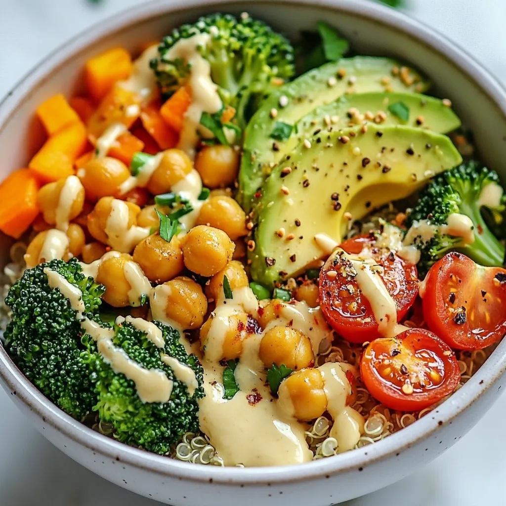- 1 cup quinoa, thoroughly rinsed - 2 cups low-sodium vegetable broth - 1 cup chickpeas, cooked or canned, drained and rinsed - 1 cup broccoli florets, steamed until tender - 1 medium avocado, diced into bite-sized pieces - 1 medium carrot, shredded or grated - ½ cup cherry tomatoes, halved - ¼ cup pumpkin seeds - 2 tablespoons tahini - 2 tablespoons fresh lemon juice - 1 garlic clove, finely minced - Salt and freshly cracked pepper to taste - Fresh parsley, chopped Quinoa is a whole grain. It has protein and fiber. This helps you feel full. Chickpeas are rich in protein and good carbs. They help keep blood sugar stable. Broccoli is low in calories and high in vitamins. It has antioxidants that help fight disease. Avocado is full of healthy fats. It can lower bad cholesterol. Carrots are great for your eyes. They are high in vitamins and low in calories. Cherry tomatoes are sweet and juicy. They provide vitamins and hydration. Pumpkin seeds add healthy fats and crunch. They are also full of magnesium. Tahini is made from ground sesame seeds. It adds creaminess and healthy fats. Garlic adds flavor and may help your heart. Lemon juice brightens the dish and adds vitamin C. Parsley is more than a garnish. It has vitamins and adds color. You can add cooked chicken or tofu for extra protein. Spinach or kale can boost nutrition and color. Other veggies like bell peppers or zucchini can add flavor. Try adding your favorite nuts for crunch. You can switch the tahini for yogurt for a tangy twist. {{ingredient_image_2}} To start, gather your ingredients. You will need one cup of quinoa and two cups of low-sodium vegetable broth. First, rinse the quinoa under cold water. This helps remove any bitterness. Next, in a medium saucepan, bring the vegetable broth to a boil over medium-high heat. Once boiling, add the rinsed quinoa. Stir it gently to mix. Reduce the heat to low and cover the pan with a lid. Let it simmer for about 15 minutes. The quinoa will become fluffy as it cooks. After the time is up, remove the pan from the heat. Keep it covered for five more minutes. This lets the grains settle. Finally, fluff the quinoa with a fork to separate the grains. While the quinoa cooks, you can make the tahini dressing. In a small mixing bowl, combine two tablespoons of tahini, the juice from one lemon, and one finely minced garlic clove. Add a pinch of salt and some freshly cracked pepper for taste. Whisk the mixture until it becomes smooth. If the dressing is too thick, add a teaspoon of water. Keep adding water until you find the right consistency. This dressing adds creaminess and flavor to your power bowl. Now it’s time to build your power bowl. In a large serving bowl or individual bowls, start with a layer of fluffy quinoa. This is your base. Next, add cooked chickpeas, steamed broccoli florets, diced avocado, shredded carrots, and halved cherry tomatoes. Be sure to distribute these evenly. Each ingredient brings color and nutrition to the dish. Once everything is layered, drizzle the tahini dressing over the top. This gives a creamy touch. Finally, sprinkle pumpkin seeds for crunch and garnish with chopped parsley. Enjoy the fresh flavors in every bite! To cook quinoa perfectly, start with rinsing it well. Rinsing removes the bitter coating called saponin. Use two cups of low-sodium vegetable broth for every cup of quinoa. This adds flavor without extra salt. Once the broth boils, add the quinoa and stir. Lower the heat and cover it. Let it simmer for about 15 minutes. After that, let it sit for 5 minutes off the heat. Fluff it with a fork to separate the grains. This method gives you light and fluffy quinoa every time. To boost flavor, you can add spices and herbs. Consider adding garlic, onion powder, or smoked paprika while cooking. Fresh herbs like parsley or cilantro can enhance taste too. For a zest, try adding fresh lemon juice or a splash of vinegar. When you make the tahini dressing, adjust the garlic and lemon juice to your taste. This simple dressing adds creaminess and brightness. You can also experiment with different oils or vinegars for more flavor. If you have leftovers, store them in an airtight container. Keep the quinoa and toppings separate to avoid sogginess. You can store quinoa for about 3-5 days in the fridge. For longer storage, freeze it in portions. When ready to eat, reheat the quinoa in a pan or microwave. Add a splash of water to keep it moist. Enjoy your power bowls again with fresh toppings for a quick meal. Pro Tips Perfectly Fluffy Quinoa: To achieve the ideal fluffy texture, make sure to rinse the quinoa thoroughly before cooking. This removes the natural coating called saponin that can make it taste bitter. Customize Your Toppings: Feel free to swap out or add other vegetables and proteins such as roasted sweet potatoes, kale, or grilled chicken for added variety and nutrition. Storage Tips: Store any leftover bowls in airtight containers in the refrigerator. They will keep well for up to 3 days. Just add the tahini dressing fresh when serving. Boost Flavor: For an extra flavor kick, consider adding spices like cumin or smoked paprika to the chickpeas while cooking, or sprinkle them on top before serving. {{image_4}} You can switch proteins in this power bowl. Try chicken or tofu for great taste. Chicken adds lean protein. Tofu gives a plant-based option. Both taste great with our tahini dressing. Other options include beans or lentils. They boost fiber and protein too. Mix and match to find your favorite! Seasonal veggies make this bowl fresh and exciting. In spring, add asparagus or peas. In summer, use corn or bell peppers. In fall, try roasted squash or Brussels sprouts. Winter calls for hearty greens like kale or Swiss chard. Using seasonal produce keeps your meals vibrant and packed with nutrients. Feel free to change the dressing. A yogurt-based dressing adds creaminess and tang. You can also whip up a simple vinaigrette with olive oil and vinegar. For a spicy kick, try Sriracha mixed with Greek yogurt. Each dressing gives a new flavor twist to your bowl. Experiment to find your perfect match! You can store your diabetes-friendly power bowls in the fridge. Place each bowl in an airtight container. They will stay fresh for up to four days. Make sure to let the bowls cool to room temperature before sealing. This helps prevent moisture buildup inside the container. If you want to save some for later, freezing is a great option. Separate the ingredients before freezing. Quinoa, chickpeas, and veggies freeze well. Just avoid freezing the avocado, as it can become brown and mushy. Use freezer-safe bags or containers to keep them fresh. You can freeze the bowls for up to three months. Reheating is easy! For best results, use the stovetop. Place the quinoa and veggies in a pan with a splash of water. Heat over medium until warm. Stir often to avoid sticking. You can also use the microwave. Just cover the bowl with a microwave-safe lid or plate. Heat in 30-second intervals, stirring in between, until hot. Add fresh toppings like avocado and parsley after reheating for extra flavor. A diabetes-friendly diet helps control blood sugar levels. It focuses on whole foods, low in sugar and refined carbs. You should include lean proteins, healthy fats, and plenty of fiber. Foods like vegetables, whole grains, and legumes are great choices. These foods keep you full and stabilize blood sugar. This diet also limits processed foods and sugary snacks. In short, it is all about balance and making smart choices. To make this recipe low-calorie, you can adjust a few ingredients. Start by cutting the avocado amount in half. Avocado is healthy, but it adds calories. You can also swap quinoa for cauliflower rice. Cauliflower adds volume with fewer calories. Use less tahini in the dressing or make it with yogurt instead. Finally, add more veggies for bulk without many calories. These changes keep the meal tasty and filling. Yes, power bowls are perfect for meal prep. They store well in containers and reheat nicely. You can prepare the quinoa and veggies ahead of time. Just assemble the bowls when you’re ready to eat. Keep the dressing separate until serving. This prevents sogginess and keeps flavors fresh. Power bowls offer convenience and variety, making them a great choice for busy days. This blog post covers how to make a healthy power bowl. We discussed key ingredients and their health benefits. You learned how to cook quinoa and prepare tahini dressing. We shared tips for enhancing flavors and storing leftovers. You also saw variations for protein, veggies, and dressings. Remember, these bowls are nutritious and easy to prepare. They are great for any meal and fit well into meal prep. Start experimenting with your own power bowls for a tasty, healthy dish!