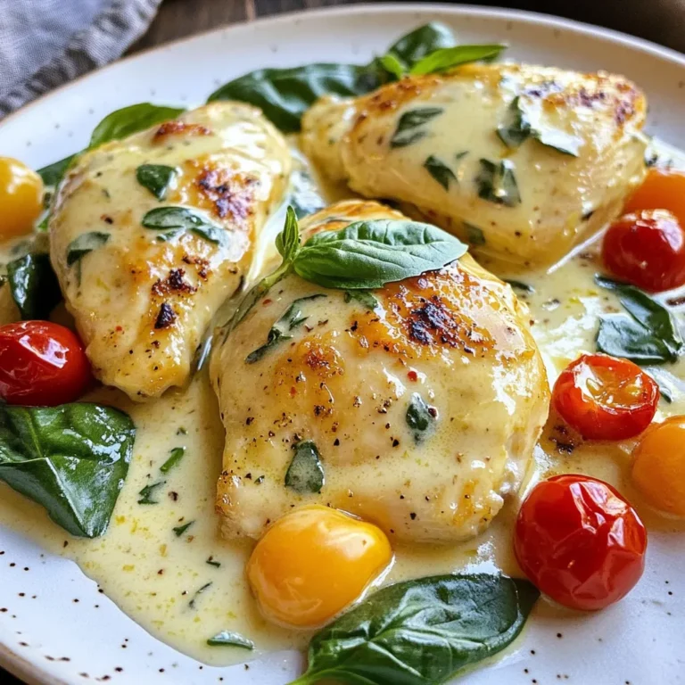 - 4 boneless, skinless chicken breasts - Salt and freshly ground pepper, to taste - 2 tablespoons extra-virgin olive oil - 4 cloves garlic, finely minced - 1 cup cherry tomatoes, halved - 1 cup fresh baby spinach, washed and dried - 1 cup heavy cream - 1/2 cup freshly grated Parmesan cheese - 1 teaspoon Italian seasoning blend - Fresh basil leaves, for a vibrant garnish Choosing Fresh Chicken: Always pick chicken that looks moist and has no bad smell. Fresh chicken makes your dish taste better. Selecting the Right Olive Oil: Use high-quality extra-virgin olive oil. It adds richness to your sauce. Look for oils with a fruity or peppery flavor. Garlic Varieties for Best Flavor: Fresh garlic is key for this recipe. Choose firm, plump cloves. Avoid dry or sprouted garlic, as it lacks flavor. Additional Herbs: You might add thyme or oregano for extra depth. Fresh herbs can lift the dish. Alternative Cheese Options: Instead of Parmesan, try Pecorino Romano or goat cheese. Each option brings a different taste. {{ingredient_image_2}} Seasoning the Chicken First, take your chicken breasts. Season both sides well with salt and freshly ground pepper. This step adds flavor to the chicken. Make sure to cover every part. Cooking the Chicken in the Skillet Next, heat 2 tablespoons of extra-virgin olive oil in a large skillet over medium heat. Once the oil is hot, add the seasoned chicken breasts. Cook them for about 6-7 minutes on each side. You want a golden-brown color and an internal temperature of 165°F. After cooking, place the chicken on a plate and cover it loosely to keep it warm. Sautéing Garlic In the same skillet, use the leftover oil and juices. Add 4 cloves of finely minced garlic. Sauté it for about 30 seconds until it's fragrant and golden. Watch it closely to avoid burning. Cooking Tomatoes and Spinach Add 1 cup of halved cherry tomatoes to the skillet. Stir gently for 2-3 minutes until they soften. Next, introduce 1 cup of fresh baby spinach. Stir frequently until it wilts, which should take about 1-2 minutes. Adding Cream and Cheese Lower the heat to a gentle simmer. Pour in 1 cup of heavy cream, stirring to mix it with the tomatoes and spinach. Let it simmer for one minute to create a rich sauce. Now, sprinkle in 1/2 cup of freshly grated Parmesan cheese and 1 teaspoon of Italian seasoning. Stir until the cheese melts and the sauce turns velvety. Returning Chicken to Sauce Finally, return the cooked chicken breasts to the skillet. Spoon the creamy sauce over the chicken. Let it cook for an additional 2-3 minutes. This allows the chicken to soak up all the wonderful flavors. - Ensuring Proper Cooking Temperature: Always cook chicken to an internal temperature of 165°F. Use a meat thermometer to check this. This ensures the chicken is safe to eat and juicy. - Avoiding Overcooking: Cook the chicken for about 6-7 minutes on each side. If you cook it too long, it may dry out. Keep an eye on the color; golden-brown means it's time to flip. - Suggested Spice Adjustments: Feel free to add more Italian seasoning or even some crushed red pepper for a kick. A dash of lemon zest can also brighten the flavors. - Using Fresh Herbs: Fresh basil makes a big difference! Add it at the end to keep its bright taste. You can also try fresh parsley or thyme for different flavors. - Garnishing Ideas: Fresh basil leaves add color and flavor. You can also sprinkle extra Parmesan on top for a nice finish. - Best Serving Suggestions: Serve this dish on a large platter. Pair it with garlic bread or a bright salad. This adds texture and balances the creamy sauce. Pro Tips Perfectly Seasoned Chicken: Always season your chicken breasts liberally with salt and pepper before cooking to enhance the flavor throughout the dish. Don't Overcook the Garlic: Sauté the garlic just until fragrant. Overcooking can lead to a bitter taste, which can affect the overall flavor of the sauce. Thickness of the Sauce: If you prefer a thicker sauce, let it simmer a bit longer after adding the cream and cheese, allowing it to reduce and become more luscious. Fresh Herbs for Garnish: Always opt for fresh basil or parsley to garnish your dish. It adds a burst of color and freshness that elevates the presentation. {{image_4}} You can switch up the chicken for other proteins. Shrimp or pork work great. For shrimp, cook it until it turns pink. For pork, use thin cutlets. Both will soak up the sauce well. If you want a dairy-free dish, use coconut cream instead of heavy cream. It adds a slightly sweet taste. Nutritional yeast can replace Parmesan cheese for a cheesy flavor. Add some red pepper flakes for a spicy kick. Just a pinch can elevate the dish. The heat balances well with the creaminess of the sauce. For a Mediterranean twist, toss in some olives and feta cheese. The briny olives and creamy feta add great depth. This variation gives your dish a fresh, vibrant taste. You can also bake this dish in the oven. Sear the chicken first, then transfer it to a baking dish. Pour the sauce over the top and bake until the chicken is done. A slow cooker is another option. Brown the chicken in a skillet first. Then, place it in the slow cooker with the sauce. Cook on low for a few hours for a tender, flavorful meal. To keep your creamy garlic Tuscan chicken fresh, store it properly. - Refrigeration Tips: Place the leftover chicken in an airtight container. This keeps the chicken moist and prevents odors. Store it in the fridge within two hours of cooking. It stays fresh for up to three days. - Freezing Guidelines: If you want to keep it longer, freeze the chicken. Use a freezer-safe container or a heavy-duty freezer bag. Remove as much air as possible. This dish can last up to three months in the freezer. When you are ready to enjoy your leftovers, reheating is key. - Best Practices for Maintaining Texture: To keep the chicken tender, reheat it slowly. You can use low heat on the stove or in the oven. Add a splash of cream or broth to keep it moist. - Microwave vs. Stove Recommendations: The microwave is quick but may dry out the chicken. If you use it, cover the dish with a damp paper towel. The stove is better for even heating and better texture. Knowing how long your dish lasts is important. - How Long It Lasts in the Fridge: The creamy garlic Tuscan chicken stays good for about three days in the fridge. Always check for freshness before eating. - Signs of Spoilage: Look for changes in color or smell. If the chicken feels slimy or has an off odor, it’s best to throw it away. Always prioritize your safety when it comes to food. Yes, you can use frozen chicken. Just remember to thaw it first. I suggest taking it out the night before. Place it in the fridge to defrost. If you're in a hurry, you can use the microwave. Just be careful, as it can cook unevenly. Once it's thawed, follow the same cooking steps. Make sure the chicken reaches 165°F for safety. Creamy Garlic Tuscan Chicken pairs well with many sides. I love serving it with garlic bread. It soaks up the sauce nicely. A mixed salad with fresh veggies adds a nice crunch. You can also serve it over pasta or rice. These options make it a hearty meal. Feel free to add your favorite sides to make it your own. To adjust for fewer servings, you can cut the ingredients in half. Use two chicken breasts instead of four. Keep the same seasoning ratios for flavor. If you want to make just one serving, use one breast. The cooking time may be shorter, so check it often. You want to keep that juicy texture. Yes! This dish can be made ahead. Cook it fully and let it cool. Store it in an airtight container in the fridge. It will last for 3-4 days. When you're ready to eat, reheat it on low heat. This way, you keep the creamy texture. You can also freeze it, but the sauce may change. Just add a splash of cream when you reheat. This blog post covered everything you need for Creamy Garlic Tuscan Chicken. We discussed quality ingredients, cooking steps, and helpful tips to make it great. I shared options for flavor and storage, making it easy to adapt. Whether you choose fresh chicken or try different proteins, you can create a tasty dish. Remember, cooking is fun, and experimenting is part of the process. Enjoy your meals and share them with friends!