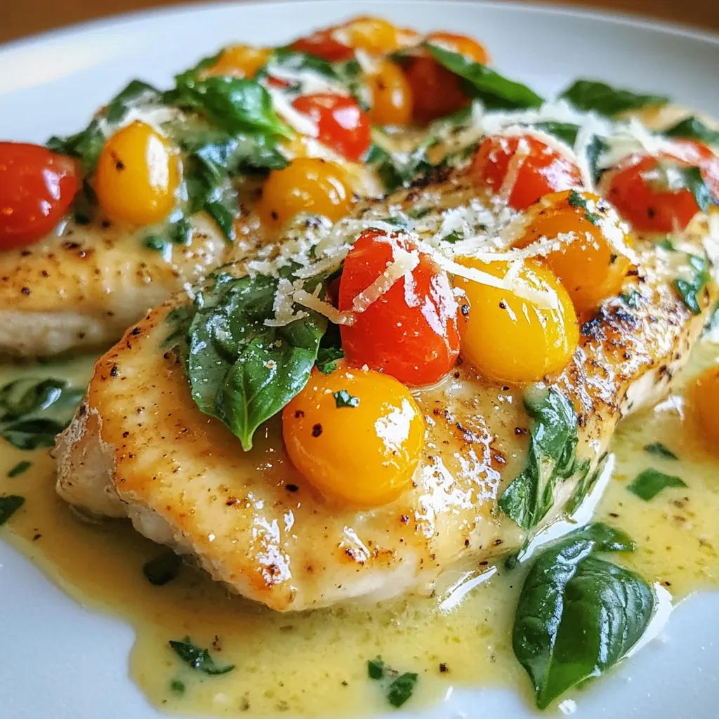 To create the Creamy Garlic Tuscan Chicken, you need the following ingredients: - 4 boneless, skinless chicken breasts - 2 tablespoons olive oil - 1 tablespoon butter - 4 cloves garlic, minced - 1 cup cherry tomatoes, halved - 1 cup fresh spinach, roughly chopped - 1 cup heavy cream - ½ cup grated Parmesan cheese - 1 teaspoon Italian seasoning - Salt and pepper to taste - Fresh basil leaves for garnish These ingredients combine to deliver a rich and flavorful dish. Each element plays a key role in building layers of taste. The chicken provides a hearty base. The garlic and tomatoes add brightness, while the cream and cheese create a smooth sauce. Spinach gives a pop of color and nutrition. When selecting your ingredients, opt for fresh items. Fresh garlic enhances the dish's aroma. Choose ripe cherry tomatoes for a burst of sweetness. Good-quality Parmesan cheese elevates the sauce. These choices make a difference in the final taste. Gather these ingredients before you start cooking. This helps keep your cooking process smooth and enjoyable. You will love how simple it is to create this delicious meal! {{ingredient_image_2}} 1. Start by seasoning the chicken breasts with salt and pepper. This step boosts their flavor. 2. Heat olive oil in a large skillet over medium-high heat. Once the oil shimmers, add the chicken. 3. Sear the chicken for 6-7 minutes on each side. Look for a nice golden-brown crust. 4. Once browned, remove the chicken from the skillet and set it aside on a plate. 1. In the same skillet, add butter and minced garlic. Sauté the garlic for about 1 minute. You want it fragrant but not browned. 2. Next, add halved cherry tomatoes. Cook them for 3-4 minutes until they soften and release juices. 3. Then, toss in the roughly chopped spinach. Stir and cook for about 2 minutes until it wilts. 1. Lower the heat and pour in the heavy cream. Stir well to combine with the veggies. 2. Add grated Parmesan cheese and Italian seasoning. Stir until the cheese melts and the sauce thickens. 3. Return the seared chicken to the skillet. Spoon the creamy sauce over the chicken and let it simmer for 5 minutes. Make sure the chicken reaches 165°F (75°C). 4. Finally, taste the sauce. Adjust the seasoning with more salt and pepper if needed. To get the best sear on your chicken, heat your skillet well. Use medium-high heat and let the oil shimmer. Place the chicken gently in the skillet. Sear for 6-7 minutes on each side. This gives it a golden-brown crust. Burnt garlic can ruin your dish. Sauté it in butter for just one minute. Watch it closely. Once fragrant, you can add the tomatoes. For a creamy sauce, keep the heat low when adding cream. Stir often to mix it well. Add cheese last for the best texture. It should melt smoothly into the sauce. Pair this creamy chicken with pasta or rice. A fluffy bed of either looks great. Garnish with fresh basil leaves for color. A sprinkle of extra Parmesan adds a gourmet touch. Serve on a large plate to show off the sauce. Use a large spoon to drizzle the creamy sauce over the chicken. Try adding fresh herbs like thyme or oregano. These can boost the flavor of the dish. If you like heat, add red pepper flakes. Just a pinch gives a nice kick. Adjust the amount to suit your taste. These tips will make your Creamy Garlic Tuscan Chicken even better! Pro Tips Perfect Searing: Ensure the chicken is at room temperature before cooking, as this helps achieve a nice sear and reduces cooking time. Garlic Perfection: Keep an eye on the garlic while sautéing; it should be fragrant and golden, not browned, to avoid bitterness. Cheese Choice: For a richer flavor, consider using freshly grated Parmesan cheese instead of pre-grated to enhance the creaminess of the sauce. Herb Freshness: Adding fresh basil or other herbs at the end of cooking preserves their vibrant flavor and color in the dish. {{image_4}} You can change up the cheese in this recipe. Try mozzarella for a milder taste or feta for a salty kick. You can even mix in some goat cheese for a rich flavor. If chicken isn't your thing, swap it with shrimp or scallops. You might also use mushrooms or zucchini for a veggie option. For a keto-friendly meal, replace heavy cream with coconut cream. This keeps it rich and low in carbs. If you want a gluten-free dish, make sure to check your seasonings. Some may contain gluten. Use gluten-free pasta or rice to serve it on. You can give this dish an Italian twist by adding fresh herbs like oregano or thyme. For a Mediterranean vibe, try olives or artichokes. Squeeze some lemon juice on top for extra brightness. This adds a fresh taste that balances the creaminess. To store leftovers, place chicken in an airtight container. Keep it in the fridge. This way, it stays fresh. You can enjoy it for up to three days. To freeze, wrap the chicken tightly in plastic wrap. Then, place it in a freezer-safe bag. This helps prevent freezer burn. You can freeze it for up to three months. For thawing, move the chicken to the fridge overnight. This keeps it safe and tasty. Reheat in a skillet or microwave until hot. Got leftover chicken? Shred it for salads or wraps. It adds great flavor to soups. If you have extra sauce, use it with pasta or rice. You can create a creamy dip for bread. The options are endless! How long does Creamy Garlic Tuscan Chicken last in the fridge? Creamy Garlic Tuscan Chicken lasts about 3 to 4 days in the fridge. Store it in an airtight container. This keeps the chicken fresh and safe to eat. Can I use frozen chicken for this recipe? Yes, you can use frozen chicken. Just make sure to thaw it first. Thawing ensures even cooking and better flavor. What side dishes pair well with this chicken? This dish goes great with pasta, rice, or a fresh salad. Garlic bread also makes a tasty side. Try pairing it with roasted vegetables for a healthy option. Can I make this dish in advance? Yes, you can make this dish ahead of time. Cook it fully and store it in the fridge. Reheat it gently before serving to keep the sauce creamy. How do I thicken the sauce? To thicken the sauce, simmer it longer. This reduces the liquid and makes it thicker. You can also add a bit more Parmesan cheese for extra creaminess. What can I substitute for heavy cream? You can use half-and-half or whole milk as a lighter option. For a thicker sauce, try Greek yogurt or sour cream. These alternatives still provide a rich taste. Is there a non-dairy alternative available for this recipe? Yes, you can use coconut cream or cashew cream. Both options give a creamy texture without dairy. They also add a unique flavor to the dish. This post covered a tasty Creamy Garlic Tuscan Chicken recipe. You learned about ingredients, steps, and tips for success. I shared ideas for variations and how to store leftovers. With simple swaps, you can make this dish your own. In the end, cooking should be fun. Enjoy trying new flavors and techniques. Savor each bite and impress your loved ones. This dish will surely become a favorite!
