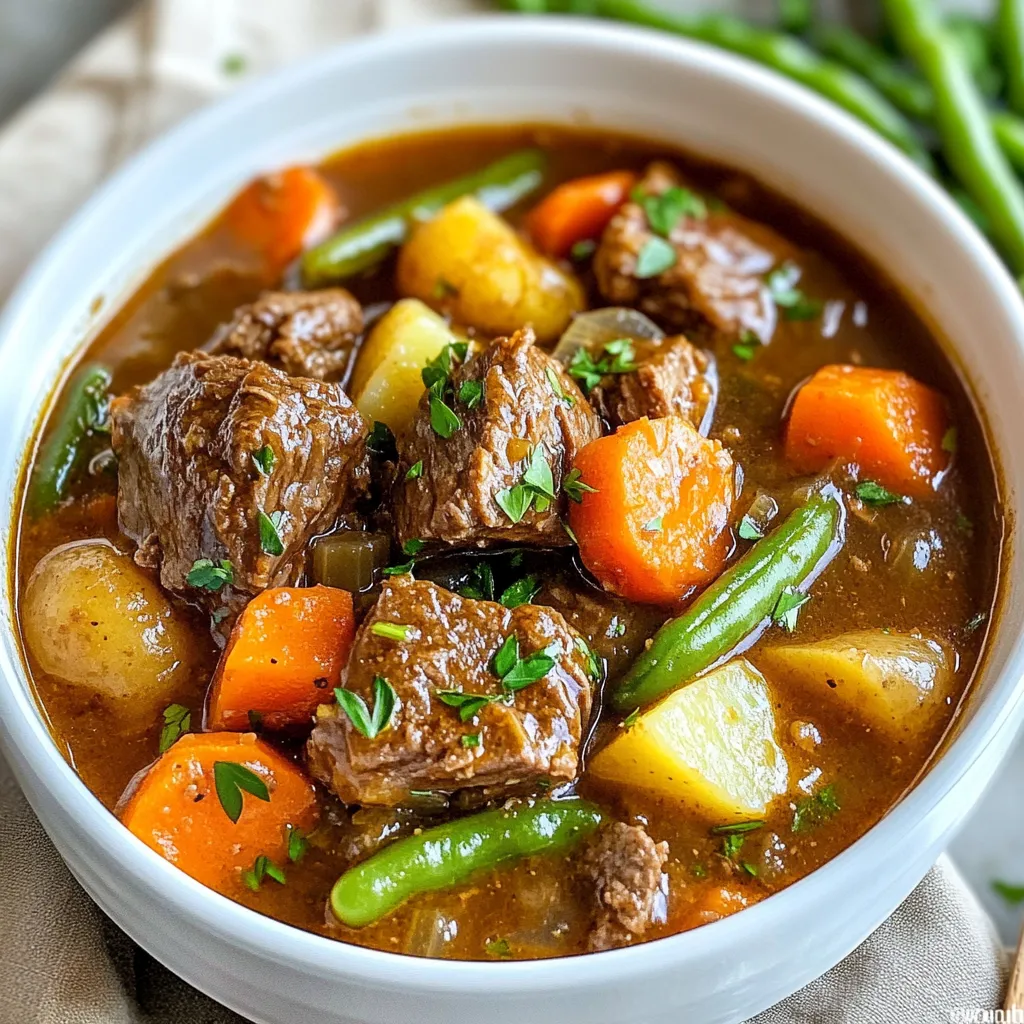 - 2 pounds beef chuck - 2 tablespoons olive oil - 1 onion - 3 garlic cloves - 3 medium carrots - 3 medium potatoes - 1 cup green beans - 4 cups beef broth - 2 tablespoons tomato paste - Dried thyme, rosemary, bay leaf - Worcestershire sauce, salt, and pepper Gathering the right ingredients is key for a great beef stew. Start with beef chuck. This cut is juicy and tender. Use about two pounds for a hearty meal. Next, you’ll need some olive oil. Two tablespoons will help brown the beef. Chop one onion and mince three garlic cloves for flavor. These aromatics are essential. For the vegetables, I suggest three medium carrots, three medium potatoes, and one cup of green beans. These add color and texture. Lastly, don't forget the seasonings. Four cups of beef broth provide depth. Add two tablespoons of tomato paste for richness. Use dried thyme, rosemary, and a bay leaf for aroma. Season with Worcestershire sauce, salt, and pepper to taste. With these ingredients, you're ready to craft a flavorful and hearty beef stew! {{ingredient_image_2}} - Sauté beef cubes until browned - Remove and set aside Start by turning your Instant Pot to 'Sauté' mode. Add 2 tablespoons of olive oil. Wait for the oil to get hot. Carefully add the beef cubes in batches. Make sure not to crowd them. This helps them brown well. Cook each batch for about 5-7 minutes. You want a nice crust on all sides. Once browned, remove the beef and set it aside on a plate. - Sauté onions and garlic in the Instant Pot With the pot still on 'Sauté', add the chopped onion. Stir it for about 3 minutes. You want the onion to become soft and clear. Then, add 3 minced garlic cloves. Stir for another minute. This step builds a strong flavor base for your stew. - Incorporate carrots, potatoes, and green beans into the pot Next, add 3 sliced carrots, 3 diced potatoes, and 1 cup of green beans. Stir the mix for about 3-5 minutes. This helps the vegetables to soften a bit. You want them to meld with the onion and garlic flavors. - Combine all ingredients and set the Instant Pot - Adjust cooking time Now it's time to bring it all together. Return the browned beef to the pot. Pour in 4 cups of robust beef broth. Add 2 tablespoons of tomato paste, 1 teaspoon of dried thyme, 1 teaspoon of dried rosemary, and 1 tablespoon of Worcestershire sauce. Season with salt and pepper to taste. Stir everything well. Secure the lid and set the valve to 'Sealing'. Select 'Manual' or 'Pressure Cook' mode and set the time for 35 minutes. - Allow steam to release naturally - Manual release afterwards When the cooking time is up, let the pressure release naturally for 10 minutes. This step helps keep the meat tender. After 10 minutes, switch the valve to 'Venting' to release any remaining steam. - Thicken stew with cornstarch mix If you like a thicker stew, this step is for you. Remove about 1 cup of the broth from the pot. In a bowl, mix this broth with 1 tablespoon of cornstarch and 2 tablespoons of water. Stir until smooth. Pour the mixture back into the pot while the Instant Pot is on 'Sauté'. Stir until the stew thickens to your liking. Searing beef is key for great flavor. When you brown the meat, it gets a tasty crust. This crust adds depth to the stew. Follow these steps to sear well: - Use an Instant Pot set to 'Sauté'. - Add olive oil and let it heat up. - Brown beef in small batches. - Aim for 5-7 minutes per batch. Removing the beef helps prevent steaming and keeps it tender. Choosing the right vegetables makes your stew shine. Here are the best choices: - Carrots add sweetness and texture. - Potatoes soak up flavors and thicken the stew. - Green beans add freshness. Keep in mind that hard veggies take longer to cook. Soft vegetables like zucchini cook faster. Cut them bigger to match cooking times. The stew’s thickness can change how it feels in your mouth. Here are some ways to adjust it: - For a thicker stew, mix cornstarch with water. - Stir this mix back into the pot and heat it. - Keep stirring until it thickens to your liking. If you prefer a thinner broth, add more beef broth or water. Adjust based on your taste. Pro Tips Brown the Beef Well: Searing the beef until it's nicely browned adds depth of flavor to your stew. Don't rush this step; it’s crucial for a rich taste. Use Fresh Herbs: While dried herbs are convenient, using fresh thyme and rosemary can elevate the flavors of your beef stew significantly. Cut Vegetables Uniformly: Ensure that your vegetables are cut into similar sizes. This ensures even cooking and a pleasant texture throughout the dish. Let It Rest: Allowing the stew to sit for about 10 minutes before serving helps the flavors meld together, making each bite more delicious. {{image_4}} You can switch the beef for chicken or pork. Each meat brings a unique taste. Chicken gives a lighter flavor, while pork adds a sweet note. Simply follow the same steps as the beef stew. Adjust the cooking time if needed. Chicken cooks faster than beef, so try 25 minutes instead of 35. This change keeps the dish exciting and fresh. You can make a meatless beef stew using hearty vegetables and beans. Replace the beef with mushrooms for a meaty texture. Use lentils or chickpeas for protein. Add more carrots, potatoes, and other vegetables you love. Use vegetable broth instead of beef broth. Season with the same herbs to keep the flavor rich. This version is filling and perfect for everyone. To boost the taste, you can add wine to the stew. A cup of red wine adds depth and richness. Pour it in after the onions and garlic. Let it cook for a few minutes to reduce the alcohol. You can also experiment with different herbs. Try adding fresh parsley or basil for a unique twist. These simple changes can take your stew to the next level. You can store leftover beef stew in the fridge for up to four days. Make sure to let it cool before placing it in an airtight container. This keeps it fresh. When you want to enjoy it again, check for any signs of spoilage. If it looks or smells off, it's best to toss it. Freezing beef stew is a great way to save it for later. Here’s how to do it: - Let the stew cool completely. - Portion it into freezer-safe bags or containers. - Remove as much air as possible to avoid freezer burn. - Label each bag with the date. You can freeze the stew for up to three months. When you're ready to eat it, just thaw it in the fridge overnight. To reheat your beef stew without losing flavor, follow these steps: - Stovetop Method: Pour the stew into a pot. Heat over medium heat, stirring often until hot. This helps keep the stew's rich taste. - Microwave Method: Place the stew in a microwave-safe bowl. Heat in short bursts, stirring in between. This prevents hot spots and ensures even warming. Always check the temperature before serving. The stew should be hot throughout for the best taste. It takes about 35 minutes to cook beef stew in an Instant Pot. After cooking, let the pressure release naturally for 10 minutes. This helps the meat stay tender. Then, switch the valve to venting to release the rest of the steam. The total time, including prep, is about 1 hour and 15 minutes. Yes, you can add more vegetables! Some great options include: - Peas - Mushrooms - Celery - Turnips - Sweet potatoes Adding more vegetables can boost flavor and nutrition. Just be mindful of the cooking time. Beef stew pairs well with several sides. Consider these options: - Crusty bread - Rice - Mashed potatoes - Salad - Biscuits These sides help soak up the rich broth and add variety to your meal. Browning the meat is not required but highly recommended. This step adds deep flavor and a nice texture. When you sear the beef, it creates a delicious crust. This enhances the overall taste of the stew. Skipping this step may lead to a less rich flavor. This guide covered how to make a delicious beef stew in an Instant Pot. We talked about key ingredients like beef, vegetables, and seasonings. I shared step-by-step instructions and helpful tips to enhance flavor and texture. You also learned how to store and reheat your stew for optimal taste. Remember, cooking can be fun and creative. Don't hesitate to adjust the recipe. With practice, you’ll make the perfect stew every time. Enjoy your cooking adventure!