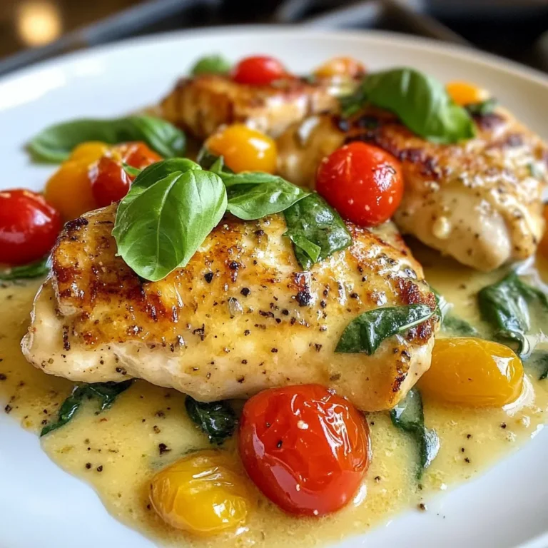 - 4 boneless, skinless chicken breasts - 2 tablespoons olive oil - 4 cloves garlic, minced - 1 cup cherry tomatoes, halved - 1 cup fresh baby spinach The main ingredients form the heart of this dish. Chicken breasts provide a nice, tender protein base. Olive oil gives a rich flavor and helps with cooking. Garlic adds a bold taste that shines through. Cherry tomatoes bring sweetness and a pop of color. Baby spinach adds a fresh and healthy touch. - 1 cup heavy cream - 1/2 cup grated Parmesan cheese - 1 teaspoon Italian seasoning - Salt and freshly cracked black pepper, to taste Heavy cream makes the sauce rich and smooth. Parmesan cheese adds a salty, nutty flavor that enhances the dish. Italian seasoning gives it a classic taste. Salt and pepper help balance all the flavors. - Fresh basil leaves Fresh basil leaves finish off the dish nicely. They add a burst of color and a hint of sweetness. Garnishing your creamy garlic Tuscan chicken with basil makes it look beautiful and appetizing. {{ingredient_image_2}} - First, season the chicken. Use salt, pepper, and Italian seasoning. Make sure to cover both sides well. This adds great flavor to the chicken. - Next, sear the chicken breasts. Heat olive oil in a skillet over medium-high heat. Once the oil is hot, add the chicken. Cook for 5-7 minutes on each side. The chicken should be golden brown and cooked through. Remove it from the skillet and cover it to keep warm. - Now, sauté the garlic. Use the same skillet and lower the heat to medium. Add the minced garlic and stir for about 30 seconds. You want it to smell nice and be lightly golden. - Then, cook the cherry tomatoes. Add the halved tomatoes to the skillet. Stir gently for 2-3 minutes until they start to soften and burst. This releases their juicy flavor. - After that, add the spinach. Stir in the fresh baby spinach and cook for about 2 minutes. You want it to wilt down nicely. - Next, incorporate the heavy cream. Pour it into the skillet, stirring gently. Bring the mix to a gentle simmer. - Then, add the Parmesan cheese. Gradually stir in the grated cheese. Keep mixing until it melts and combines into a smooth sauce. - Finally, mix with the chicken. Return the seared chicken to the skillet. Let it simmer in the creamy sauce for 3-5 minutes. This allows all the flavors to meld. Enjoy the rich taste of your creamy garlic Tuscan chicken! - Tips for seasoning: Start with salt and pepper. Use Italian seasoning to boost flavor. Don't rush; let the spices soak in for a few minutes. - Achieving the right creaminess: Use heavy cream for a rich sauce. Stir in Parmesan cheese slowly. This helps create a smooth texture. If it feels too thick, add a splash of chicken broth. - Doneness check for chicken: Use a meat thermometer. The internal temperature should reach 165°F. Look for a golden brown color on the outside for a nice finish. - Searing vs. baking: Searing gives the chicken a crisp outside. Baking can dry it out. I prefer searing for juicy results. It also adds flavor to the sauce. - Value of resting time: Let chicken rest after cooking. This keeps it moist and tender. A few minutes is all it needs to lock in juices. - Best sides to accompany the dish: Mashed potatoes are a perfect match. Pasta also works well, soaking up the creamy sauce. Steamed veggies balance the meal nicely. - Presentation tips for serving: Serve the chicken on a bright plate. Drizzle extra sauce over the top. Add fresh basil leaves for color and fresh flavor. This makes the dish look great and inviting. Pro Tips Perfectly Sear the Chicken: Ensure your skillet is hot enough before adding the chicken. This will create a beautiful golden crust and lock in juices for a moist chicken. Use Fresh Ingredients: Fresh garlic, tomatoes, and spinach will elevate the flavor of the dish. Opt for high-quality Parmesan cheese for a richer sauce. Adjust Creaminess: If you prefer a lighter sauce, substitute half of the heavy cream with chicken broth. This adds flavor without the extra calories. Garnish with Flair: Don’t skip the fresh basil garnish. It not only adds color but also a fresh, aromatic finish that complements the creamy sauce beautifully. {{image_4}} Alternative proteins You can use chicken thighs instead of chicken breasts. They add more flavor and stay juicy. For a lighter option, try turkey cutlets. Fish like salmon or shrimp also work well in this dish. Dairy-free options If you want a dairy-free version, swap heavy cream for coconut cream. Use nutritional yeast in place of Parmesan cheese for a cheesy flavor without dairy. Adding spices To boost flavor, add red pepper flakes for heat. Smoked paprika gives a nice depth, too. Experiment with fresh herbs like thyme or oregano for a new twist. Incorporating vegetables You can add bell peppers or zucchini to the mix. They bring color and extra nutrients. Mushrooms also add a rich, earthy taste that pairs well with the sauce. Gluten-free adjustments To make this gluten-free, ensure your seasoning blends and broth are certified gluten-free. You can serve the dish over rice or gluten-free pasta instead of regular pasta. One-pan meal idea For a quick cleanup, try making this dish as a one-pan meal. Add your protein, veggies, and sauce all at once. Cook until everything is done and enjoy a simple yet delicious meal. To store leftovers, let the creamy garlic Tuscan chicken cool completely. Place it in an airtight container. Make sure to seal it well to keep the flavors fresh. This dish will stay good in the fridge for up to three days. For storage containers, use glass or plastic that is safe for the fridge. These materials help keep your food fresh and tasty. When reheating, use a skillet over low heat. This method warms the chicken evenly. Stir the sauce gently to avoid separation. You can also use the microwave. If you do, heat it in short bursts. Stir in between to keep the sauce smooth. Yes, you can freeze creamy garlic Tuscan chicken! To do this, let it cool and then transfer it to a freezer-safe container. Make sure to leave some space for expansion. It will stay good for about three months. When you are ready to eat, thaw it overnight in the fridge. This helps keep the texture right. Can I use chicken thighs instead? Yes, you can use chicken thighs. They add more flavor and stay juicy. Cook them the same way as chicken breasts. Is the recipe suitable for meal prep? Yes, this dish is great for meal prep. It stores well in the fridge for a few days. Just reheat it gently to keep the sauce creamy. How do I make it spicier? To add spice, try red pepper flakes or a dash of hot sauce. You can also use spicy Italian sausage instead of chicken. What can replace heavy cream? You can use half-and-half or coconut cream. These options will still give a creamy texture. For a lighter version, try Greek yogurt mixed with broth. Can I use dried herbs instead of fresh? Yes, you can use dried herbs. Use about one-third of the amount. Dried herbs are more concentrated in flavor. Can I make this in a slow cooker? Yes, you can. Sear the chicken first, then add all ingredients to the slow cooker. Cook on low for 4 to 6 hours. How do I adapt this for a stovetop pressure cooker? Sear the chicken, then add all other ingredients to the pot. Cook on high pressure for about 10 minutes. Quick-release the pressure to finish. This recipe combines simple ingredients for a tasty dish. You learned how to prepare chicken, create a savory sauce, and serve it beautifully. Remember to follow the cooking tips for perfect results. You can easily modify this dish to fit your needs. Experiment with different proteins or spices to make it your own. With these ideas, you’ll impress yourself and others at your next meal. Enjoy cooking and sharing this delicious treat!