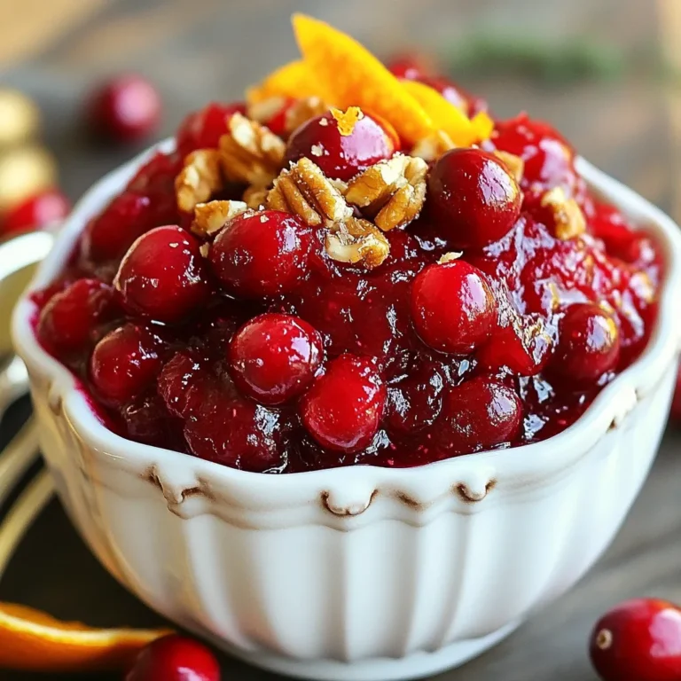 - 12 oz fresh cranberries - Zest of 1 large orange (about 1 tablespoon) Fresh cranberries are the star here. Choose bright, firm berries. Rinse them well to remove dirt. Check for any bad berries and toss those out. The zest from an orange adds a bright flavor. It gives a nice citrus touch to the sauce. - 1 cup granulated sugar - 1 cup filtered water Granulated sugar sweetens the tart cranberries. It helps balance the flavors and makes the sauce taste great. We mix the sugar with filtered water to create a simple syrup. This syrup dissolves easily over heat. - 1 teaspoon ground cinnamon - 1/2 teaspoon pure vanilla extract - 1/4 teaspoon salt - Optional: 1/2 cup chopped walnuts or pecans for added crunch Cinnamon adds warmth and spice to the sauce. Vanilla gives a rich, sweet note. A touch of salt balances the sweetness. If you like crunch, add walnuts or pecans for texture. These ingredients take the sauce to the next level! {{ingredient_image_2}} Start by rinsing the fresh cranberries under cold water. This step washes away dirt and impurities. Look closely at the cranberries. Remove any that are spoiled or damaged. You want only the best berries for your sauce. In a medium saucepan, mix 1 cup of filtered water and 1 cup of granulated sugar. Place the pan over medium heat. Stir the mixture until the sugar dissolves completely. Once it boils, add the rinsed cranberries. Bring it back to a boil, then lower the heat to simmer. Cook for 10 to 15 minutes. Stir occasionally. You will see the cranberries pop as they cook. This is when your sauce starts to thicken. Once the cranberries burst, add the orange zest, ground cinnamon, vanilla extract, and salt. Stir these ingredients together well. This is where the magic happens. If you want a crunch, fold in the chopped walnuts or pecans. Remove the pan from the heat and let the sauce cool at room temperature. The sauce will thicken more as it cools. Once cooled, transfer it to a pretty dish or an airtight container. Chill it in the fridge until you are ready to serve. The flavors will blend nicely while it cools. To get the right thickness for your sauce, cook it longer. After the cranberries pop, let it simmer for an extra minute or two. This helps the sauce thicken nicely. If it seems too thin, a quick trick is to mash a few cranberries with a fork. This will help create a thicker texture. Remember, the sauce will also thicken as it cools, so don't worry if it seems a bit runny at first. Balancing flavors is key for great cranberry sauce. The tartness of cranberries needs some sweetness. That’s why we use one cup of sugar. If you want it less sweet, reduce sugar by a bit. Adding a pinch of salt enhances all the flavors. The orange zest adds a bright note. You can also experiment with spices like cinnamon or nutmeg for warmth. Taste your sauce as you go. Adjust the flavors to your liking. Serving your cranberry sauce nicely makes a big difference. Use a pretty bowl to show off the color. A light sprinkle of orange zest on top adds a pop. You can also place a few whole cranberries for extra flair. If you added nuts, sprinkle some on top as well. Make it festive! Remember, we eat with our eyes first. A great presentation makes your dish shine at any gathering. Pro Tips Fresh Cranberries: Ensure you select plump, firm cranberries with a bright color for the best flavor and texture. Thicker Sauce: For a thicker cranberry sauce, let it simmer a bit longer until it reaches your desired consistency. Flavor Enhancements: Experiment with adding a pinch of nutmeg or cloves for a different flavor profile. Storage Tips: Store the sauce in an airtight container in the refrigerator for up to one week; it also freezes well for longer storage. {{image_4}} You can make your cranberry sauce even better by adding nuts. Chopped walnuts or pecans work well. Just add half a cup of nuts when you mix in the orange zest. The nuts give a great crunch and flavor. They also add healthy fats, which are good for you. Be sure to mix them in gently so they do not break apart. This nutty twist makes your sauce unique and tasty. Want to boost the citrus flavor? You can add more zest or even juice from other fruits. Lime or lemon juice brings a fresh taste. Adding about a tablespoon of lemon juice can brighten the sauce. You can also mix in zest from lemons or limes. This gives the sauce a zesty kick. Each citrus fruit brings its own fun taste to the dish. So, feel free to experiment and find what you like best! If you love spices, try adding some to your sauce. Ground ginger or cardamom can add a warm flavor. Just a pinch of ground ginger gives a nice, spicy kick. You can also try using cloves for a sweet and warm taste. Mix in these spices when you add the orange zest. This creates a cozy feel, perfect for cold days. Spice it up and enjoy a whole new flavor in your cranberry sauce! After making your cranberry sauce, let it cool to room temperature. Then, transfer it to an airtight container. Store in the fridge for up to two weeks. This will keep the flavors fresh and vibrant. The sauce may thicken as it chills. If it becomes too thick, just stir in a bit of water before serving. You can freeze cranberry sauce for longer storage. Place it in a freezer-safe container, leaving some space for expansion. Seal tightly and freeze for up to three months. To use, thaw it in the fridge overnight. You can also warm it gently on the stove if you prefer it warm. Homemade cranberry sauce lasts well in the fridge and freezer. Check for any off smells or changes in color before using. If stored properly, it maintains great quality. Enjoy your sauce with turkey, ham, or even on toast! Yes, you can use frozen cranberries. They work well in this sauce. Just toss them in the pot straight from the freezer. You may need to cook them a bit longer. The sauce will still taste great! Cranberry sauce pairs well with many dishes. I love serving it with turkey or chicken. It also goes nicely with grilled cheese or spread on bread. Try it on pancakes for a fun twist! To make the sauce less sweet, reduce the sugar. Start with 3/4 cup instead of 1 cup. You can also add a bit of lemon juice for a tart flavor. Another option is to mix in extra cranberries, which will balance the sweetness. You learned about the key ingredients for cranberry sauce, including fresh fruits, sugars, and flavor enhancers. You saw how to prepare, cook, and add flavors for the best results. I shared tips on perfecting the sauce’s texture and balance, plus great ways to present it. We explored fun variations like nutty and spiced options. Lastly, I highlighted storage tips to keep your sauce fresh. By following these steps, you can make a delicious cranberry sauce that will impress everyone. Enjoy your cooking!