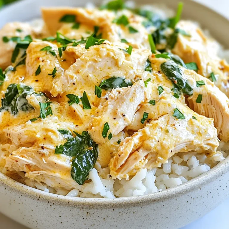 - 4 boneless, skinless chicken breasts - 1 cup chicken broth (low-sodium for better control over salt) - 1 cup heavy cream - 1 cup freshly grated Parmesan cheese - 6 cloves garlic, minced (or more for garlic lovers) - 1 teaspoon Italian seasoning (a mix of oregano, basil, and thyme) - 1 teaspoon garlic powder - 1 teaspoon onion powder - Salt and black pepper to taste - 2 cups baby spinach (fresh or lightly wilted) - Chopped fresh parsley for garnish When you choose your ingredients, look for bright colors and firm textures. For chicken, check that it has no discoloration and smells fresh. Fresh garlic should feel firm and have a strong aroma. For spinach, pick leaves that are vibrant green and crisp. Freshly grated Parmesan adds the best flavor, so avoid the pre-grated versions. You can swap the chicken for tofu or chickpeas for a plant-based option. Use vegetable broth instead of chicken broth for a veggie-friendly base. If you want a lighter dish, opt for half-and-half instead of heavy cream. For a dairy-free option, try coconut cream or a nut-based cheese. {{ingredient_image_2}} Start by placing the chicken breasts at the bottom of your crockpot. I like to use boneless, skinless chicken breasts for this dish. Next, season the chicken well. Use salt, black pepper, garlic powder, and onion powder. This will give the chicken a strong, tasty base. In a mixing bowl, combine chicken broth, heavy cream, and grated Parmesan cheese. Add minced garlic and Italian seasoning. Whisk everything together until it's smooth and creamy. This sauce will coat the chicken and add rich flavor. Pour the creamy sauce over the seasoned chicken in the crockpot. Make sure the chicken is fully covered with the sauce. Put the lid on the crockpot. Cook on low for 6-7 hours or high for 3-4 hours. The chicken will become tender and ready to shred. About 30 minutes before the cooking time is done, stir in baby spinach. This adds nutrition and flavor. Once done, use two forks to shred the chicken right in the crockpot. Mix the chicken with the creamy sauce until well combined. Taste and adjust seasoning if needed. Serve over rice or pasta, and garnish with parsley for a nice touch. Enjoy your meal! To get that rich and creamy texture, use heavy cream. This makes the sauce thick and smooth. Always whisk the cream well with the chicken broth and Parmesan cheese. Mixing well helps avoid lumps. If you want an even creamier sauce, add more cheese. Grated cheese melts better than shredded. Boost the flavor with fresh herbs. Basil or thyme can add a nice twist. For garlic lovers, add more minced garlic. You can also add a squeeze of lemon juice for brightness. This gives depth to the dish. A dash of red pepper flakes can add heat, too. Don't rush the cooking time. Cooking on low for 6-7 hours gives the best results. If you cook on high, watch it closely to prevent dryness. Be careful not to over-season at first. You can always adjust the salt and pepper later. Lastly, don’t skip adding spinach. It adds nutrition and flavor. Pro Tips Use Fresh Garlic: Freshly minced garlic enhances the flavor significantly compared to garlic powder. For maximum aroma and taste, use fresh garlic cloves. Adjust Creaminess: For a lighter version, substitute half of the heavy cream with Greek yogurt or sour cream, which adds creaminess without overwhelming richness. Perfect Chicken Breasts: Ensure the chicken breasts are of uniform thickness for even cooking. You can pound them to an even thickness if needed. Customize Spinach: Feel free to substitute baby spinach with kale or Swiss chard for a different flavor profile. Just make sure to adjust the cooking time accordingly. {{image_4}} You can boost the nutrition of your dish by adding vegetables. Try carrots, bell peppers, or zucchini. Chop them into small pieces for even cooking. Add the veggies at the start with the chicken. This way, they soak up all the tasty flavors. If you want more greens, toss in peas or broccoli during the last hour of cooking. Chicken is great, but you can switch it up. Use turkey breast for a leaner option. Pork chops also work well and add a different taste. If you prefer plant-based meals, try chickpeas or tofu. Just make sure to adjust the cooking time. Tofu needs less time, while pork may need a bit more. Do you like a bit of heat? Add red pepper flakes or hot sauce to the creamy sauce. Start with a small amount and taste as you go. This lets you control the spice level. If you want a milder dish, skip the pepper and focus on herbs. Fresh basil or cilantro can add a nice touch without the heat. After enjoying your creamy garlic Parmesan crockpot chicken, you may have some leftovers. To store them, let the chicken cool down first. Then, place it in an airtight container. Use a container that seals well to keep the chicken fresh. You can keep it in the fridge for about 3 to 4 days. Make sure to label the container with the date so you remember when you made it. If you want to save your leftovers for later, freezing is a great option. First, make sure the chicken is fully cooled. Divide it into portions for easy thawing later. Place the portions in freezer-safe bags or containers. Remove as much air as possible before sealing. This helps prevent freezer burn. You can freeze the chicken for up to 3 months. When you're ready to eat it, just thaw it in the fridge overnight. Reheating your creamy garlic Parmesan chicken can be simple. For the best taste, use the stove. Heat a pan over medium heat. Add a splash of chicken broth or cream to keep it moist. Stir often until it's hot. You can also microwave it. Place the chicken in a microwave-safe dish. Cover it with a damp paper towel to keep it from drying out. Heat it in short bursts, stirring in between, until it's warm all the way through. Enjoy your tasty meal again! Yes, you can use frozen chicken. Just add an hour to the cooking time. Make sure the chicken reaches a safe temperature of 165°F. Cooking from frozen may keep the chicken juicier. To make this dish healthier, use low-fat cream or Greek yogurt. You can also add more fresh vegetables, like bell peppers or zucchini. Reducing the cheese slightly can also cut calories. Yes, you can make this on the stove. Sear the chicken in a large pan first. Then, add the creamy sauce and simmer on low heat until cooked through. Stir often for even cooking. Great sides include fluffy rice, pasta, or steamed veggies. A fresh salad adds a nice crunch too. Garlic bread also works well, soaking up that creamy sauce. You now have a complete guide for making Creamy Garlic Parmesan Chicken. We covered key ingredients, tips for freshness, and substitutions. I detailed step-by-step instructions on prepping the chicken and making the sauce. You also learned useful tips for perfecting the texture and avoiding common mistakes. Remember, feel free to add your own twist with variations. Whether you choose to store leftovers or make it healthier, the options are endless. Embrace the creativity in your cooking, and enjoy your delicious meal!