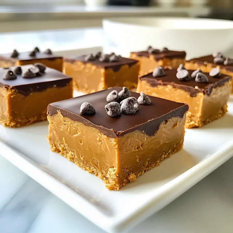 To make these scrumptious no bake peanut butter bars, gather these simple ingredients: - 1 cup natural peanut butter (creamy or crunchy) - 1 cup rolled oats - 1/2 cup honey or maple syrup - 1/2 cup dark chocolate chips - 1/4 cup powdered sugar (optional for extra sweetness) - 1/4 cup chia seeds (optional for texture and nutrition) - A pinch of fine sea salt - 1 teaspoon vanilla extract Each ingredient plays a key role in flavor and texture. - Peanut Butter: This gives the bars their rich, nutty taste. - Oats: They provide a hearty base and chewy consistency. - Honey or Maple Syrup: These sweeteners bind the bars and add sweetness. - Chocolate Chips: They create a delicious topping that melts beautifully. - Powdered Sugar: This is optional, but it can make the bars sweeter. - Chia Seeds: These add crunch and boost nutrition. - Sea Salt: A pinch enhances all the flavors. - Vanilla Extract: This adds a warm, sweet aroma. Feel free to customize! You can swap the sweeteners or add dried fruits for new flavors. {{ingredient_image_2}} First, grab a large mixing bowl. Add 1 cup of natural peanut butter. You can choose creamy or crunchy, based on what you like. Next, pour in 1/2 cup of honey or maple syrup. Add 1 teaspoon of vanilla extract for flavor. Use a spatula or wooden spoon to mix this blend until it looks smooth and creamy. Now, take a medium bowl and add 1 cup of rolled oats. If you want extra sweetness, add 1/4 cup of powdered sugar. For some nutrition, toss in 1/4 cup of chia seeds. Then, sprinkle in a pinch of fine sea salt. Stir these dry ingredients well to mix them evenly. Gradually add the dry oat mixture to the peanut butter mix. Stir vigorously until it all comes together. You want a sticky, cohesive dough that holds well. Now, line an 8x8 inch baking dish with parchment paper. Make sure the paper hangs over the sides. This helps with easy removal later. Pour the combined mixture into the lined dish. Use your spatula to spread it evenly. Press the mixture down firmly into the bottom. Next, take 1/2 cup of dark chocolate chips and place them in a microwave-safe bowl. Melt them in the microwave. Heat in 20-second intervals, stirring in between. Stop when the chocolate is fully melted and smooth. Drizzle this melted chocolate over the pressed peanut butter mixture. Use your spatula to spread it evenly. Now, place the baking dish in the refrigerator. Let it chill for at least 1-2 hours. This helps the bars firm up nicely. Once set, carefully lift the bars out by the parchment overhang. Place them on a cutting board. Cut into squares or bars as you like. Enjoy your delicious no bake peanut butter bars! Choosing between creamy or crunchy peanut butter is key. Creamy peanut butter gives a smooth, rich taste. Crunchy peanut butter adds fun bites and texture. Pick what you love! Pressing the mixture tightly is also crucial. This helps the bars hold together. Use a spatula to really pack it down. The tighter you press, the better they stay firm. You can boost the flavor with extra goodies. Try adding mini chocolate chips, dried fruit, or nuts for added crunch. These mix-ins make the bars even more fun and tasty. Melting chocolate can be tricky. Use short bursts in the microwave. Heat for 20 seconds, then stir. Repeat until it’s smooth. This way, you avoid burning the chocolate. For a great look, arrange the bars on a wooden board. Garnish with extra chocolate chips or chia seeds on top. This makes your dessert pop with color! Pair these bars with fresh fruit or yogurt. Slices of banana or strawberries go well. They add a nice, fresh touch and make your plate more inviting. Pro Tips Choose Your Peanut Butter Wisely: Opt for natural peanut butter without added sugars or oils for a healthier option. The flavor and texture will significantly enhance your bars! Experiment with Sweeteners: Feel free to adjust the sweetness by using more or less honey or maple syrup. You can also try agave nectar or coconut nectar for a different flavor profile. Chill for Perfect Texture: Make sure to let the bars chill in the refrigerator for at least 1-2 hours. This helps them firm up nicely and makes cutting easier. Add Variety with Mix-ins: Customize your bars by adding ingredients like dried fruits, nuts, or seeds for extra flavor and nutrition. Just be mindful of the ratios to keep the bars cohesive. {{image_4}} You can make these peanut butter bars even healthier. One way is to swap refined sugars for natural sweeteners. Natural sweeteners like honey or maple syrup add flavor and nutrients. They also keep the bars moist. If you want a lower glycemic index, use agave nectar. Another great option is to substitute with different nut butters. Almond butter, cashew butter, or sunflower seed butter work well. Each nut butter gives a unique taste and texture. Try them out and see which one you like best! If you want to change the flavor, adding cocoa powder is a great idea. Just a few tablespoons can turn these bars into a chocolate treat. You could also try cinnamon or nutmeg for a warm spice flavor. These additions make your bars more exciting. You can also include dried fruits or nuts. Chopped dates, cranberries, or raisins add sweetness and texture. Nuts like walnuts or almonds give a nice crunch. Mix and match to find your favorite combo! To keep your no bake peanut butter bars fresh, use an airtight container. You can stack the bars with parchment paper between layers to prevent sticking. Store them in the refrigerator at a cool temperature. They will stay fresh for up to one week. For longer shelf life, you can freeze these bars. Wrap each bar in plastic wrap, then place them in a freezer-safe bag. This way, they won’t get freezer burn. They can last for up to three months in the freezer. When you're ready to enjoy a bar, take it out and let it thaw in the fridge for a few hours. This helps maintain the creamy texture. If you need it fast, you can let it sit at room temperature for about 30 minutes. Enjoy the soft, delicious flavor! How long do no bake peanut butter bars last? No bake peanut butter bars can last up to one week in the fridge. Store them in an airtight container. This keeps them fresh and tasty. They may last longer if you freeze them, up to three months. Can I use different types of nut butter? Yes! You can use almond butter, cashew butter, or sunflower seed butter. Each nut butter adds a different flavor. Just ensure it has a similar texture to peanut butter for the best results. What can I substitute for honey or maple syrup? You can use agave nectar or brown rice syrup. These options give a sweet taste too. If you want a sugar-free choice, consider using stevia or monk fruit syrup. Adjust the amount based on your sweetness preference. Are no bake peanut butter bars healthy? Yes! They are rich in healthy fats, fiber, and protein. The oats provide energy, while peanut butter offers good fats. Just watch the sugar content if you add extra sweeteners. In this post, I covered how to make no-bake peanut butter bars. We talked about the key ingredients and steps for mixing, pressing, and chilling the bars. I shared tips for perfecting texture and flavor, along with storage methods to keep them fresh. Feel free to experiment with variations to match your taste. Making these bars is easy and fun, and you can enjoy them anytime. I hope you feel inspired to try this recipe yourself and make your own tasty treats!