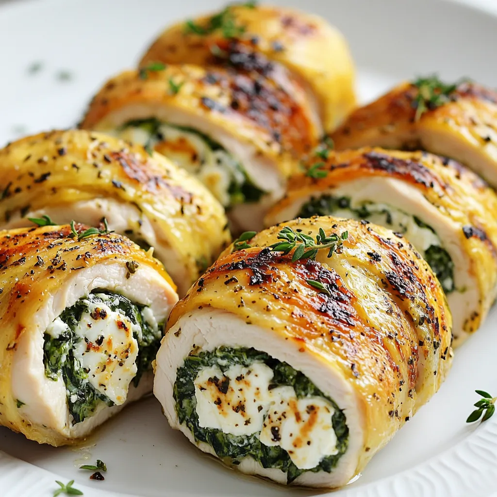 - 4 boneless, skinless chicken breasts - 1 cup fresh spinach, finely chopped - 1/2 cup feta cheese, crumbled - 1/4 cup cream cheese, softened to room temperature - 2 cloves garlic, minced - 1 teaspoon lemon zest - 1 teaspoon dried oregano - Salt and freshly ground black pepper - 2 tablespoons extra virgin olive oil - Toothpicks or kitchen twine Gather these ingredients before starting. Each one plays a key role in the flavor and texture of the dish. The chicken breasts provide a nice canvas for the creamy filling. Fresh spinach adds a pop of green and a hint of earthiness. Feta cheese gives a tangy taste, while cream cheese adds smoothness. Garlic brings a savory note, and lemon zest brightens everything up. Dried oregano adds depth to the filling. The olive oil helps to achieve a lovely golden crust when cooking. Lastly, toothpicks or kitchen twine keep your rolls secure. Make sure to use fresh ingredients for the best taste. This dish is not only tasty but also looks great on the plate. A colorful, delicious meal awaits you! {{ingredient_image_2}} - Preheat oven to 375°F (190°C). - In a bowl, mix fresh spinach, crumbled feta, softened cream cheese, minced garlic, lemon zest, dried oregano, and salt and pepper. Stir until creamy. - Place chicken breasts between plastic wrap. - Pound each breast to 1/2 inch thick using a meat mallet. - Spread the creamy filling evenly onto each chicken breast. - Carefully roll each chicken breast tightly from one side. - Use toothpicks or kitchen twine to secure the rolls. - Heat olive oil in a skillet over medium-high heat. - Sear the chicken rolls until golden brown, about 3-4 minutes on each side. - Move the skillet with chicken to the preheated oven. - Bake for 20-25 minutes until fully cooked. - The chicken should reach an internal temperature of 165°F (74°C). - Let the chicken rest for 5 minutes before slicing. - Remove toothpicks or twine, then slice into medallions. To avoid filling spillage, spread the filling evenly. Leave a small border around the edges. This helps keep the filling inside while rolling. Use a gentle hand when rolling the chicken. Start from one side and roll tightly to secure the filling. Cook the chicken until it reaches an internal temperature of 165°F (74°C). This ensures it is safe to eat. For a golden-brown crust, sear the chicken in hot olive oil. Sear each side for about 3-4 minutes. This adds flavor and color to your dish. For a great presentation, slice the chicken into medallions. Arrange them on a bed of fresh greens or roasted veggies. Drizzle with balsamic glaze for extra flavor. Fresh herbs also add a nice touch and color. Pair with rice or a light salad for a complete meal. Pro Tips Use Fresh Ingredients: Fresh spinach and high-quality feta cheese will enhance the flavor of the dish significantly. Always opt for ingredients that are in season for the best taste. Pound Evenly: Make sure to pound the chicken breasts evenly to ensure they cook at the same rate. This helps prevent some parts from being overcooked while others are undercooked. Let it Rest: Allow the chicken to rest for at least 5 minutes after baking. This step is crucial for retaining the juices and ensuring a moist and flavorful chicken roll. Experiment with Spices: Feel free to adjust the flavor profile by adding different herbs and spices to the filling, such as sun-dried tomatoes or pine nuts, for an extra layer of complexity. {{image_4}} You can switch feta cheese for other options. Try goat cheese for a tangy twist. Cream cheese can add a rich texture. You may also use mozzarella for a milder flavor. Each cheese brings unique notes to the dish. Feel free to add more veggies to your filling. Chopped sun-dried tomatoes add sweetness. Bell peppers give a nice crunch. You can even include mushrooms for an earthy taste. For toppings, consider fresh herbs like parsley or basil. They add color and flavor. Spices can elevate your chicken. Add red pepper flakes for heat. Try smoked paprika for a deep, warm flavor. Marinades are also great. A mix of lemon juice, olive oil, and herbs can infuse the chicken with zest. Let it marinate for at least 30 minutes for the best results. To keep your Feta Spinach Rolled Chicken fresh, store it in an airtight container. Place it in the fridge within two hours of cooking. This keeps bacteria at bay and keeps the chicken safe to eat. Your rolled chicken will last about 3 to 4 days in the refrigerator. When it's time to enjoy leftovers, avoid drying them out. The best way is to reheat in the oven. Preheat to 350°F (175°C). Place the chicken in a baking dish and cover it with foil. Heat for about 15 to 20 minutes. This keeps the chicken moist and flavorful. You can also use a microwave, but use a low power setting. Add a splash of broth or water for moisture. This helps the chicken stay juicy and tasty. Yes, you can prepare Feta Spinach Rolled Chicken ahead of time. You can make the filling and roll the chicken. Cover it and store it in the fridge for up to 24 hours. When ready, just bake it as directed. This saves time on busy days. Feta Spinach Rolled Chicken pairs well with many sides. Try serving it with: - Roasted vegetables - A fresh green salad - Quinoa or rice - Garlic bread These options add color and flavor to your meal. Yes, you can freeze the rolled chicken. Wrap it tightly in plastic wrap and foil. It can last up to three months in the freezer. Thaw it in the fridge overnight before baking. This makes it easy to enjoy later. Some common mistakes include: - Not pounding the chicken evenly - Overfilling the rolls - Skipping the resting time after cooking Avoid these mistakes for best results. They can affect the texture and taste of your dish. Use a meat thermometer to check the chicken. The internal temperature should reach 165°F (74°C). If you don’t have a thermometer, cut into the chicken. The meat should be white and juices should run clear. This ensures it is safe to eat. In this post, I shared a tasty recipe for Feta Spinach Rolled Chicken. You learned about the ingredients, how to prepare and cook the chicken, and tips for making it perfect. I also covered storage and reheating methods to keep leftovers fresh. Final thoughts: This dish is not only delicious but also easy to customize. Try different cheeses or veggies for your personal touch. Enjoy this flavorful meal with confidence!