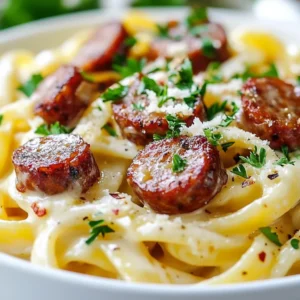 To make Cajun smoked sausage Alfredo pasta, you'll need: - 8 oz fettuccine pasta - 2 tablespoons olive oil - 1 lb Cajun smoked sausage, sliced into rounds - 3 cloves garlic, finely minced - 1 cup heavy cream - 1 cup freshly grated Parmesan cheese - 1/2 cup chicken broth - 1 teaspoon Cajun seasoning - Salt and freshly ground black pepper, to taste - 1/4 cup chopped fresh parsley, for garnish - 1/4 teaspoon red pepper flakes (optional, for an extra kick) For the Cajun smoked sausage, I recommend using Aidells or Johnsonville. They offer great flavor. For Parmesan cheese, choose a brand that you can grate fresh, like BelGioioso. Fresh cheeses melt better and taste richer. If you want a lighter dish, use half-and-half instead of heavy cream. You can swap the fettuccine for penne or rotini if you prefer. For a vegetarian take, use a meat substitute like tempeh or mushrooms instead of sausage. Lastly, if you need it gluten-free, choose a gluten-free pasta. {{ingredient_image_2}} First, fill a large pot with water and add salt. Bring the water to a rolling boil. Once it bubbles, add 8 ounces of fettuccine pasta. Cook according to the package instructions until it's al dente, which usually takes about 8 to 10 minutes. Drain the pasta but save a little of the water just in case you need it later. Next, grab a large skillet and heat 2 tablespoons of olive oil over medium-high heat. Once the oil is hot, add 1 pound of sliced Cajun smoked sausage. Sauté the sausage for about 5 to 7 minutes. You want it to be browned and heated through. Stir it occasionally for even cooking. Reduce the heat slightly after the sausage is ready. Add 3 cloves of finely minced garlic to the skillet. Sauté for 1 to 2 minutes until the garlic smells great but be careful not to burn it. Now, lower the heat to medium and pour in 1 cup of heavy cream and 1/2 cup of chicken broth. Stir well and let it simmer. This step allows the flavors to blend nicely. Now it's time to bring it all together. Gradually whisk in 1 cup of freshly grated Parmesan cheese. Keep stirring until the cheese melts and the sauce becomes creamy. Mix in 1 teaspoon of Cajun seasoning. Taste it and adjust with salt and freshly ground black pepper. If you like it spicy, you can add 1/4 teaspoon of red pepper flakes. Finally, add the drained fettuccine to the skillet. Toss the pasta gently in the sauce until each strand is coated. If the sauce feels too thick, add a splash of the reserved pasta water. Heat it through for another 2 to 3 minutes, and you're ready to serve! To make great pasta, use a large pot with plenty of water. Salt the water well; it should taste like the sea. Cook the fettuccine until it is al dente, firm yet tender. After draining, save a cup of pasta water. This water helps adjust your sauce later. Cajun food can be spicy, but you can control it. Start with one teaspoon of Cajun seasoning. Taste the sauce as you mix. If you want more heat, add red pepper flakes. This way, you can find the right level for your taste buds. For a smooth Alfredo sauce, use fresh ingredients. Heavy cream and freshly grated Parmesan cheese work best. Add the cheese slowly, whisking as you go. This ensures it melts evenly. If the sauce is too thick, mix in some reserved pasta water. This will keep it creamy and light. Pro Tips Perfect Pasta Texture: Always cook pasta until al dente, as it will continue to cook slightly when combined with the sauce. This helps prevent mushy pasta. Cheese Matters: Use freshly grated Parmesan cheese instead of pre-grated for a smoother and richer sauce. The fresh cheese melts better and enhances the flavor. Balancing Flavors: Adjust the seasoning gradually. Start with the Cajun seasoning and taste as you go to achieve the perfect balance of spice and creaminess. Garnishing for Appeal: For an elegant presentation, garnish with additional parsley and Parmesan, and serve immediately while the dish is hot and creamy. {{image_4}} You can add many veggies to the dish. This boosts flavor and nutrition. I like using bell peppers, spinach, or mushrooms. Chop them up small. Sauté them with the sausage. This adds a nice crunch and taste. While Cajun smoked sausage shines here, you can swap it out. Try andouille or Italian sausage for a twist. Each type changes the flavor. You may also use chicken sausage for a lighter option. Just adjust the cooking time if needed. If you need gluten-free, use rice pasta. It cooks slightly different but tastes great. For dairy-free, try coconut cream instead of heavy cream. Nutritional yeast works well for cheese flavor. These swaps make the dish work for any diet. After enjoying your Cajun smoked sausage Alfredo pasta, store leftovers in an airtight container. Let it cool down to room temperature before sealing. This keeps the flavors fresh. Place the container in the fridge. It will stay good for up to three days. Make sure to label the container with the date. When you're ready to enjoy your leftovers, reheat with care. You can use the microwave or a stovetop. If using the microwave, heat in short bursts, stirring in between. This will ensure even warming. If using the stovetop, add a splash of chicken broth or water. This will help loosen the sauce. Warm over low heat until hot. You can freeze Cajun smoked sausage Alfredo pasta, but keep in mind the sauce may change. Allow the dish to cool fully before freezing. Use a freezer-safe container and remove as much air as possible. It’s best to eat it within two months. To reheat, thaw it in the fridge overnight. Then, warm it gently on the stove, adding liquid if needed. Cajun seasoning is a mix of spices. It often includes paprika, garlic powder, onion powder, and cayenne pepper. This blend gives dishes a warm, spicy kick. You can find it in stores or make your own at home. Just mix equal parts of the spices mentioned. Use it to add bold flavors to meats, veggies, or pasta. Yes, you can use other pasta shapes. Penne, rigatoni, or even spaghetti work well. Choose what you like or have on hand. Just keep in mind that different pasta shapes may change the sauce's cling. For best results, follow the cooking time on the package. To make the dish ahead, cook the pasta and sausage separately. Store them in the fridge. You can prepare the sauce too, but do not mix it all together. When ready to serve, reheat each part. Combine them in the skillet and warm them over low heat. This keeps everything fresh and tasty. This dish pairs well with a fresh salad. A simple green salad with vinaigrette works great. Garlic bread is another tasty choice. For a lighter option, consider steamed veggies like broccoli or green beans. These sides balance the rich flavors of the pasta. This guide covered how to make Cajun Smoked Sausage Alfredo Pasta. We discussed ingredients, step-by-step cooking methods, and useful tips. You learned about storage options and meal variations. Remember, you can adjust spice levels and use different ingredients to fit your taste. Enjoy experimenting with this dish! A delicious meal awaits you, and each bite will impress.