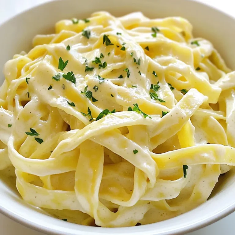 To make the best creamy fettuccine Alfredo, you need fresh and simple ingredients. Here’s what you will need: - 12 oz fettuccine pasta - 1 cup heavy cream - 1 cup freshly grated Parmesan cheese - 4 tablespoons unsalted butter - 2 cloves garlic, minced - 1/2 teaspoon ground nutmeg - Salt and freshly ground black pepper, to taste - Fresh parsley, chopped (for garnish) Each ingredient plays a key role. The fettuccine pasta gives a nice base. Heavy cream brings a rich texture. Parmesan cheese adds a salty flavor. Butter helps to create a silky sauce. Garlic gives it a lovely aroma. Nutmeg adds a unique warmth. Salt and pepper enhance all the flavors. Finally, fresh parsley brightens up the dish. Choosing quality ingredients makes a big difference. Freshly grated Parmesan melts better than pre-grated cheese. Use unsalted butter for better control over seasoning. Always opt for heavy cream to achieve that creamy texture. Enjoy cooking, and let your taste buds guide you! 1. Boil salted water: Fill a large pot with water. Add a generous amount of salt. Bring this to a rolling boil. The salt adds flavor to the pasta. 2. Cook to al dente: Add the fettuccine to the boiling water. Cook it according to the package instructions. Aim for al dente texture, which means it should be firm but not hard. 3. Reserve pasta water: Before you drain the fettuccine, save about 1 cup of the starchy pasta water. This water helps adjust the sauce later. 1. Melt butter and sauté garlic: In a large skillet, melt 4 tablespoons of unsalted butter over medium heat. Once melted, add 2 cloves of minced garlic. Cook it for about 1-2 minutes. Stir often. You want the garlic fragrant but not brown. 2. Simmer cream and thicken: Pour in 1 cup of heavy cream. Bring this mixture to a gentle simmer. Stir continuously for 2-3 minutes. This helps the flavors mix and the cream to thicken. 1. Add Parmesan cheese: Gradually whisk in 1 cup of freshly grated Parmesan cheese. Keep stirring until the cheese melts. The sauce will become silky and creamy. 2. Adjust sauce consistency: If the sauce is too thick, slowly add the reserved pasta water. Do this a little at a time until you reach the right thickness. 1. Toss fettuccine with sauce: Gently add the cooked fettuccine into the creamy sauce. Toss it carefully so each piece gets coated well. 2. Ensure even coating and heating: Heat everything together for another minute. This warms the pasta and sauce. 1. Plate the Alfredo: Transfer the creamy fettuccine Alfredo onto serving plates. 2. Garnish with parsley: Sprinkle freshly chopped parsley on top. This adds a nice color and a fresh taste. To make your fettuccine Alfredo creamy, use heavy cream. This thick cream adds richness. It helps make the sauce smooth and velvety. Freshly grated cheese is also key. Pre-grated cheese can clump and lacks flavor. Grating cheese at home will give you the best results. You can spice up the dish with a few simple additions. Try adding a pinch of red pepper flakes for heat. A touch of garlic powder adds extra depth. You can also mix in fresh herbs. Basil or thyme can brighten the dish. Don't be shy to experiment with flavors you enjoy. Timing is crucial when cooking pasta. Cook it al dente so it stays firm. If you overcook it, the pasta will turn mushy. Always remember to reserve some pasta water. This starchy water helps fix the sauce later. It can adjust the thickness of your sauce perfectly. {{image_4}} You can make fettuccine Alfredo your own by adding extra flavors. For protein, try: - Chicken - Shrimp - Pancetta These options bring a nice depth to the dish. If you prefer veggies, consider: - Spinach - Mushrooms - Peas These greens add color and nutrition. Each add-in changes the dish, making it unique. If you want a lighter dish, you can use milk instead of heavy cream. This version still tastes good but has fewer calories. For a vegan option, try using cashew cream. Blend soaked cashews with water for a creamy base. It will keep your dish rich without dairy. Different regions in Italy have their own twist on fettuccine Alfredo. You can switch up the cheese, too. Try using: - Pecorino Romano - Grana Padano These cheeses can change the taste completely. Also, each area has unique flavor profiles. Some regions may add lemon zest, while others might use herbs like sage. Explore these variations to find your favorite! To store leftovers, place them in an airtight container. This keeps the pasta fresh. Allow the dish to cool before sealing. You can store leftovers in the fridge for up to three days. For best taste, eat them within this time. To freeze fettuccine Alfredo, use a freezer-safe container. Make sure to leave some space for expansion. It's best to freeze it in single servings. This way, you can thaw just what you need. For reheating, thaw overnight in the fridge. To keep the texture smooth, reheat gently on low heat. Add a splash of milk or cream to restore creaminess. Stir well as it heats to avoid lumps. Enjoy your Alfredo just like freshly made! Fettuccine Alfredo is a simple yet rich dish. You learned about the key ingredients, like heavy cream and Parmesan cheese. I outlined steps to make the sauce creamy and delicious. Remember the tips for perfecting flavors and textures. Get creative with variations to suit your taste. Whether you add protein or vegetables, this dish adapts well. Store leftovers carefully to enjoy later. Fettuccine Alfredo can be both a quick meal and a special treat. Embrace the joy of cooking this comforting classic!