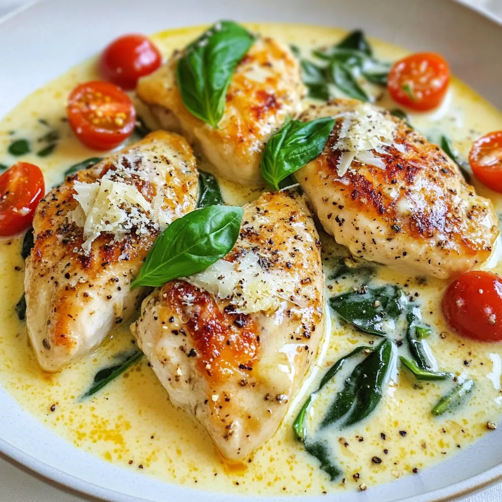 - 4 boneless, skinless chicken breasts - 2 tablespoons extra virgin olive oil - 4 cloves garlic, finely minced - 1 cup cherry tomatoes, halved - 1 cup fresh baby spinach - 1 cup heavy cream - 1 teaspoon Italian seasoning blend - Salt and freshly cracked black pepper, to taste The main ingredients for Creamy Garlic Tuscan Chicken focus on simple yet bold flavors. Chicken breasts serve as a protein base. Garlic adds a lovely punch. Extra virgin olive oil helps in cooking, bringing out the flavors. Fresh tomatoes and spinach provide freshness and color. Heavy cream binds everything together, creating a rich sauce that embraces the chicken. - ½ teaspoon red pepper flakes (optional for a spicy kick) - Fresh basil leaves, for garnish - Freshly grated Parmesan cheese, for serving Optional ingredients can elevate the dish. Red pepper flakes add heat if you like spice. Fresh basil leaves bring a fragrant touch, enhancing the dish’s aroma. Grated Parmesan cheese adds a creamy finish, making each bite even more indulgent. These extras allow you to personalize your meal, catering to your taste. {{ingredient_image_2}} First, get your chicken breasts ready. I like to season both sides well. Use salt, pepper, and Italian seasoning. Spread the seasoning evenly. This helps the chicken taste great all over. If you miss spots, the flavor won’t be as strong. Next, heat 2 tablespoons of extra virgin olive oil in a large skillet. Use medium-high heat. Once hot, add the chicken breasts. Sear them for about 6-7 minutes on each side. Look for a nice golden brown color. This step locks in the juice. When done, take the chicken out and set it aside on a plate. Now, let’s sauté the garlic and tomatoes. Keep the heat on medium. Add 4 minced garlic cloves to the same skillet. Sauté for about 30 seconds. It should smell amazing! Then, toss in 1 cup of halved cherry tomatoes. Cook them for about 3-4 minutes. You want them soft and juicy. Now, it’s time to make the cream sauce. Slowly pour in 1 cup of heavy cream while stirring. This keeps it smooth. Let it simmer for a few minutes. You want the sauce to thicken a bit. If you like heat, add in ½ teaspoon of red pepper flakes now. Next, add 1 cup of fresh baby spinach. Stir gently until it wilts down. This takes about 2 minutes. The green adds color and nutrition. Finally, return the chicken to the skillet. Nestle the chicken in the creamy sauce. Spoon some sauce over it. Let everything simmer for another 2-3 minutes. This is where the flavors mix and create magic! - Ensuring chicken is fully cooked: Always check that the internal temperature of the chicken reaches 165°F (75°C). This keeps your dish safe and ensures juicy chicken. Use a meat thermometer for best results. - How to prevent burning garlic: Garlic burns quickly, so keep a close eye on it. Sauté garlic on medium heat for just 30 seconds. Once you notice its strong aroma, add your tomatoes right away. This keeps the garlic golden and flavorful instead of bitter. - Best practices for sauce consistency: To thicken your sauce, let it simmer for a few minutes after adding the cream. Stir often to avoid lumps. If you want it thicker, add a bit more cream or let it cook longer. - Adjusting flavors to taste: Taste your sauce as you cook. If it needs more flavor, add salt, pepper, or even a dash of lemon juice. A little red pepper can give a nice kick. Always adjust to your liking! Pro Tips Perfectly Seasoned Chicken: Ensure your chicken is well-seasoned on both sides before cooking to enhance flavor and tenderness. Don’t Rush the Searing: Allow the chicken to develop a nice golden crust by not moving it around in the skillet too much while searing. Thicken Your Sauce: For a creamier sauce, let the mixture simmer a bit longer after adding the heavy cream until it reaches your desired thickness. Fresh Ingredients Matter: Use fresh basil and quality Parmesan cheese to elevate the dish's taste and presentation significantly. {{image_4}} You can swap heavy cream for alternatives. Try using Greek yogurt or coconut milk. Both options add creaminess without the extra fat. Adding different veggies can make this dish exciting. Consider bell peppers, mushrooms, or zucchini. They bring fresh flavors and colors to the plate. Herbs and spices can elevate this dish. Fresh thyme, parsley, or rosemary can offer new tastes. You can also add a squeeze of lemon for brightness. Experimenting with cheese types can create unique flavors. Try using feta, gouda, or even a sharp cheddar. Each type will change the dish's profile in a fun way. To store leftovers, use airtight containers. Glass or plastic containers work well. Make sure the chicken cools down before sealing. This helps keep it fresh. You can safely store it in the fridge for up to 3 days. To reheat the chicken, gently warm it in a skillet. Heat on low to keep it moist. Stir in a splash of cream if the sauce thickens too much. You can also use a microwave, but cover it to keep moisture in. Heat in short bursts, checking often. Enjoy your tasty leftovers! You can serve this dish with many tasty sides. Here are some great options: - Mashed Potatoes: Their creaminess pairs well with the sauce. - Garlic Bread: Perfect for soaking up all that delicious cream sauce. - Steamed Vegetables: Broccoli or green beans add color and balance. - Pasta: A side of pasta can help stretch the meal further. - Rice: Fluffy rice absorbs the sauce nicely. Each side adds a new flavor and texture. Choose what you enjoy most! Yes, you can prepare this dish ahead of time. Here are some tips for meal prep: - Cook the Chicken: You can sear the chicken early in the day. Just store it in the fridge. - Make the Sauce: Prepare the creamy sauce and store it separately. Keep it covered. - Combine Later: When ready to eat, reheat the chicken and sauce together. This keeps the flavors fresh. Reheating is quick and easy. Just use medium heat in a skillet until it's hot. Yes, you can freeze this dish. Follow these guidelines: - Freeze Separately: Store the chicken and sauce in separate containers. - Use Airtight Containers: This helps prevent freezer burn. - Thawing: To thaw, place in the fridge overnight. Once thawed, reheat gently in a skillet. This keeps the chicken juicy and the sauce creamy. Enjoy your meal! This recipe for Creamy Garlic Tuscan Chicken showcases the key ingredients, steps, and tips. You learned how to prepare and cook chicken perfectly with a rich cream sauce. Remember to adjust flavors to your liking and try different herbs. Store leftovers properly for later enjoyment. This dish is easy to make and packed with flavor, making it a great choice for any meal. Enjoy exploring variations that fit your taste, and happy cooking!
