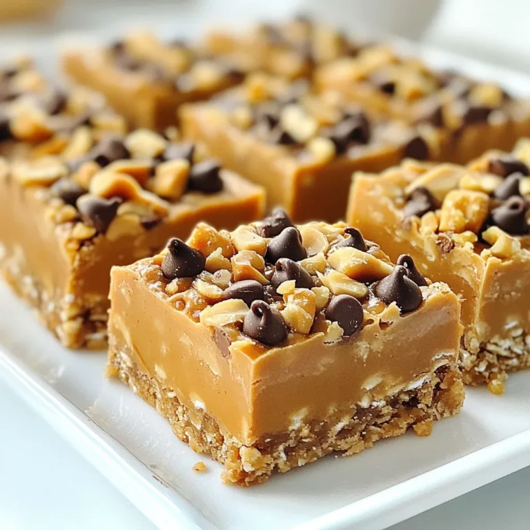 - 1 cup creamy peanut butter - 1/2 cup honey or maple syrup - 2 cups rolled oats - 1/2 cup almond flour - 1/2 cup dark chocolate chips - 1/4 teaspoon salt - 1 teaspoon vanilla extract - Optional: 1/4 cup chopped nuts To make these tasty bars, you need simple ingredients. Creamy peanut butter gives them their rich flavor. Honey or maple syrup adds sweetness. Use rolled oats for a chewy texture and almond flour for a nutty base. Dark chocolate chips offer a sweet finish, while salt balances all the flavors. Vanilla extract enhances the taste. If you want a crunch, add chopped nuts like almonds or walnuts. These ingredients are easy to find. Most stores carry them. You can even swap honey for maple syrup based on your taste. The bars are quick to make. With just a few steps, you'll have a delicious treat ready to chill. {{ingredient_image_2}} 1. Start by melting the creamy peanut butter and honey together. 2. Use a medium saucepan on low heat. 3. Stir continuously until the mixture is smooth and creamy. 4. Remove from heat and add the vanilla extract and salt. 5. Mix well to blend all the flavors together. 1. In a large bowl, combine the rolled oats and almond flour. 2. Stir them together until they are well mixed. 3. Make sure there are no clumps in the dry mix. 1. Pour the warm peanut butter mixture over the dry ingredients. 2. Mix thoroughly until everything is well coated. 3. If you want, fold in the dark chocolate chips and chopped nuts. 4. Prepare an 8x8 inch baking dish by lining it with parchment paper. 5. Leave some paper hanging over the edges for easy removal later. 6. Transfer the mixture into the dish. 7. Use a spatula or your hands to press it down firmly. 8. Make sure it is evenly spread and compacted. 9. Place the dish in the refrigerator for at least 1 hour to set. 10. Once firm, lift the bars out using the parchment edges. 11. Cut them into squares or rectangles. 12. Store leftovers in an airtight container in the fridge. - Overheating the peanut butter mixture: Heat the peanut butter and honey gently. If it gets too hot, the bars might not set well. - Not pressing the mixture firmly: Use your hands or a spatula to press down hard. This step is key for a sturdy bar. - Tips for compacting the bars: After mixing, pack the mixture tightly in the baking dish. This ensures every bite holds together. - Suggestions for variations: You can swap almond flour for oats or use different nut butters. Play around for new tastes! - Drizzling melted chocolate: Melt some dark chocolate and drizzle it over the bars before they set. This adds a sweet touch. - Adding toppings before setting: Sprinkle chopped nuts or coconut flakes on top. This not only looks great but adds crunch too. Pro Tips Use Natural Ingredients: Opt for organic peanut butter and pure maple syrup to enhance the flavor and health benefits of your bars. Chill Thoroughly: Make sure to refrigerate the bars for a full hour to ensure they set properly and maintain their shape when cut. Customize Your Mix-ins: Feel free to add other ingredients like dried fruits, seeds, or coconut flakes for added flavor and texture. Perfect Storage: Store the bars in an airtight container in the fridge to maintain freshness and prevent them from becoming too soft. {{image_4}} You can switch up flavors by using different nut butters. Almond butter or cashew butter works great. Each choice gives a new taste. You can also try sweeteners like agave or coconut sugar. They add unique sweetness to your bars. For extra crunch, consider adding more nuts or seeds. Chopped almonds, walnuts, or pumpkin seeds are all good options. You can also mix in dried fruits. Raisins or cranberries give a sweet and chewy texture. If you need gluten-free bars, use certified gluten-free oats. This keeps your recipe safe for a gluten-free diet. For vegan options, substitute honey with maple syrup. Both choices keep your bars delicious while meeting dietary needs. To keep your bars fresh, use an airtight container. This prevents moisture and keeps them tasty. Line the container with parchment paper for easy removal. Place the bars in a single layer if you can. If not, separate layers with parchment to avoid sticking. These bars last about one week in the refrigerator. You will know they are spoiled if they smell off or have a change in texture. Always check for any mold or odd colors before eating. To freeze leftover bars, wrap them tightly in plastic wrap, then place them in a freezer bag. This keeps out air and prevents freezer burn. For thawing, move the bars to the fridge overnight. You can serve them cold or let them sit at room temperature for a bit. Yes, you can make these bars ahead of time. They store well in the fridge. I often prepare them the night before a gathering. Just keep them in an airtight container. They taste great after chilling for a few hours. If you need a substitute for almond flour, try oat flour or coconut flour. Both work well in this recipe. Just keep in mind that the texture might change slightly. Oat flour gives a nice flavor and is easy to make at home. Yes, these bars are gluten-free if you use gluten-free oats. Be sure to check the label on your oats. Most rolled oats are gluten-free, but some can be processed in facilities with gluten. Always look for certified gluten-free oats to be safe. The bars are set when they feel firm to the touch. After one hour in the fridge, they should hold their shape. If they still feel soft, give them a bit more time. You can also stick a toothpick in the center; if it comes out clean, they are ready. Yes, you can make these bars nut-free. Use sun butter or soy nut butter instead of peanut butter. These alternatives provide a similar texture and flavor. Just ensure that your chocolate chips are also nut-free if you add them. No-Bake Peanut Butter Bars are simple and fun to make. We’ve covered essential ingredients like creamy peanut butter, rolled oats, and dark chocolate chips. You learned step-by-step instructions, tips to avoid mistakes, and how to store your bars for freshness. Enjoy experimenting with variations to suit your taste. Remember, these bars are a healthy treat that can fit into many diets. Try them today, and you’ll enjoy a delicious snack that’s easy to make and share!