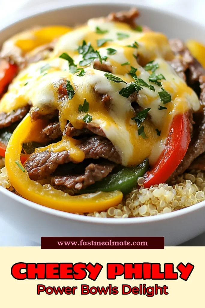 Indulge in these delicious Philly Cheesesteak Power Bowls that combine the classic flavors of cheesesteaks with quinoa for a healthy twist. This easy beef and pepper recipe is perfect for a quick, one-pan cheesesteak dinner that’s both nutritious and satisfying. Enjoy a flavorful meal that will leave you craving more. Save this healthy cheesesteak recipe for your next dinner! #PhillyCheesesteakBowls #QuinoaPowerBowls #HealthyEating #EasyDinnerIdeas
