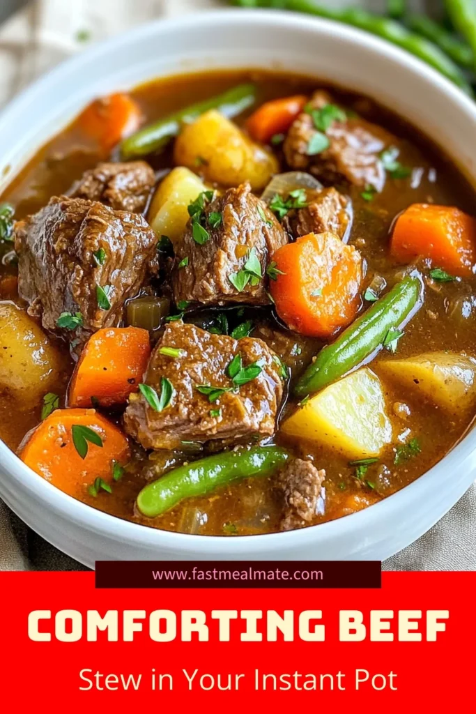 Discover the ultimate comfort food with this easy beef stew Instant Pot recipe! Packed with tender beef, vibrant vegetables, and rich flavors, this hearty beef stew recipe is perfect for any occasion. In just over an hour, you can indulge in a comforting bowl of pressure cooker beef stew that your family will love. Don't forget to save this Instant Pot beef stew recipe for your next meal! #InstantPotRecipes #BeefStew #ComfortFood #PressureCooking