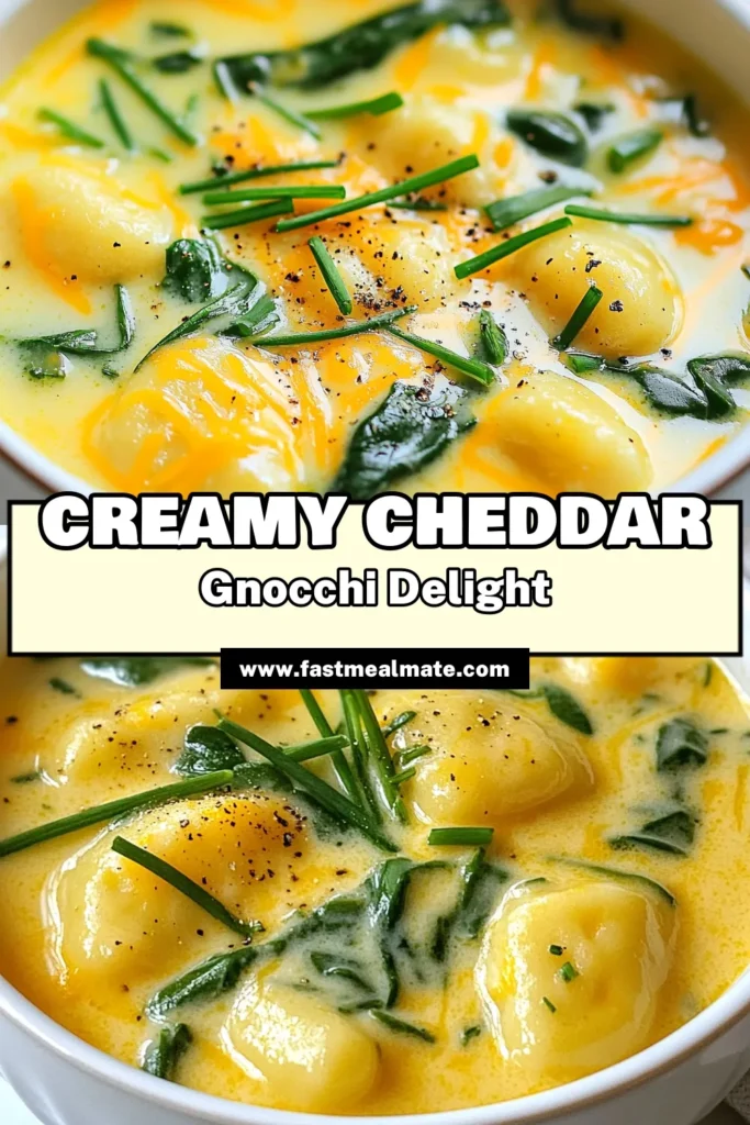 Warm up with this delicious Creamy Cheddar Gnocchi Soup, a perfect blend of flavors and textures that’s sure to satisfy. This potato gnocchi soup recipe is simple to make, featuring rich cheddar cheese and fresh spinach. It's one of those easy creamy soup recipes that vegetarian lovers will adore. Ready in just 20 minutes, it’s ideal for a cozy dinner! Save this recipe for the ultimate comfort food experience. #GnocchiSoup #EasyRecipes #VegetarianSoup #CheddarCheese