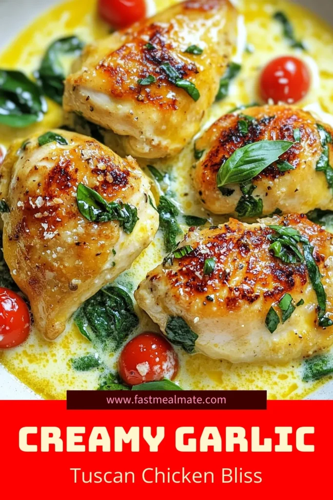 Indulge in this easy and delicious Tuscan chicken recipe featuring creamy garlic chicken that will impress your family and friends. This Italian chicken dish combines succulent chicken breasts with vibrant cherry tomatoes, fresh spinach, and a lusciously creamy sauce, all cooked in just one pan. Perfect for a quick weeknight dinner! Try it today and elevate your meal prep. Save this one-pan chicken recipe for a taste of Italy at home! #TuscanChicken #CreamyGarlicChicken #EasyChickenDinner #ItalianCuisine