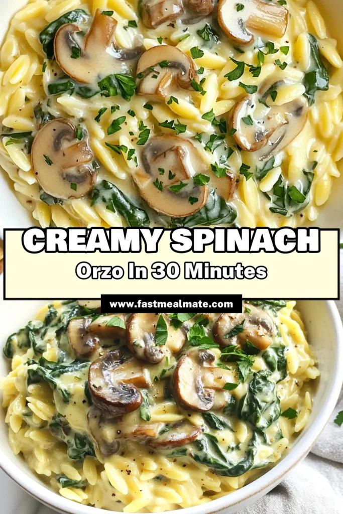 Discover the luscious flavors of creamy spinach mushroom orzo in this easy creamy pasta dish that's perfect for any occasion. This vegetarian orzo recipe combines orzo pasta with mushrooms and fresh spinach, creating a healthy mushroom spinach recipe that the whole family will love. Ready in just 30 minutes, it’s the ideal comfort food. Save this creamy spinach mushroom orzo recipe for your next meal! #PastaRecipes #HealthyEating #VegetarianRecipes #Foodie