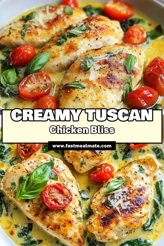 Indulge in this creamy Tuscan chicken recipe that combines succulent chicken with garlic and heavy cream for a delightful meal. Perfect for a cozy dinner, this easy Tuscan chicken dinner features tender chicken with Parmesan garlic chicken flavor. Serve it over pasta for a satisfying garlic chicken pasta experience. Don't miss out on this delicious dish—pin it now and impress your family! #TuscanChicken #GarlicChicken #CreamyChicken #EasyDinner
