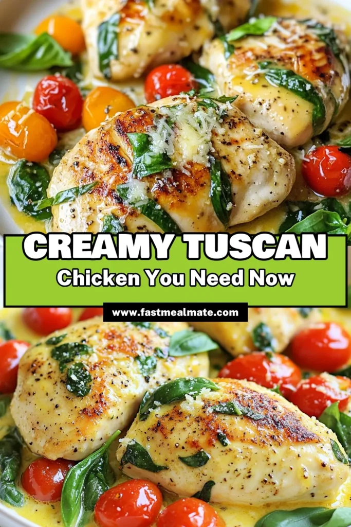 Dive into this creamy Tuscan chicken recipe that perfectly blends garlic chicken with cream, fresh spinach, and juicy tomatoes for an Italian creamy chicken dinner you'll love. This Parmesan garlic chicken is not only delicious but also quick to make, ready in just 30 minutes! Perfect for any occasion, it pairs wonderfully with garlic bread or pasta. Save this recipe now! #CreamyTuscanChicken #GarlicChicken #ItalianDinner #EasyRecipes